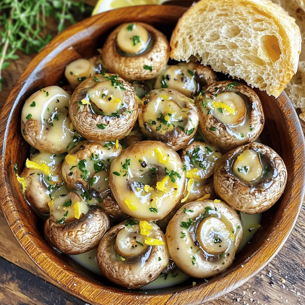 - 500g button mushrooms - 4 tablespoons unsalted butter - 3 cloves garlic - 1 tablespoon fresh thyme leaves - 1 tablespoon fresh parsley - 1 teaspoon oregano - Salt and black pepper - Zest of 1 lemon - 2 tablespoons fresh lemon juice Gather these ingredients to create a dish that shines with rich flavors. The button mushrooms give a great texture. The unsalted butter adds a creamy base. Fresh garlic brings a punch that wakes up the dish. The fresh herbs, like thyme and parsley, provide a bright touch. They make the mushrooms feel fresh and lively. Oregano adds depth, while salt and black pepper enhance all the flavors. Lemon zest and juice elevate the dish even more. They add a zesty brightness that cuts through the richness. This balance makes garlic butter herb mushrooms a must-try side. With these simple ingredients, you can create a dish that impresses. They are easy to find, making this recipe accessible for all cooks. Enjoy exploring these flavors as you prepare them! - Cleaning and trimming the mushrooms Start by rinsing the mushrooms under cold water. Use your hands to gently scrub off dirt. Pat them dry with a clean towel. Cut off the tough stems at the base. Make sure each mushroom is ready for cooking. - Minced garlic preparation Take three fresh garlic cloves. Use a sharp knife to peel them. Chop each clove into tiny pieces. This will help release the garlic's strong flavor when cooked. Set the minced garlic aside for later. - Melting the butter Grab a large skillet and place it on the stove. Add four tablespoons of unsalted butter. Turn the heat to medium. Watch as the butter melts and begins to foam. This means it’s ready for the next step. - Sautéing garlic Add the minced garlic to the melted butter. Stir it gently for one to two minutes. You want the garlic to smell fragrant but not brown. This step adds depth to the dish. - Browning the mushrooms Increase the heat to medium-high. Add the cleaned mushrooms in a single layer. Allow them to cook for five to seven minutes. Turn them occasionally so they brown evenly. They should become tender and slightly crispy. - Adding herbs and seasoning Sprinkle one tablespoon each of fresh thyme and parsley over the mushrooms. Add one teaspoon of oregano, salt, and black pepper to taste. Stir everything well to combine. Cook for another two minutes to let the flavors blend. - Incorporating lemon zest and juice Remove the skillet from the heat. Grate the zest of one lemon over the mushrooms. Then squeeze in two tablespoons of fresh lemon juice. Mix everything gently to combine. This adds a bright note to the dish. - Adjusting seasoning to taste Taste your mushrooms. Adjust the seasoning if needed. You can add more salt, pepper, or lemon juice based on your preference. This final step ensures the dish is just right for you. Avoiding overcooked mushrooms: To keep mushrooms firm, cook them on medium-high heat. Stir them often to brown evenly. Cook for only 5 to 7 minutes. If they are soggy, you cooked them too long. Achieving the right garlic flavor: To get the best garlic taste, sauté it until it's fragrant. This takes about 1 to 2 minutes. If you let it brown, it may taste bitter. You want a sweet, savory flavor. Serving suggestions: Serve mushrooms in a rustic wooden bowl. This adds warmth to your table. Garnish with extra fresh herbs for a pop of color. Pair them with crusty bread for dipping. Enhancing visual appeal: Use a variety of herbs for color. Fresh thyme and parsley look great on top. Drizzle with a bit of lemon juice just before serving for shine. A few lemon slices on the side can also brighten the dish. Pairing with beverages: These mushrooms pair well with white wine, like Chardonnay. The wine's acidity complements the garlic and butter. For a non-alcoholic option, try sparkling water with lemon. Adding sides for a complete meal: Serve these mushrooms with grilled chicken or steak. They also go well with a fresh salad. You can add rice or pasta to make it filling. This creates a balanced meal that everyone will love. {{image_2}} You can switch up the type of mushrooms you use. Cremini mushrooms add a richer taste. They are similar to button mushrooms but have a deeper flavor. Portobello mushrooms give a meaty texture. They work well if you want a hearty side dish. Mixing different types of mushrooms can also enhance the dish. Combining button and shiitake mushrooms creates a fun flavor blend. Each type brings its own unique taste and texture. If you don’t have fresh thyme or parsley, you can use other herbs. Basil and dill can be great alternatives. They each bring a fresh twist to the dish. Dried herbs are also an option. Use one-third of the amount since they are more potent. Dried thyme or oregano can still give you that flavorful punch. Want to add some extra flavor? You can mix in cheese. Grated Parmesan adds a salty, nutty taste that pairs well with mushrooms. You can also experiment with different citrus flavors. Try lime or orange zest for a fresh twist. This adds brightness and makes the dish more exciting. To keep your garlic butter herb mushrooms fresh, use a tight container. Glass or plastic containers work well. Make sure the mushrooms cool down before sealing them. This step helps prevent moisture build-up, which can make them soggy. Store your mushrooms in the fridge for up to three days. If you want to keep them longer, consider freezing. However, frozen mushrooms may lose some texture. The best way to reheat garlic butter herb mushrooms is on the stove. Use medium heat in a skillet. This method helps keep the mushrooms tender. Stir them gently to avoid burning. You can also reheat them in the microwave. Use a microwave-safe dish and cover it loosely. This helps keep moisture in. However, be careful not to overcook them, as this can make them rubbery. To clean mushrooms, use a damp cloth or paper towel. Gently wipe each mushroom to remove dirt. Avoid soaking them in water, as mushrooms can absorb it. This will keep them fresh and maintain their texture. If you rinse them, dry them well before cooking. For best results, clean them just before use. Yes, you can prepare garlic butter herb mushrooms in advance. Cook them as usual, then let them cool. Store them in an airtight container in the fridge. They will stay fresh for up to three days. When ready to serve, reheat them in a skillet over low heat. This keeps the mushrooms tender and full of flavor. Garlic butter herb mushrooms pair well with many dishes. Here are some great options: - Grilled steak - Roasted chicken - Pasta dishes - Crusty bread - Rice or quinoa These sides complement the flavors of the mushrooms and create a balanced meal. Garlic butter herb mushrooms are not vegan due to the butter. To make them vegan, use plant-based butter or olive oil instead. You can also add nutritional yeast for a cheesy flavor. Keep the garlic and herbs the same; they add great taste. These simple swaps keep the dish delicious and suitable for vegans. This blog post covered how to make delicious garlic butter herb mushrooms. We explored the main ingredients like mushrooms, garlic, and butter, along with fresh herbs and seasonings that create rich flavors. I provided step-by-step instructions to prepare and cook them perfectly, plus tips for great presentation and serving ideas. You can even customize the recipe with different mushrooms and herbs. Remember, these mushrooms can enhance any meal. Try them and enjoy the taste. Happy cooking!