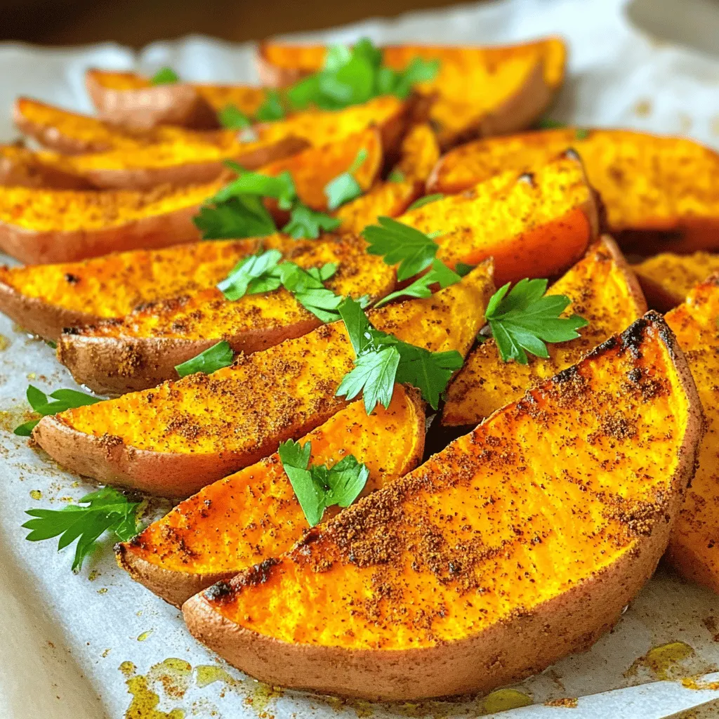 - 4 medium sweet potatoes, cut into wedges - 3 tablespoons olive oil - 1 teaspoon smoked paprika - 1 teaspoon garlic powder - 1 teaspoon cumin - ½ teaspoon cayenne pepper (adjust for spice level) - Salt and pepper to taste - Fresh parsley, chopped (for garnish) How do you measure ingredients accurately? Use measuring cups and spoons for precision. Level off dry ingredients with a knife. Liquid ingredients can be measured in clear cups for easy reading. If you need substitutions, consider these options: - Use avocado oil instead of olive oil for a different taste. - If you are allergic to cayenne, use black pepper or paprika. What is the caloric breakdown? One serving of roasted sweet potato wedges has about 150 calories. Sweet potatoes are rich in vitamins A and C. They also provide fiber, which is great for digestion. What are the health benefits of sweet potatoes? They help boost your immune system. Sweet potatoes can improve eye health due to their beta-carotene. They also have antioxidants, which protect your body from damage. 1. Preheat your oven to 425°F (220°C). This high heat helps the wedges get crispy. 2. Line a baking sheet with parchment paper. This keeps the wedges from sticking. 3. In a large bowl, mix together 3 tablespoons of olive oil, 1 teaspoon of smoked paprika, 1 teaspoon of garlic powder, 1 teaspoon of cumin, ½ teaspoon of cayenne pepper, and some salt and pepper. Stir well to make a spice paste. 4. Cut 4 medium sweet potatoes into wedges. Add them to the bowl with the spice paste. 5. Toss the sweet potatoes gently. Make sure they are coated evenly so every bite has flavor. 6. Spread the wedges out in a single layer on the prepared baking sheet. Keep space between them. This helps them roast instead of steam. 7. Roast the sweet potato wedges in the oven for 25-30 minutes. Flip them halfway through to ensure they cook evenly. 8. Check for doneness by looking for a golden brown color. The edges should be crispy. If they're not quite there, give them a few more minutes. Enjoy your crunchy and flavorful snack right from the oven! To get crispy sweet potato wedges, start with dry potatoes. Pat them with a towel before cutting. Next, cut the sweet potatoes into even wedges. This helps them cook evenly. Use a good amount of olive oil, about three tablespoons for four potatoes. The oil makes them crispy. Spread the wedges in a single layer on the baking sheet. If they touch, they will steam instead of roast. For extra flavor, try adding spices like cinnamon or chili powder. You can also sprinkle a little bit of brown sugar for sweetness. Balance flavors by using salt with your spices. This will bring out the taste of the sweet potatoes. Fresh herbs like rosemary or thyme can also add a nice touch. One common mistake is overcrowding the baking sheet. If the wedges are too close, they will not get crispy. Always leave space between them. Another mistake is not letting the sweet potatoes rest after roasting. Allow them to cool for a few minutes before serving. This helps the wedges become crispier and allows the flavors to settle. {{image_2}} You can change the taste of roasted sweet potato wedges easily. For sweet options, add a pinch of cinnamon or drizzle some maple syrup. These flavors make the wedges taste like dessert. If you want a savory twist, use fresh herbs like rosemary or thyme. These herbs add a nice touch of earthiness. Pair your wedges with tasty dips. Garlic aioli or yogurt dressing works great. They add creaminess and flavor that complements the sweet potatoes. You can also chop the wedges and mix them into salads or grain bowls. This adds texture and flavor to your meals. Roasted sweet potato wedges fit many diets. They are naturally vegan and gluten-free, so everyone can enjoy them. For low-carb options, try using less sweet potato and mix in more veggies like zucchini. This keeps the crispiness while cutting carbs. To store your roasted sweet potato wedges, let them cool first. Place them in an airtight container. This keeps them fresh and tasty. You can store them in the fridge for about 3 to 5 days. If you want to keep them longer, freezing is a great option. To reheat your sweet potato wedges, use the oven for the best results. Preheat the oven to 400°F (200°C). Spread the wedges on a baking sheet and heat for about 10-15 minutes. This method keeps them crispy. If you use a microwave, place the wedges on a plate. Heat them for about 1-2 minutes. They won’t be as crispy, but it’s quick. To freeze your roasted sweet potato wedges, let them cool completely. Lay them on a baking sheet in a single layer first. Freeze for 1-2 hours until firm. Then, transfer them to a freezer bag. Squeeze out extra air before sealing. For thawing, place them in the fridge overnight. Reheat in the oven for the best crunch. To make your roasted sweet potato wedges crispy, follow these tips: - Cut sweet potatoes into even wedges. - Use a high oven temperature (425°F). - Toss wedges with olive oil and spices well. - Spread them in a single layer on the baking sheet. - Avoid overcrowding the pan to allow airflow. - Flip the wedges halfway through cooking for even crisping. Yes, you can use other potatoes like Yukon Gold or red potatoes. They cook well and have good flavor. However, sweet potatoes offer a unique sweetness and texture. Keep in mind that cooking times may vary slightly based on the type of potato you choose. Healthy dips enhance the flavor of sweet potato wedges. Consider these options: - Greek yogurt with garlic and herbs. - Hummus made with tahini and lemon. - A simple avocado dip with lime and salt. - Salsa for a fresh and tangy touch. These dips add flavor without too many calories. To serve more people, simply double or triple the recipe. Use more sweet potatoes and adjust the oil and spices accordingly. Remember to roast them in batches if your baking sheet gets crowded. This keeps them crispy and delicious. Roasted sweet potato wedges pair well with many dishes. Here are a few ideas: - Grilled chicken or fish for a balanced meal. - Salads for added crunch and flavor. - Burgers, as a tasty side. - Use them in a grain bowl with quinoa or rice. These options complement the sweetness of the wedges nicely. Roasting sweet potato wedges is simple and rewarding. We covered essential ingredients, step-by-step instructions, useful tips, flavor variations, and storage ideas. Sweet potatoes offer numerous health benefits and can fit various diets. Pay attention to measurements and spacing for perfect results. Remember, don’t overcrowd your baking sheet. Enjoy experimenting with flavors and serving options to find your favorite. You can craft delicious, healthy snacks or sides every time. Happy roasting!