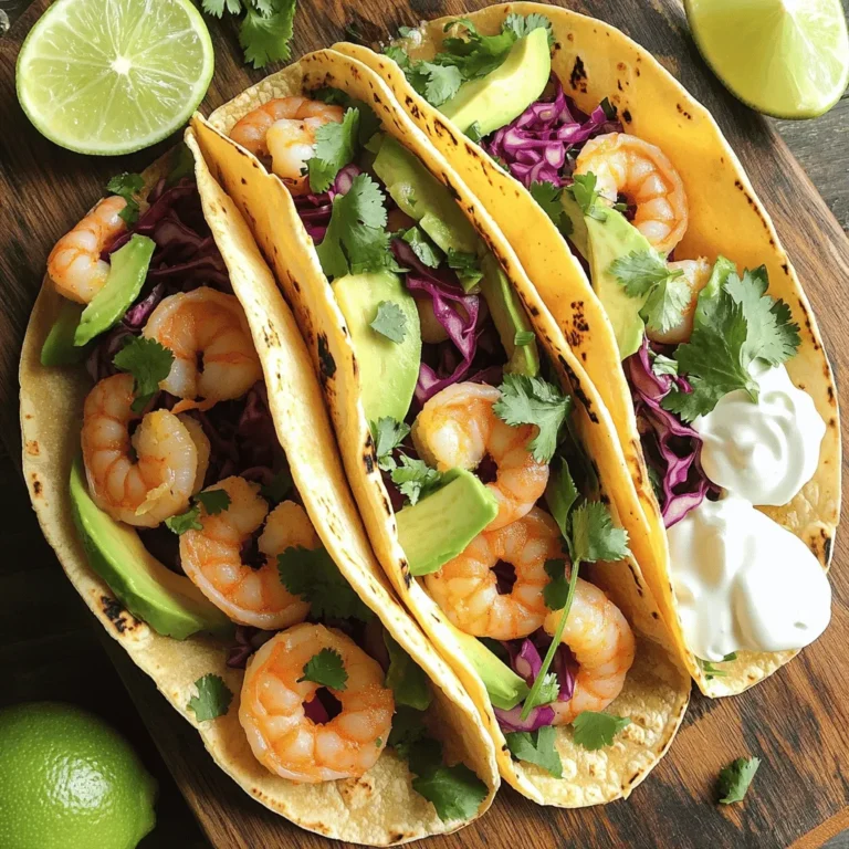 To make these tasty cilantro lime shrimp tacos, you need: - 1 lb shrimp, peeled and deveined - 2 tablespoons olive oil - 3 tablespoons fresh lime juice - Zest of 1 lime - 2 cloves garlic, minced - 1 teaspoon ground cumin - 1 teaspoon paprika - Salt and pepper to taste - ½ cup fresh cilantro, chopped - 8 corn or flour tortillas - 1 avocado, sliced - 1 cup red cabbage, shredded - ½ cup sour cream (or Greek yogurt) - Lime wedges for serving Each taco offers a balance of protein, fat, and carbs. Shrimp is low in fat but high in protein. Avocado adds healthy fats, while cabbage gives you fiber and vitamins. With sour cream, you get some calcium. Each serving can provide around: - Calories: 300 - Protein: 20g - Carbohydrates: 30g - Fat: 10g This dish is both filling and nutritious. For the best flavor, choose fresh ingredients. Look for shrimp that smells clean and ocean-like. Fresh limes should feel heavy and firm. Pick bright green cilantro with no wilting. Fresh avocado should yield slightly to pressure. Use crisp red cabbage for crunch. These fresh picks will make your tacos shine. To start, gather your shrimp. I like to use fresh shrimp, but you can use frozen too. In a large bowl, mix together the olive oil, lime juice, lime zest, minced garlic, cumin, paprika, salt, and pepper. Whisk it well to blend all the flavors. Then, add the shrimp to this mix. Toss the shrimp gently until they are fully coated. Let them sit for 15 to 30 minutes. This helps the shrimp soak up the zesty flavors. Next, heat a skillet over medium-high heat. Once the skillet is hot, add the marinated shrimp. You’ll want to sauté them for about 2 to 3 minutes on each side. Look for that perfect pink color. The shrimp should also be opaque. Be careful not to overcook them, or they can become tough. It’s all about that perfect timing! Now, it’s taco time! Warm the tortillas in a separate skillet or microwave. This makes them soft and easy to fold. Place a few sautéed shrimp on each tortilla. Top them with sliced avocado and some shredded red cabbage for crunch. A drizzle of sour cream adds creaminess. Finish with a sprinkle of fresh cilantro. Serve with lime wedges for an extra burst of flavor. Enjoy every bite! To make a great marinade, mix olive oil, lime juice, and lime zest. Add minced garlic, ground cumin, and paprika. Season with salt and pepper. This mix gives the shrimp bold flavors. Toss the shrimp in the marinade and let it sit for 15-30 minutes. The longer you let it marinate, the more flavor it gains. Keep an eye on the time; too long can make shrimp tough. Heat a skillet over medium-high heat. Add the marinated shrimp once the skillet is hot. Cook the shrimp for about 2-3 minutes per side. Look for a pink and opaque color to know they are done. Avoid overcooking, as shrimp can become rubbery. If you follow this timing, you will have juicy shrimp that shine in your tacos. Warming tortillas helps them bend without breaking. You can warm them in a dry skillet over medium heat for about 30 seconds per side. Alternatively, use a microwave. Place them on a plate and cover with a damp paper towel. Heat for about 20-30 seconds. This keeps them soft and ready for your tasty shrimp filling. {{image_2}} You can easily spice up your cilantro lime shrimp tacos. Add chopped jalapeños or a dash of hot sauce. This will give your tacos a nice kick. You can mix the spice into the marinade. This adds heat to every bite. Just be sure to taste as you go. You want to keep the balance of flavors. A little heat can make the dish come alive. Another great twist is using an avocado cream sauce. To make this, blend ripe avocado with sour cream and lime juice. This sauce adds a smooth, creamy texture to your tacos. The flavor pairs well with the shrimp and adds richness. Drizzle it over the tacos just before serving. You will love the contrast of flavors and textures. If you want a vegetarian option, try using cauliflower or tofu. For cauliflower, roast it with spices until it's golden and tender. For tofu, press it to remove excess water. Then cube and sauté it until it’s crispy. Both options soak up the marinade well. You can use the same lime and cilantro flavors. This way, everyone can enjoy a delicious taco night. After enjoying your cilantro lime shrimp tacos, store any leftovers in an airtight container. Place them in the fridge. They will last for up to two days. Keep the shrimp and toppings separate from the tortillas. This helps avoid soggy tortillas. If you want to save shrimp tacos for later, freeze the shrimp separately. Place the cooked shrimp in a freezer-safe bag. Remove as much air as possible before sealing. You can freeze them for up to three months. Store tortillas in a separate bag. They can also freeze well. To reheat the shrimp, place them in a skillet over medium heat. Heat for about five minutes until warm. You can also use the microwave. For tortillas, warm them in a skillet for a minute on each side. This keeps them soft and tasty. Enjoy your tacos again! Yes, you can use frozen shrimp. Just make sure to thaw them first. Place the shrimp in cold water for about 15-20 minutes. This method helps keep the shrimp tender. Once thawed, peel and devein them if needed. Then, follow the recipe as usual. Thawed shrimp will still taste great with the marinade. You can use lettuce wraps if you want a low-carb option. They add a nice crunch. Another choice is whole wheat tortillas for a healthier twist. You can also try corn tortillas for a gluten-free option. Each substitute brings its own unique flavor and texture. Yes, you can make these tacos gluten-free. Use corn tortillas as a great substitute. They are naturally gluten-free and will hold the filling well. Check the labels for brands that confirm they are gluten-free. You can enjoy these tacos without worry! This blog post covers everything you need to make great shrimp tacos. We discussed the best ingredients, marinating and cooking shrimp, and tips for tasty tacos. Remember, you can try different flavors with variations like spicy cilantro lime or vegetarian options. Also, storing and reheating leftovers keeps your meals fresh. Enjoy making these shrimp tacos, whether you're a novice or a pro. You can create a delicious meal that everyone loves!