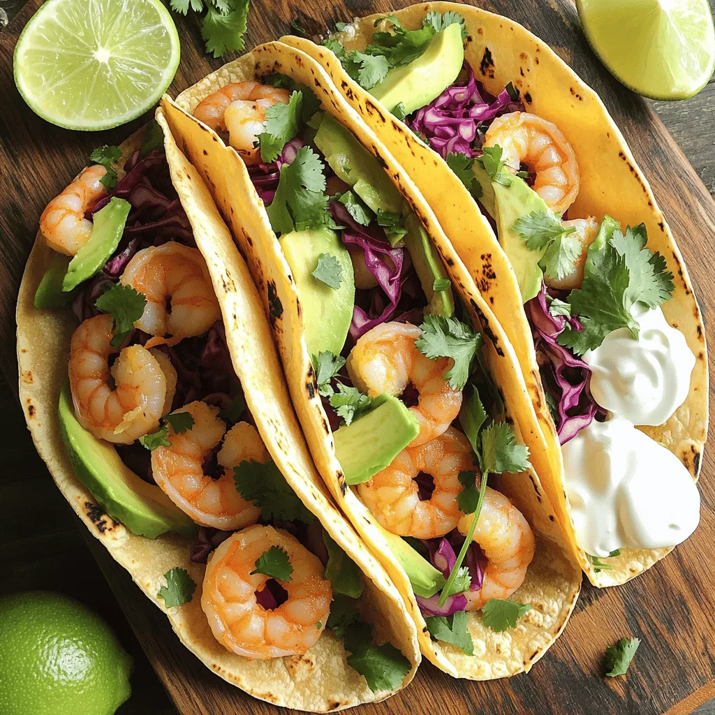 To make these tasty cilantro lime shrimp tacos, you need: - 1 lb shrimp, peeled and deveined - 2 tablespoons olive oil - 3 tablespoons fresh lime juice - Zest of 1 lime - 2 cloves garlic, minced - 1 teaspoon ground cumin - 1 teaspoon paprika - Salt and pepper to taste - ½ cup fresh cilantro, chopped - 8 corn or flour tortillas - 1 avocado, sliced - 1 cup red cabbage, shredded - ½ cup sour cream (or Greek yogurt) - Lime wedges for serving Each taco offers a balance of protein, fat, and carbs. Shrimp is low in fat but high in protein. Avocado adds healthy fats, while cabbage gives you fiber and vitamins. With sour cream, you get some calcium. Each serving can provide around: - Calories: 300 - Protein: 20g - Carbohydrates: 30g - Fat: 10g This dish is both filling and nutritious. For the best flavor, choose fresh ingredients. Look for shrimp that smells clean and ocean-like. Fresh limes should feel heavy and firm. Pick bright green cilantro with no wilting. Fresh avocado should yield slightly to pressure. Use crisp red cabbage for crunch. These fresh picks will make your tacos shine. To start, gather your shrimp. I like to use fresh shrimp, but you can use frozen too. In a large bowl, mix together the olive oil, lime juice, lime zest, minced garlic, cumin, paprika, salt, and pepper. Whisk it well to blend all the flavors. Then, add the shrimp to this mix. Toss the shrimp gently until they are fully coated. Let them sit for 15 to 30 minutes. This helps the shrimp soak up the zesty flavors. Next, heat a skillet over medium-high heat. Once the skillet is hot, add the marinated shrimp. You’ll want to sauté them for about 2 to 3 minutes on each side. Look for that perfect pink color. The shrimp should also be opaque. Be careful not to overcook them, or they can become tough. It’s all about that perfect timing! Now, it’s taco time! Warm the tortillas in a separate skillet or microwave. This makes them soft and easy to fold. Place a few sautéed shrimp on each tortilla. Top them with sliced avocado and some shredded red cabbage for crunch. A drizzle of sour cream adds creaminess. Finish with a sprinkle of fresh cilantro. Serve with lime wedges for an extra burst of flavor. Enjoy every bite! To make a great marinade, mix olive oil, lime juice, and lime zest. Add minced garlic, ground cumin, and paprika. Season with salt and pepper. This mix gives the shrimp bold flavors. Toss the shrimp in the marinade and let it sit for 15-30 minutes. The longer you let it marinate, the more flavor it gains. Keep an eye on the time; too long can make shrimp tough. Heat a skillet over medium-high heat. Add the marinated shrimp once the skillet is hot. Cook the shrimp for about 2-3 minutes per side. Look for a pink and opaque color to know they are done. Avoid overcooking, as shrimp can become rubbery. If you follow this timing, you will have juicy shrimp that shine in your tacos. Warming tortillas helps them bend without breaking. You can warm them in a dry skillet over medium heat for about 30 seconds per side. Alternatively, use a microwave. Place them on a plate and cover with a damp paper towel. Heat for about 20-30 seconds. This keeps them soft and ready for your tasty shrimp filling. {{image_2}} You can easily spice up your cilantro lime shrimp tacos. Add chopped jalapeños or a dash of hot sauce. This will give your tacos a nice kick. You can mix the spice into the marinade. This adds heat to every bite. Just be sure to taste as you go. You want to keep the balance of flavors. A little heat can make the dish come alive. Another great twist is using an avocado cream sauce. To make this, blend ripe avocado with sour cream and lime juice. This sauce adds a smooth, creamy texture to your tacos. The flavor pairs well with the shrimp and adds richness. Drizzle it over the tacos just before serving. You will love the contrast of flavors and textures. If you want a vegetarian option, try using cauliflower or tofu. For cauliflower, roast it with spices until it's golden and tender. For tofu, press it to remove excess water. Then cube and sauté it until it’s crispy. Both options soak up the marinade well. You can use the same lime and cilantro flavors. This way, everyone can enjoy a delicious taco night. After enjoying your cilantro lime shrimp tacos, store any leftovers in an airtight container. Place them in the fridge. They will last for up to two days. Keep the shrimp and toppings separate from the tortillas. This helps avoid soggy tortillas. If you want to save shrimp tacos for later, freeze the shrimp separately. Place the cooked shrimp in a freezer-safe bag. Remove as much air as possible before sealing. You can freeze them for up to three months. Store tortillas in a separate bag. They can also freeze well. To reheat the shrimp, place them in a skillet over medium heat. Heat for about five minutes until warm. You can also use the microwave. For tortillas, warm them in a skillet for a minute on each side. This keeps them soft and tasty. Enjoy your tacos again! Yes, you can use frozen shrimp. Just make sure to thaw them first. Place the shrimp in cold water for about 15-20 minutes. This method helps keep the shrimp tender. Once thawed, peel and devein them if needed. Then, follow the recipe as usual. Thawed shrimp will still taste great with the marinade. You can use lettuce wraps if you want a low-carb option. They add a nice crunch. Another choice is whole wheat tortillas for a healthier twist. You can also try corn tortillas for a gluten-free option. Each substitute brings its own unique flavor and texture. Yes, you can make these tacos gluten-free. Use corn tortillas as a great substitute. They are naturally gluten-free and will hold the filling well. Check the labels for brands that confirm they are gluten-free. You can enjoy these tacos without worry! This blog post covers everything you need to make great shrimp tacos. We discussed the best ingredients, marinating and cooking shrimp, and tips for tasty tacos. Remember, you can try different flavors with variations like spicy cilantro lime or vegetarian options. Also, storing and reheating leftovers keeps your meals fresh. Enjoy making these shrimp tacos, whether you're a novice or a pro. You can create a delicious meal that everyone loves!