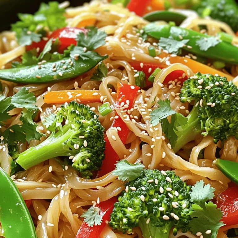 - 8 ounces rice noodles - 2 tablespoons sesame oil - 1 tablespoon fresh ginger, minced - 3 garlic cloves, minced - 1 red bell pepper, sliced - 1 cup broccoli florets - 1 cup snap peas - 1 carrot, julienned - 4 green onions, chopped - 1/4 cup soy sauce (or tamari for gluten-free) - 2 tablespoons rice vinegar - 1 tablespoon honey or maple syrup - Sesame seeds for garnish - Fresh cilantro for garnish (optional) - Salt and pepper to taste When I create a dish, I focus on fresh ingredients. For this stir fry, rice noodles serve as a great base. They soak up flavors well. Sesame oil brings a rich taste that I love. Fresh ginger adds warmth and spice, while garlic gives a nice kick. I enjoy adding colorful veggies. Red bell pepper adds sweetness, and broccoli adds crunch. Snap peas bring a fresh snap, and carrots add color and texture. Green onions finish the dish with a mild onion flavor. For the sauce, I mix soy sauce and rice vinegar. Honey or maple syrup balances the saltiness. The sesame seeds on top give a nice crunch. Fresh cilantro adds a pop of color and flavor. Use salt and pepper to taste for the perfect finish. Start by boiling a large pot of water. Add 8 ounces of rice noodles. Cook them until they are al dente. This usually takes about 5 to 7 minutes. Drain the noodles and set them aside for later. In a small bowl, mix together the sauce. Combine 1/4 cup of soy sauce, 2 tablespoons of rice vinegar, and 1 tablespoon of honey or maple syrup. Add a pinch of black pepper for extra flavor. Whisk until it’s well blended, then set it aside. Heat 2 tablespoons of sesame oil in a large skillet or wok over medium-high heat. Once hot, add 1 tablespoon of minced ginger and 3 minced garlic cloves. Stir them for about 30 seconds. This will make your kitchen smell amazing! Now, add the fun part! Toss in 1 sliced red bell pepper, 1 cup of broccoli florets, 1 cup of snap peas, and 1 julienned carrot. Stir-fry these for 4 to 5 minutes. You want them to be tender but still crisp. Next, it's time to unite the flavors. Add the cooked rice noodles to the skillet with the vegetables. Pour in the sauce you made earlier. Toss everything together gently. Make sure all the noodles and veggies are coated in that tasty sauce. Sprinkle in 4 chopped green onions. Toss again to mix them in well. Cook for an additional 1 to 2 minutes. This will help heat everything through and blend the flavors. Finally, transfer the stir-fry to serving bowls. Top with sesame seeds for crunch. If you like, add fresh cilantro as a garnish. Enjoy your delicious meal! To cook rice noodles just right, follow these steps: - Boil a big pot of water. - Add the rice noodles. - Cook until they are al dente. This usually takes around 5 to 7 minutes. - Drain the noodles and rinse them in cold water. This stops the cooking. This method keeps the noodles from becoming too soft. Perfect noodles give the dish a nice texture. If you want to mix up the flavor, try these ideas: - Use tamari instead of soy sauce for a gluten-free option. - Swap rice vinegar for apple cider vinegar for a different zing. - Add a splash of lime juice for brightness. - Experiment with different sweeteners like agave or coconut sugar. Each change can totally change the taste of your dish. Be creative and find what you love! Stir-frying is all about speed and heat. Here are my best tips: - Heat the pan well before adding oil. This helps cook food fast. - Cut all veggies the same size for even cooking. - Keep stirring! This avoids burning and helps things cook evenly. - Don’t overcrowd the pan. If needed, cook in batches. These tips help you get that perfect stir-fry every time. A hot, fast cook brings out great flavors and colors! {{image_2}} You can easily add protein to your Sesame Ginger Noodle Stir Fry. Chicken, shrimp, and tofu are great choices. - Chicken: Use thinly sliced chicken breast. Cook it before adding the veggies. This will give you a hearty meal. - Tofu: Firm tofu works well. Press it to remove excess water, then cube it. Sauté until golden for a nice texture. - Shrimp: Shrimp cooks quickly. Add it after the garlic and ginger for the best flavor and cook until pink. Each option adds its flavor and texture to the dish. For a vegan dish, simply skip the honey and use maple syrup. Tamari is a perfect soy sauce alternative for gluten-free diets. Always check labels when buying sauces to ensure they are gluten-free. This way, everyone can enjoy the meal without worry. You can change the vegetables based on what you have. Here are some ideas: - Zucchini: Slice it thinly and stir-fry for a fresh taste. - Bell Peppers: Use yellow or green peppers for color and flavor. - Spinach: Add fresh spinach at the end. It wilts quickly and adds nutrients. These swaps keep the dish exciting and fresh each time you make it. To keep your Sesame Ginger Noodle Stir Fry fresh, place it in an airtight container. Make sure it cools down before sealing. Store it in the fridge. It stays good for about 3 to 4 days. If you want to enjoy it later, you can freeze it. When you're ready to eat your leftovers, use the microwave or a pan. If using the microwave, heat in short bursts. Stir in between to ensure even heat. If using a pan, add a splash of water or broth to keep it moist. Heat over medium until hot. To freeze the stir fry, let it cool completely first. Then, place it in a freezer-safe container or bag. Press out the air to prevent freezer burn. It will last for about 2 months in the freezer. When you're ready to eat, thaw it overnight in the fridge before reheating. For this dish, I recommend using rice noodles. They are soft and soak up the sauce well. Rice noodles cook quickly and provide a nice texture. You can also use egg noodles if you prefer. Just make sure to adjust cooking times based on the type you choose. Yes, you can prepare this dish ahead of time. Cook the noodles and veggies, then store them in separate containers. Mix them just before serving. This way, your stir fry stays fresh and tasty. This noodle stir fry pairs well with many sides. You can serve it with spring rolls or dumplings. A simple salad with a light dressing also complements the meal. If you want protein, try grilled chicken or tofu on the side. To change the spiciness, add chili flakes or sriracha sauce. If you want less heat, skip these ingredients. You can also add more ginger for a different flavor without extra spice. Experiment to find your perfect balance. Absolutely! You can swap in any vegetables you like. Bell peppers, zucchini, and carrots all work well. Just keep the cooking times in mind. Use what you have on hand or what’s in season for the best taste. This blog post covered a tasty sesame ginger noodle stir-fry recipe. You learned about essential ingredients, step-by-step instructions, helpful tips, and creative variations. I shared ways to customize your dish with protein and how to store leftovers. In conclusion, this stir-fry is simple and quick. It’s perfect for busy nights or meal prep. With just a few tweaks, you can make it your own. Enjoy cooking and make it a fun experience!