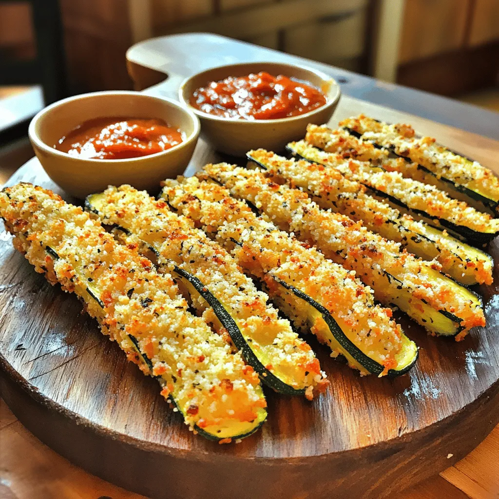 - 2 medium zucchinis - 1 cup panko breadcrumbs - 1/2 cup grated Parmesan cheese - 1 teaspoon garlic powder - 1 teaspoon onion powder - 1/2 teaspoon dried oregano - 1/2 teaspoon paprika - Salt and pepper to taste - 2 large eggs - Olive oil spray Gathering the right ingredients is key to great crispy Parmesan zucchini fries. Start with fresh, medium zucchinis. Make sure they are firm and vibrant in color. Choose panko breadcrumbs for extra crunch. They bring a delightful texture to each fry. You will also need grated Parmesan cheese. This adds a savory, cheesy flavor that pairs perfectly with zucchini. For seasoning, use garlic powder and onion powder. These spices enhance the overall taste. Dried oregano and paprika add warmth and depth. Adjust salt and pepper to your liking. Use two large eggs to help the breadcrumbs stick to the zucchini. Finally, grab some olive oil spray. It helps the fries crisp up in the air fryer. This simple list of ingredients makes preparing your zucchini fries easy and fun. Each item plays a vital role in creating a dish that is both tasty and satisfying. First, you need to preheat your air fryer to 400°F (200°C). This step is key for getting your fries crispy. Set the timer for about 5 minutes. While it heats up, gather your ingredients. Next, set up a dredging station. You will need two bowls. In one bowl, place the beaten eggs. In the other, mix the breadcrumbs, Parmesan cheese, garlic powder, onion powder, oregano, paprika, salt, and pepper. Make sure to mix well. This will coat your zucchini fries with lots of flavor. Now, it’s time to coat the zucchini. Take each fry and dip it into the beaten egg. Be sure to let any extra egg drip off. Then, roll it in the breadcrumb mixture. Press lightly to help the coating stick. Once all the fries are coated, arrange them in a single layer in the air fryer basket. Lightly spray them with olive oil. This helps them get nice and crispy. Cook the zucchini fries in the air fryer for about 10 to 12 minutes. Flip them halfway through to ensure even cooking. You want them to be golden brown and crispy. Once they're done, carefully remove them and let them cool for a minute. You can season with extra salt if you like. Enjoy them while they are hot! To get your zucchini fries crispy, use panko breadcrumbs. Panko is lighter and creates a better crunch than regular breadcrumbs. It helps the fries stay crispy longer, even after cooking. Don't skip the olive oil spray. Spraying the fries before cooking adds moisture and helps them crisp up. Just a light mist will do the trick. This step makes a big difference in texture. While the basic seasoning is great, you can boost the flavor even more. Try adding fresh herbs like parsley or basil for a fresh taste. You can also use cayenne pepper for a spicy kick. A pinch of lemon zest will brighten things up, too. Zucchini fries are best served hot and fresh. Pair them with tasty dipping sauces. Marinara sauce is a classic choice, but ranch dressing is also popular. For something different, try garlic aioli for a creamy, rich flavor. The right dip can elevate your fries to a whole new level. {{image_2}} You can easily make these zucchini fries gluten-free. Just swap regular breadcrumbs for gluten-free ones. Panko is still a great choice. You can find brands like Ian’s or Glutino. They offer a nice crunch too. This tweak keeps the fries crispy and delicious. Want to change up the taste? Try adding different cheeses. Cheddar or mozzarella can give a new twist. You could even mix in some Parmesan with a bit of feta. For spices, think outside the box! Adding cayenne pepper gives a spicy kick. You can also try Italian seasoning for a different flavor profile. Just remember, start small and taste as you go. Zucchini isn’t the only veggie you can use. Try eggplant or carrots for a fun change. Sweet potatoes also work great. Just cut them into fry shapes like zucchini. Cook time may change a bit, so keep an eye on them. Each veggie brings its own unique taste and texture. Enjoy experimenting! After enjoying your crispy Parmesan zucchini fries, let any leftovers cool. Place them in an airtight container. Store them in the fridge for up to three days. If you want them to stay crispy, avoid stacking them. This keeps them from getting soggy. To bring back that crispy texture, use the air fryer for reheating. Set it to 375°F (190°C) and air fry for about 5-7 minutes. This method helps them regain their crunch. You can also use an oven. Preheat it to the same temperature and heat for about 10 minutes. If you want to freeze zucchini fries, do it before cooking. Lay them in a single layer on a baking sheet. Freeze until solid, then transfer them to a freezer bag. They will last up to three months. You can also freeze cooked fries. Just remember, they won’t be as crispy when reheated. Crispy Parmesan zucchini fries can last in the fridge for 3 to 5 days. Store them in an airtight container. Make sure they cool down before placing them in the fridge. This helps keep them fresh and tasty. Yes, you can make zucchini fries without eggs. Use a mixture of flour and water instead. This will help the breadcrumbs stick. You can also use a plant-based milk or a non-dairy yogurt for a similar effect. Both options work well to coat the zucchini. These delicious fries pair well with many dips. Some popular options include marinara sauce, ranch dressing, or garlic aioli. You can also serve them with a fresh salad or as a side to grilled meats. The options are endless! Yes, you can cook zucchini fries in a conventional oven. Preheat your oven to 425°F (220°C). Arrange the fries on a baking sheet. Bake for 20-25 minutes, flipping them halfway. This will give you crispy fries, similar to the air fryer method. You learned how to make crispy Parmesan zucchini fries using simple steps and fresh ingredients. Remember to preheat your air fryer and use panko breadcrumbs for that perfect crunch. You can add your favorite spices to customize the flavor. Storing leftovers properly keeps them tasty. With these tips, you’ll enjoy a fun and healthy snack anytime. Now, it’s time to try these delicious fries for yourself! Enjoy the cooking journey!