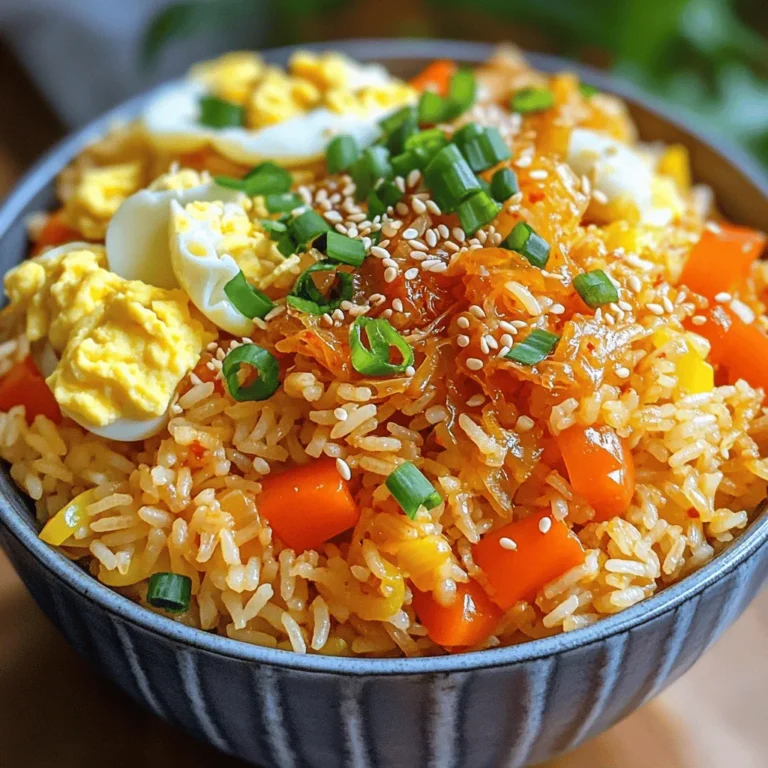 - 2 cups cooked jasmine rice (preferably day-old) - 1 cup kimchi, chopped - 1/2 cup green onions, sliced (reserve some for garnish) - 1 carrot, diced - 1/2 cup bell pepper, diced (red or green for color) - 2 cloves garlic, minced - 2 tablespoons soy sauce - 1 tablespoon gochujang (Korean chili paste) - 1 tablespoon sesame oil - 2 tablespoons vegetable oil - 2 large eggs - Salt and pepper to taste - Sesame seeds for garnish (optional) If you don’t have jasmine rice, use any long-grain rice. You can swap out kimchi for pickled vegetables. If you lack green onions, use chives or shallots instead. For bell peppers, zucchini works great too. If you don’t have gochujang, try sriracha or chili flakes for heat. - 1 cup = 240 ml - 1 tablespoon = 15 ml - 1 teaspoon = 5 ml - 1/2 cup = 120 ml These conversions help make your cooking smooth and easy. Always keep a measuring cup handy for best results. Before you start cooking, gather all your ingredients. This makes the process faster. Use day-old jasmine rice for the best texture. Fresh rice can be too sticky. Chop the kimchi, green onions, carrots, and bell peppers ahead of time. This helps them cook evenly. 1. Heat the Oil: Start by heating the vegetable oil and sesame oil in a large skillet over medium-high heat. 2. Cook the Vegetables: Add the diced carrots and bell peppers. Stir-fry for about 3-4 minutes until they soften. 3. Add Garlic and Kimchi: Stir in minced garlic and the chopped kimchi. Cook for another 2-3 minutes. This lets the kimchi caramelize and adds depth to the dish. 4. Add Rice: Turn the heat to high and add the cooked rice. Break up any clumps with your spatula. Mix the rice with the veggies well. 5. Season the Rice: Drizzle soy sauce and gochujang over the rice mixture. Stir to coat the rice in sauce. Season with salt and pepper to taste. 6. Push to One Side: Push the rice mixture to one side of the skillet. This creates space to scramble the eggs. 7. Cook the Eggs: Crack the eggs into the empty space. Scramble them until just set, then mix with the rice. 8. Add the Green Onions: Toss in the reserved green onions. Stir everything together for another minute. 9. Serve Hot: Remove the skillet from heat and serve the fried rice immediately. Serve the spicy kimchi fried rice in individual bowls. Garnish with sesame seeds and extra green onions for a pop of color. A side of additional kimchi adds a nice touch and enhances the meal. Enjoy your delicious creation! To make great fried rice, start with day-old rice. Fresh rice is too moist. Spread cooked jasmine rice on a plate to cool. This helps it dry out. You can use a rice cooker or a pot. If using a pot, add water and rice in a 2:1 ratio. Bring it to a boil, then cover and simmer for about 18 minutes. Let it sit for 10 minutes after cooking. Fluff with a fork before using. Boost the taste of your fried rice with bold ingredients. Use quality kimchi for a spicy kick. Gochujang adds heat and depth. Pair it with soy sauce for umami flavor. Consider adding sesame oil for a nutty touch. You can also toss in some fresh herbs. Chopped cilantro or basil adds freshness. A splash of lime juice can brighten the whole dish. Watch out for overcooking the vegetables. They should be tender but still crisp. Avoid using too much soy sauce; it can make the rice soggy. Stir-fry on high heat to ensure everything cooks quickly. Don’t skip the step of scrambling the eggs separately. Mixing them in at the end keeps them fluffy. Lastly, always taste and adjust seasoning before serving. {{image_2}} You can easily boost the protein in your spicy kimchi fried rice. Here are some great options: - Chicken: Cook diced chicken and add it with the vegetables. - Tofu: Use cubed tofu for a plant-based protein boost. - Shrimp: Sauté shrimp until pink and mix them in. - Beef: Thinly slice beef and stir-fry it for a savory kick. Adding protein makes it heartier and more filling. If you want a vegetarian or vegan version, you can swap a few ingredients: - Eggs: Skip the eggs or use tofu scramble instead. - Kimchi: Make sure your kimchi is vegan, as some contain fish sauce. - Soy Sauce: Use a gluten-free sauce if needed. - Vegetables: Add more veggies like broccoli, zucchini, or peas for extra nutrients. You can still enjoy all the flavor without any meat. Feel free to play with seasonings to make the dish your own: - Sriracha: Add sriracha for more heat and flavor. - Teriyaki Sauce: Use teriyaki for a sweet touch. - Coconut Aminos: A great soy sauce alternative for a sweeter taste. - Garlic Powder: Sprinkle garlic powder for extra flavor without fresh garlic. Experimenting with these options can bring new life to this dish. To store leftover spicy kimchi fried rice, let it cool first. Place it in an airtight container. This keeps the rice fresh and tasty. You can store it in the fridge for up to three days. Make sure to label the container with the date. This way, you won’t forget how long it has been in there. When you’re ready to eat your leftovers, use the microwave or stove. If using the microwave, place the rice in a bowl. Add a splash of water to keep it moist. Cover the bowl loosely and heat for 1-2 minutes. Stir halfway through to heat evenly. If using the stove, warm a skillet over medium heat. Add a bit of oil, then stir-fry the rice until it's hot. This method will help revive the flavors. You can freeze spicy kimchi fried rice for longer storage. Portion the rice into freezer-safe bags or containers. Remove excess air to prevent freezer burn. It can last for up to three months in the freezer. When you want to enjoy it again, thaw it overnight in the fridge. Reheat it using the tips above for the best taste. The best type of kimchi is napa cabbage kimchi. It has a great balance of flavor and crunch. You can also use radish kimchi if you like a sharper taste. Look for kimchi that is well-fermented, as this adds depth to your dish. Store-bought options are fine, but homemade kimchi can elevate your meal. Yes, you can prepare Spicy Kimchi Fried Rice in advance. Cook the rice and veggies, then store them separately in the fridge. This helps maintain texture. When you are ready to eat, just heat it all up in a skillet. Add the eggs at the end to keep them fluffy and fresh. To make the dish less spicy, reduce the amount of gochujang. Start with one teaspoon instead of a tablespoon. You can also add more rice to balance the heat. Mixing in some extra veggies or a splash of coconut milk can help tone down the spice level, making it more mild and enjoyable. This post covered all you need for a great dish. We discussed the key ingredients, offered helpful substitutions, and shared measurement tips. You learned step-by-step cooking instructions and serving ideas to impress. I also revealed useful techniques to avoid common mistakes, plus unique variations to suit your taste. Lastly, we talked about storage and reheating tips, ensuring nothing goes to waste. Embrace these insights and enjoy crafting your own delicious meals!