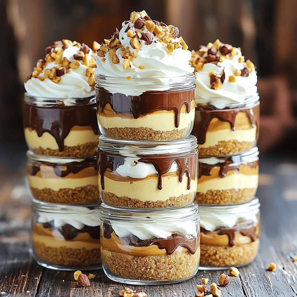 - 1 cup cream cheese, softened - 1/2 cup Nutella - 1/2 cup creamy peanut butter - 1/2 cup powdered sugar - 1 teaspoon vanilla extract - 1 1/2 cups whipped cream (store-bought or homemade) To create our no-bake cheesecake cups, we start with the main ingredients. Cream cheese gives us a rich and smooth base. Nutella adds a sweet chocolate-hazelnut flavor. The creamy peanut butter brings depth and a nutty taste. Powdered sugar sweetens the mix, while vanilla extract enhances the overall flavor. Finally, whipped cream makes it airy and light. - 1 cup graham cracker crumbs - 1/4 cup unsalted butter, melted Next, we need a crust. Graham cracker crumbs give a crunchy texture and sweet taste. Mixing these with melted unsalted butter binds them together. This mixture forms a solid base for the cheesecake cups. - Chopped hazelnuts or peanuts - Chocolate shavings or drizzle For the final touch, we add garnishes. Chopped hazelnuts or peanuts add crunch and a tasty finish. Chocolate shavings or a drizzle of chocolate provide a beautiful look. These elements make our dessert not just delicious but also stunning. First, grab a medium mixing bowl. Mix the softened cream cheese, Nutella, and peanut butter. Add the powdered sugar and vanilla extract. Use an electric mixer on medium speed. Mix until smooth and creamy, about 2-3 minutes. Next, gently fold in the whipped cream. Be careful not to deflate it. This keeps the mixture light and airy. Set this delicious cheesecake mixture aside for later. In a separate bowl, combine the graham cracker crumbs and melted butter. Stir until the crumbs are evenly coated. This mix will form the crust. Now, take your serving cups or jars. In each cup, add about 2 tablespoons of the graham cracker mix. Press down lightly. You want an even layer at the bottom of each cup. Now it’s time to layer! Spoon a generous amount of the Nutella peanut butter cheesecake mixture over the crust. Fill each cup about three-quarters full. For extra yum, repeat the layers. Add another layer of crust followed by more cheesecake mix. Smooth the top with a spatula. Place the cups in the fridge. You need to refrigerate them for at least 4 hours, or overnight if you can wait. This helps them set properly. When you’re ready to serve, top with chopped hazelnuts or peanuts and drizzle with chocolate for a lovely touch. To get a smooth and creamy texture, start with softened cream cheese. Cold cream cheese clumps up and ruins the mix. Leave it out at room temp for about 30 minutes before use. This makes it easy to blend. When adding whipped cream, use a gentle folding technique. This keeps the mix light and fluffy. Start by adding a small scoop of whipped cream to your cheesecake mix. Stir gently, then fold in the rest. This way, you keep those air bubbles that make it light. Press the crust down evenly in the cups. Use the back of a spoon or your fingers to flatten it. An even layer gives you a solid base. If not, the cups may fall apart when you serve them. You can try other crust options if you want to switch things up. For example, use crushed Oreos or almond flour for a gluten-free option. Both add unique flavors and textures. Toppings make your cheesecake cups look great. Chopped hazelnuts or peanuts add a nice crunch. You can also drizzle chocolate on top for extra sweetness. Think about seasonal variations too. In the fall, add a sprinkle of cinnamon or use pumpkin spice instead. In the summer, fresh berries can brighten the cups. Get creative and have fun with your garnishes! {{image_2}} You can switch up the nut butters in this recipe. Almond butter or cashew butter can work well. Each nut butter brings a unique flavor. You can also try different chocolate spreads. Instead of Nutella, use a dark chocolate spread or even a caramel spread for a twist. If you need a gluten-free option, use gluten-free graham crackers for the crust. Many brands offer tasty alternatives. For vegan adaptations, swap cream cheese with a vegan cream cheese. Use coconut whipped cream instead of regular whipped cream. This keeps the rich flavor while catering to dietary needs. Pair your cheesecake cups with fresh fruits like strawberries or raspberries. A drizzle of caramel or berry sauce adds a nice touch. You can also serve them in fun vessels. Try small jars, shot glasses, or even mini bowls. This way, everyone gets their own delightful treat! To keep your No-Bake Nutella Peanut Butter Cheesecake Cups fresh, store them in the fridge. Place them in an airtight container or cover them with plastic wrap. Chilling helps the flavors blend well. It also keeps the texture creamy and delicious. Allow them to set for at least four hours before serving. This time helps the layers firm up nicely. You can freeze these cheesecake cups if you want to save some for later. Simply cover each cup with plastic wrap, then place them in a freezer-safe container. They can last in the freezer for up to three months. To defrost, move the cups to the fridge for a few hours or overnight. Avoid using the microwave, as it may change the texture. These cups will stay fresh in the fridge for about five days. After that, the flavors may start to fade. If you notice any changes in smell or texture, it’s best to discard them. Enjoy them while they are fresh for the best taste experience! Yes, you can make these cups ahead of time. Prepare them a day before serving. They need time to set in the fridge. This helps the flavors blend well. Just cover them tightly with plastic wrap. Keep them chilled until you are ready to serve. You can use low-fat cream cheese and peanut butter. However, the texture may change. Low-fat options might make the cups less creamy. The flavor may also be milder. For the best taste, use full-fat ingredients when possible. If you don't have graham cracker crumbs, try these alternatives: - Crushed cookies like Oreos or Digestives - Ground nuts like almonds or pecans - Oat flour for a gluten-free option These substitutes will change the flavor and texture, but they can still work well. This blog post covers how to make delicious cheesecake cups. You learned about the main ingredients like cream cheese, Nutella, and peanut butter. We discussed steps to prepare the mixture, make the crust, and assemble your cups. I shared tips for ensuring a creamy texture and creative ways to garnish. You also found variations for different diets and flavor swaps. Experiment with these ideas to create your perfect dessert. Enjoy every bite!