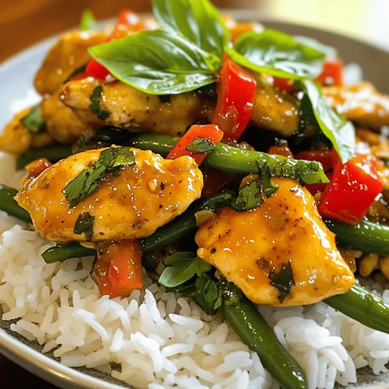 - 1 lb (450g) chicken breast, thinly sliced - 4 cloves garlic, minced - 2-3 Thai bird’s eye chilies, minced - 1 cup fresh basil leaves (Thai basil preferred) The chicken breast is the star of this dish. I prefer to slice it thinly. This helps it cook quickly and evenly. Garlic adds a nice, bold flavor. Use fresh garlic for the best taste. Thai bird’s eye chilies bring heat. Adjust the amount based on your spice level. The fresh basil adds a fragrant touch that makes this dish special. - 1 tablespoon soy sauce - 1 tablespoon fish sauce - 1 tablespoon oyster sauce - 1 teaspoon sugar Sauces are key for flavor. Soy sauce gives a savory taste. Fish sauce adds depth and umami. Oyster sauce brings a sweet, rich flavor. The sugar balances the salty notes and enhances the overall taste. Mix them well to get a great sauce. - 1 red bell pepper, sliced - 1 cup green beans, trimmed and cut into 2-inch pieces Vegetables add color and crunch. The red bell pepper is sweet and bright. Green beans provide a nice texture. Together, they make the dish look appealing. Plus, the veggies keep it healthy! - Heat 1 tablespoon of vegetable oil in a large skillet or wok over medium-high heat. - Add 4 cloves of minced garlic and 2-3 minced Thai bird’s eye chilies. Sauté them for about 30 seconds until they smell great. - Toss in 1 lb of thinly sliced chicken breast. Stir-fry it until it turns golden brown, which takes about 4-5 minutes. - Next, add 1 sliced red bell pepper and 1 cup of trimmed green beans cut into 2-inch pieces. Stir-fry these for another 3-4 minutes until the veggies are tender but still crisp. - In a small bowl, mix together 1 tablespoon of soy sauce, 1 tablespoon of fish sauce, 1 tablespoon of oyster sauce, and 1 teaspoon of sugar. - Pour this sauce over the chicken and veggies in the skillet. Stir well to coat everything evenly. Cook for 2 more minutes to meld the flavors. - Finally, remove from heat and fold in 1 cup of fresh basil leaves until they wilt slightly. Serve your Spicy Thai Basil Chicken hot over cooked jasmine rice. To make the chicken tender, use thin slices. This helps it cook quickly and evenly. Heat the skillet or wok until hot before adding the oil. This gives the chicken a nice sear. Stir-fry the chicken in small batches if your pan is small. This keeps it from steaming. For cutting vegetables, keep them uniform in size. This ensures even cooking. Slice the bell pepper into thin strips. Cut green beans into two-inch pieces. This makes them easy to eat and cook perfectly. Always choose Thai basil for authentic flavor. It has a unique taste that regular basil lacks. If you can’t find Thai basil, use regular basil as a last resort. To adjust spice levels, start with one chili. Taste the dish, then add more if you like it hotter. Remember, Thai bird’s eye chilies pack a punch! Serve Spicy Thai Basil Chicken over jasmine rice. The fluffy rice soaks up the flavors well. You can also use sticky rice for a fun twist. Pair this dish with other Thai favorites. Consider spring rolls or a fresh salad. These will add crunch and balance to your meal. {{image_2}} You can switch the chicken for shrimp or tofu in this dish. Shrimp cooks quickly and adds a nice flavor. If you choose tofu, use firm tofu for the best texture. Simply cut it into cubes and sauté it just like the chicken. You can also use beef or pork if you prefer. Just cut them thin and follow the same cooking steps. To make a plant-based version, focus on vegetables. You can use mushrooms, bell peppers, or zucchini. These add great taste and texture. Try using a mix of your favorites. For protein, you can add more tofu or even chickpeas. They absorb the flavors well and make the dish filling. To boost the flavor, consider adding more spices. A pinch of cumin or coriander can add depth. If you want more heat, try adding more bird's eye chilies or even some chili flakes. You can also explore different sauces. Instead of fish sauce, use soy sauce or coconut aminos for a vegan twist. Each choice will give the dish a unique taste. To store leftovers, first let the chicken cool to room temperature. Then, place it in a container. Use an airtight container to keep the flavors fresh. You can use glass or plastic containers. Both work well, but glass is more eco-friendly. Make sure to eat the leftovers within three days for the best taste. When reheating, avoid the microwave for best results. Instead, use a skillet or pan. Heat on low to medium heat. This method maintains the flavor and texture. Stir gently to warm it evenly. If the dish looks dry, add a splash of water or broth. This keeps it moist and tasty. Yes, you can freeze Spicy Thai Basil Chicken! First, let it cool completely. Then, transfer it to a freezer-safe container. Be sure to remove as much air as possible. This helps prevent freezer burn. To thaw, place it in the fridge overnight. Reheat in a skillet as mentioned earlier. Enjoy your meal any time! What can I substitute for fish sauce? If you need a fish sauce substitute, use soy sauce or tamari. Both give a savory flavor. You can also mix soy sauce with a bit of lime juice. This mix mimics the taste well. Can I make this dish gluten-free? Yes, you can make this dish gluten-free. Use gluten-free soy sauce instead of regular soy sauce. Check that the oyster sauce is also gluten-free. This way, you keep all the great flavors. How spicy is Spicy Thai Basil Chicken? The spice level of this dish depends on the chilies used. Thai bird’s eye chilies bring a lot of heat. If you prefer less spice, use fewer chilies. You can also remove the seeds for less heat. Can I use ground meat instead of sliced chicken? Yes, you can use ground meat. Ground chicken or turkey works well. Just cook it until it's browned before adding the veggies and sauces. This keeps the recipe simple and fast. Where can I find Thai bird’s eye chilies? You can find Thai bird’s eye chilies at Asian grocery stores. Look in the fresh produce section. If they're not available, use jalapeños as a milder option. What’s the best type of basil to use? Thai basil is the best choice for this dish. It has a unique flavor that pairs well with the other ingredients. If you can't find Thai basil, regular basil works too, but the taste will be different. This blog post covers a delicious Spicy Thai Basil Chicken recipe. We explored key ingredients, step-by-step cooking instructions, and helpful tips. Using chicken, fresh basil, and hot chilies gives this dish its bold flavor. You can customize it by switching proteins or enhancing flavors with extra spices. Remember to store leftovers properly to keep them fresh. With these insights and variations, you can create a fantastic meal. Enjoy cooking this tasty dish!