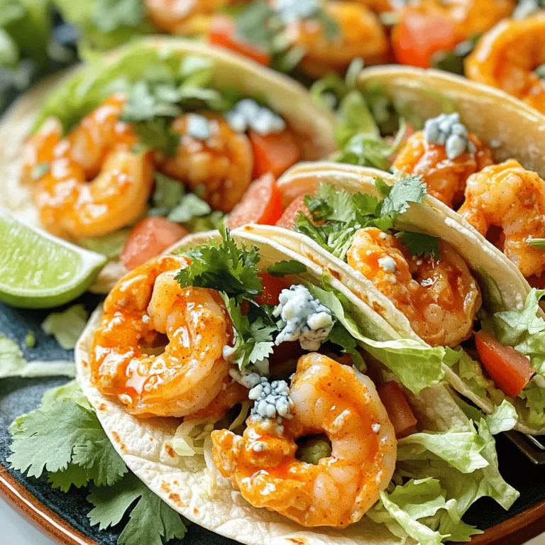 - 1 lb shrimp, peeled and deveined - 1/2 cup all-purpose flour - 1/2 cup cornmeal - 2 large eggs, beaten - 1 teaspoon garlic powder - 1 teaspoon paprika - 1/2 teaspoon cayenne pepper (adjust for spice preference) - Salt and pepper to taste - 1/2 cup buffalo sauce (store-bought or homemade) - 8 small corn tortillas To create these tacos, start with fresh shrimp. You want them peeled and deveined for better texture. The coating mixture gives the shrimp a crispy outer layer. Using flour and cornmeal adds a nice crunch. Don't forget the spices! Garlic powder, paprika, and cayenne pepper add great flavor. Adjust the cayenne for your spice level. - 1 cup shredded lettuce - 1/2 cup diced tomatoes - 1/4 cup crumbled blue cheese (optional) Toppings make your tacos even better. Shredded lettuce adds crunch. Diced tomatoes bring freshness. If you love blue cheese, sprinkle some on top for a creamy finish. - 1/2 cup buffalo sauce - Cooking spray Buffalo sauce is the star here. It coats the shrimp and adds that spicy kick. You can use store-bought or make your own. Cooking spray helps the shrimp crisp up in the air fryer. This step is key for that perfect crunch. Coating the Shrimp Start by mixing the flour, cornmeal, garlic powder, paprika, cayenne pepper, salt, and pepper in a bowl. This mix gives the shrimp a tasty crunch. Make sure you mix it well. Egg Dipping Process In another bowl, beat two large eggs. Take each shrimp, dip it in the egg, and then coat it with the flour mixture. Make sure each piece is fully covered. This step makes the shrimp crispy when cooked. Preheating the Air Fryer Set your air fryer to 400°F (200°C) and let it preheat. Preheating is key for even cooking. It helps the shrimp turn golden and crispy. Air Frying Tips Arrange the coated shrimp in a single layer in the air fryer basket. You might need to cook in batches. Spray a light coat of cooking spray on the shrimp. Air fry for 8-10 minutes, shaking the basket halfway. This helps the shrimp cook evenly. Warming the Tortillas While the shrimp cool, warm up the corn tortillas. Use a dry skillet over medium heat. Heat each tortilla for about 30 seconds on each side. This makes them soft and flexible. Layering Ingredients Now, it's time to build your tacos! Start by adding shredded lettuce to each tortilla. Next, pile on the crispy buffalo shrimp. Top with diced tomatoes and sprinkle blue cheese if you like. Fresh cilantro adds a nice touch too. To get the best crispy shrimp, focus on two main things: cooking time and coating. - Cooking Time Adjustments: If you want extra crunch, increase the cooking time by one or two minutes. Just watch closely to avoid burning. Each air fryer may cook a bit differently. Some shrimp may need more time for that golden color. - Coating Techniques: Make sure to coat each shrimp well. Dip it in the egg, then cover it with the flour mix. This creates a thick layer that fries up nicely. A good tip is to press the coating onto the shrimp. This helps it stick better during cooking. Want to spice things up? Adjust the flavor to match your taste. - Spice Level Adjustments: If you love heat, add more cayenne pepper to your mix. Start with a small amount and taste as you go. You can also add some hot sauce to the buffalo sauce for an extra kick. - Extra Sauce Options: Consider using ranch or blue cheese dressing as a drizzle. These add creaminess and balance the spice. You can also serve extra buffalo sauce on the side for dipping. Make your tacos look and taste even better with these ideas. - Pairing with Side Dishes: Serve the tacos with a side of chips or a fresh salad. A cool coleslaw can also balance the heat. Try adding lime wedges for a zesty touch. - Presentation Ideas: Use a colorful platter to display your tacos. Place lime wedges on the side for squeezing. For a fun twist, add extra buffalo sauce in a small bowl for dipping. This makes the meal interactive and more enjoyable. {{image_2}} Gluten-Free Options To make these tacos gluten-free, swap the all-purpose flour for a gluten-free flour mix. Use cornstarch or almond flour to coat the shrimp. Check the buffalo sauce label to ensure it's gluten-free, or make your own using hot sauce and butter. Vegetarian Alternatives If you want a vegetarian option, replace shrimp with cauliflower or firm tofu. Cut the cauliflower into small florets and coat it like the shrimp. For tofu, press it to remove excess water and cut it into cubes. Different Sauces While buffalo sauce is classic, you can try other sauces. For a milder option, use ranch or barbecue sauce. You can also mix hot sauce with honey for a sweet and spicy flavor. Alternate Seasonings Feel free to change up the seasoning! Try adding cumin or chili powder for a different kick. For a fresh twist, add lime zest to the coating mixture. Hard Shell vs. Soft Shell You can choose hard or soft taco shells. Hard shells add a crunchy texture, while soft tortillas provide a chewy bite. Both styles work well with buffalo shrimp. Taco Bowl Presentation For a fun twist, serve your shrimp in a taco bowl. Use a tortilla bowl or a plate. Layer the shrimp, lettuce, tomatoes, and cheese. This makes it easy to enjoy every bite! How to Store Cooked Shrimp To store cooked shrimp, place it in an airtight container. This keeps the shrimp fresh. You can store it in the fridge for up to three days. Make sure it's fully cooled before sealing. Best Practices for Tortillas For tortillas, stack them and wrap them in foil or plastic wrap. This keeps them soft. Store them in the fridge for up to one week. If they dry out, they can crack when you warm them. Air Fryer Reheating To reheat shrimp, place it in the air fryer. Set it to 350°F (175°C). Heat for about 3-5 minutes. This makes the shrimp crispy again, just like fresh. Microwave vs. Oven You can also use the microwave. Place shrimp on a plate, cover with a damp paper towel, and heat for 30 seconds. The oven is another option. Preheat to 350°F (175°C). Heat for about 10 minutes, but it may not be as crispy. Freezing Cooked Shrimp If you want to freeze cooked shrimp, let it cool. Place it in a freezer bag, removing as much air as possible. This helps keep it fresh. You can freeze it for up to three months. Thawing Instructions To thaw, place the shrimp in the fridge for a few hours or overnight. For a quicker option, you can use cold water. Just seal the shrimp in a bag and submerge it in cold water for about 30 minutes. You should air fry shrimp for 8 to 10 minutes. Set your air fryer to 400°F (200°C). Shake the basket halfway through cooking. This helps the shrimp cook evenly and get crispy. Yes, you can prepare some parts ahead of time. You can cook the shrimp and store them in the fridge. Warm the tortillas and assemble the tacos just before serving. This keeps them fresh and tasty. If you want a different flavor, try using BBQ sauce or a spicy sriracha mix. You can also make a yogurt sauce with hot sauce mixed in for a creamy option. Each choice adds a unique twist to your tacos. Yes, these tacos can be a healthy choice. The air fryer uses less oil, so they are lower in fat than fried shrimp. You can add fresh veggies like lettuce and tomatoes for extra nutrients. You can use frozen shrimp, but make sure to thaw them first. Rinse them under cold water and pat them dry. This helps the coating stick better, and they will cook more evenly in the air fryer. In this article, we covered how to make air fryer buffalo shrimp tacos. We explored the key ingredients like shrimp, coating mixtures, and tortillas. We also looked at optional toppings, sauces, and step-by-step preparation. Tips ensured crispy shrimp, while variations offered dietary and flavor options. Remember, personalizing your tacos makes them fun. Enjoy the process and unleash your creativity!