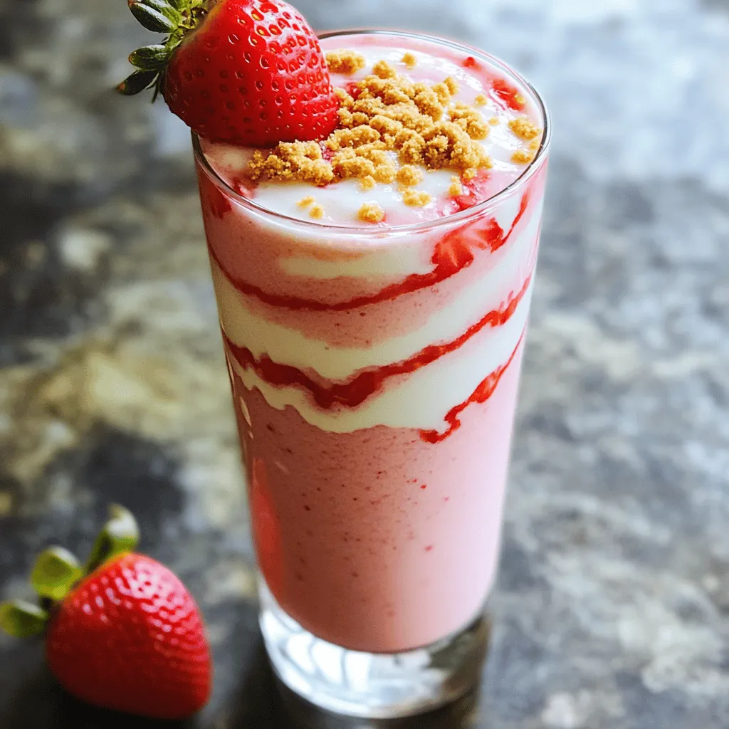 To make a tasty Strawberry Cheesecake Smoothie, gather these simple ingredients. Each one adds to the creamy and sweet flavor we love. - 1 cup fresh or frozen strawberries - 1/2 cup cream cheese, softened - 1/2 cup Greek yogurt (plain or vanilla) - 1 tablespoon honey or maple syrup - 1/2 teaspoon vanilla extract - 1/2 cup milk (dairy or non-dairy) - 1/4 cup graham cracker crumbs, plus extra for topping - Ice cubes (optional) Each ingredient plays a key role. Strawberries bring the fruity taste. Cream cheese adds creaminess. Greek yogurt gives extra texture and protein. Honey or maple syrup sweetens things up. Vanilla extract enhances the flavor. Milk makes it smooth, while graham cracker crumbs give that cheesecake feel. If you want it thicker, add ice cubes! Collecting these ingredients is the first step to creating your delicious smoothie. Now, let's blend them into a delightful treat! Start by placing the strawberries in your blender. Add the softened cream cheese, Greek yogurt, honey or maple syrup, vanilla extract, and milk. This mix creates a creamy base that tastes like cheesecake. Blend on high until it becomes smooth and creamy. If you want a thicker smoothie, add some ice cubes. Blend again until you reach the thickness you like. Ice makes the smoothie colder and richer, perfect for a warm day. Once blended, add the graham cracker crumbs. Pulse the blender a few times to mix them in, but don’t blend them completely. This gives a nice texture. Next, taste your smoothie. If it needs more sweetness, add a bit more honey or maple syrup. To make your smoothie taste great, use fresh strawberries. They add a bright, sweet flavor. If you only have frozen strawberries, that works too. You can also play with sweeteners. Try honey, maple syrup, or even agave. Adjust the amount based on your taste. You can choose to add ice to your smoothie. If you want a thicker drink, add a few ice cubes. Blend again until it’s smooth. If you prefer a creamier texture, skip the ice. Use a high-powered blender for the best results. Blend on high for a rich, creamy finish. Presentation matters! Serve your smoothie in mason jars or tall glasses. This adds a fun touch. For garnish, sprinkle extra graham cracker crumbs on top. You can also place a whole strawberry on the rim of the glass. This makes your smoothie look even more inviting. {{image_2}} You can easily change the taste of your smoothie. For a fruity twist, add a banana or mixed berries. These fruits blend well and add more natural sweetness. If you want a fun surprise, try adding chocolate or mint. Chocolate gives a rich taste, while mint adds a refreshing kick. Both can make your smoothie feel special. You can make this smoothie fit your diet. To create a vegan version, swap cream cheese and yogurt for plant-based options. Many stores carry these alternatives that taste great. If you're lactose intolerant, choose non-dairy milk and cream cheese. You won't lose any of the yummy cheesecake flavor. Want to make your smoothie more filling? You can add protein powder or a spoonful of nut butter. Both options add creaminess and help you feel full longer. Greek yogurt is another great choice. It packs a protein punch while keeping the smooth and creamy texture you love. Store any leftover smoothie in the fridge. Use an airtight container. This helps keep it fresh. Try to consume it within one day. The smoothie may separate over time. Just shake or stir it before drinking. Yes, you can freeze the smoothie! Freeze it in a sealed container. It stays good for about one month. To thaw, place it in the fridge overnight. You can also use the microwave. Heat in short bursts to avoid cooking it. You can use leftover strawberries in yogurt or salads. Cream cheese is great in pasta dishes. You can make dips or spreads with it too. Graham crackers can be used in desserts or as toppings on ice cream. Get creative and enjoy! Yes, you can make this smoothie ahead of time. I recommend blending it and storing it in the fridge. Use an airtight container to keep it fresh. It tastes best within 24 hours. If it thickens, just add a splash of milk before serving. This way, you save time during busy mornings. If you need a cream cheese substitute, try these options: - Silken tofu for a vegan choice. - Ricotta cheese for a lighter option. - Cashew cream for a nut-based alternative. These substitutes change the flavor slightly but still create a creamy texture. Absolutely! This smoothie is great for kids. It has natural sweetness from the strawberries and honey. The Greek yogurt adds protein and calcium, which are good for growing bodies. You can adjust the sweetness based on your child’s taste. The fun flavor and bright color make it appealing too! This blog post covered all you need for a delicious strawberry cheesecake smoothie. You learned the ingredients, step-by-step instructions, and helpful tips for flavor and texture. We explored variations to suit your taste and storage secrets to keep it fresh. A well-made smoothie can be a fun treat for kids, too. Give this recipe a try and enjoy making it your own. You won't regret it!