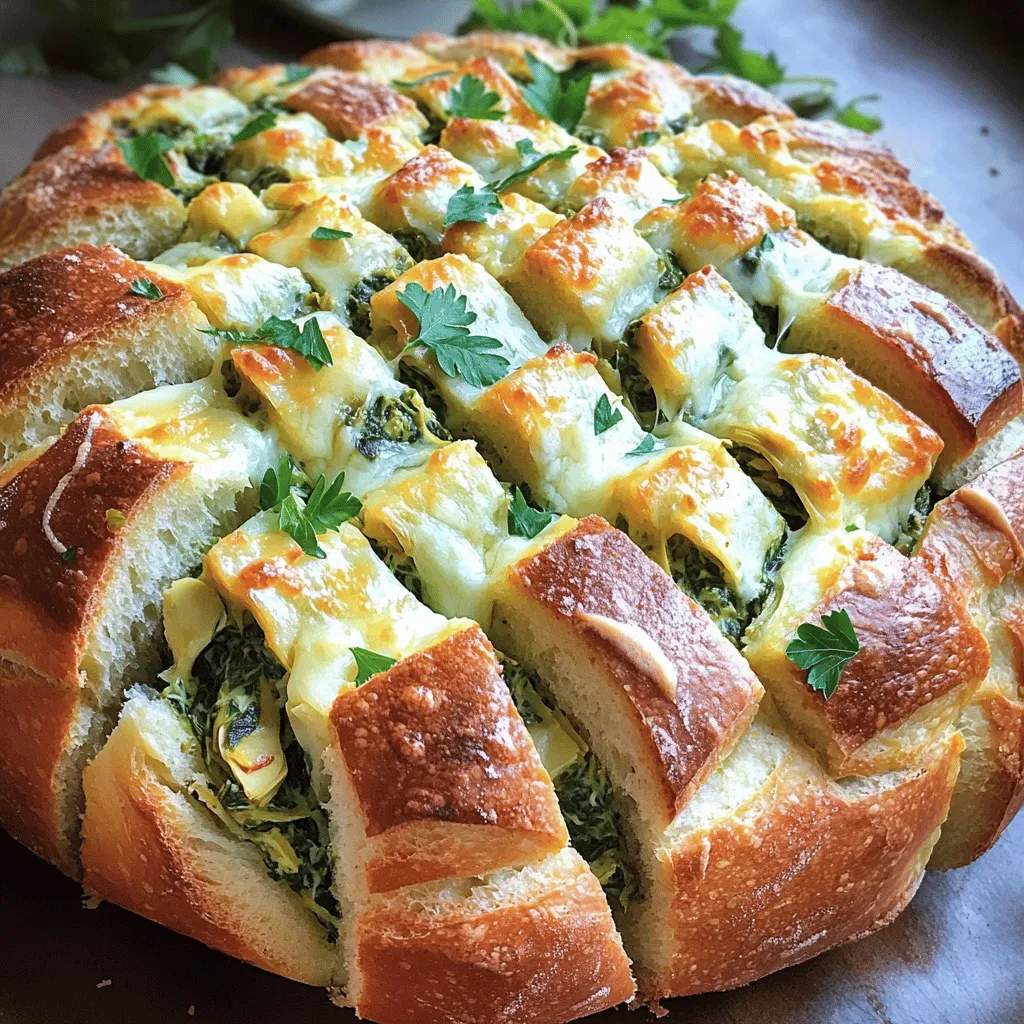 - 1 large round sourdough bread loaf - 1 cup fresh spinach, chopped - 1 cup canned artichoke hearts, drained and chopped - 1 cup cream cheese, softened - 1 cup shredded mozzarella cheese - 1/2 cup grated Parmesan cheese - 1/4 cup mayonnaise - 2 cloves garlic, minced - 1 teaspoon garlic powder - 1/2 teaspoon crushed red pepper flakes - Salt and pepper to taste - 2 tablespoons fresh parsley, chopped (for garnish) When I make Cheesy Spinach Artichoke Pull-Apart Bread, the ingredients play a vital role. The sourdough loaf serves as the perfect base. Its crusty exterior holds the cheesy goodness inside. Fresh spinach adds color and nutrients, while artichoke hearts bring a unique taste. Cream cheese provides a rich and creamy texture. In the cheese and seasonings section, mozzarella offers that stringy pull we all love. The grated Parmesan adds a sharp flavor that enhances the overall dish. Mayonnaise keeps the filling moist. Garlic, both minced and powdered, gives that bold flavor kick. If you want some heat, crushed red pepper flakes work wonders. You can adjust the salt and pepper to your liking. For a fresh touch, the parsley is a lovely garnish. Using these ingredients will create a delightful dish that everyone will enjoy. - Preheat your oven to 350°F (175°C). - In a large bowl, mix cream cheese, mayonnaise, minced garlic, and garlic powder. Stir until smooth. This creamy base holds all the flavors together. - Take your sourdough loaf and cut it into a checkerboard pattern. Make sure not to cut all the way through. - Now, stuff each cut with the cheesy spinach and artichoke mixture. Fill every gap to ensure each piece is delicious. - Place the stuffed bread on a baking sheet lined with parchment paper. - Wrap the bread in aluminum foil and bake for 15 minutes. Unwrap and bake for another 10 minutes. You want it bubbly and golden brown. This simple process makes the Cheesy Spinach Artichoke Pull-Apart Bread a fun dish to share. You can easily pull apart each piece and enjoy the gooey, cheesy goodness inside. - Use room temperature cream cheese for easy mixing. This makes blending quick and smooth. - Allow the stuffed bread to rest before serving. This helps it hold its shape better. - You can add herbs like basil or oregano for different flavors. These herbs brighten the dish. - Feel free to swap cheeses based on what you like. A blend of cheddar adds a sharp taste. - Serve with marinara or pesto for dipping. The rich flavors pair well with the bread. - Pair it with a fresh salad. The crunch of greens balances the cheesy goodness. {{image_2}} - Substitute low-fat cream cheese and mayonnaise. - Incorporate additional vegetables like bell peppers or mushrooms. Healthier options make this dish lighter without losing taste. Using low-fat cream cheese and mayonnaise reduces calories, while adding bell peppers or mushrooms boosts fiber and nutrients. You can mix in diced zucchini or carrots too for a fun crunch. These swaps keep your pull-apart bread tasty and good for you. - Add crumbled feta or goat cheese for a tangy flavor. - Experiment with different types of bread, such as ciabatta or whole wheat. Gourmet twists can take your bread to the next level. Crumbled feta or goat cheese adds a zesty kick. You can also swap your sourdough for ciabatta or whole wheat bread. Each bread choice gives a new texture and taste. Try adding herbs like dill or thyme for even more flavor. - Use seasonal veggies like zucchini or sun-dried tomatoes. - Try incorporating holiday spices for themed gatherings. Seasonal variations make this dish fresh and exciting. In summer, add zucchini or cherry tomatoes. For fall, sprinkle in pumpkin spice or nutmeg for a warm touch. These seasonal changes keep your cheesy spinach artichoke pull-apart bread fun and relevant all year round. Store any leftovers in an airtight container. This keeps the bread fresh for up to 3 days. When you want to enjoy it again, reheat in the oven. This helps keep the bread crispy and delicious. You can freeze unbaked stuffed bread for up to 1 month. Just make sure to wrap it well. When you are ready to bake, thaw it first. This ensures even cooking and great taste. To keep the bread fresh, avoid storing it with moist items. Moisture can make it soggy. Use parchment paper to line your storage containers. This makes for easy cleaning and keeps everything tidy. Yes, prepare it the night before and bake before serving. This saves time and lets the flavors blend overnight. You can then enjoy fresh, warm bread with minimal effort. It's great as an appetizer, paired with dips or salads. I love serving it with marinara or a fresh green salad. These sides balance the rich cheese and creamy dip. This recipe is already vegetarian. Just ensure all cheese options are rennet-free. Check labels for added peace of mind. You can enjoy this dish without concern for meat products. Yes, just make sure to thaw and drain excess moisture before using. Frozen spinach works well and saves prep time. It still gives you that delicious spinach flavor in each bite. Substitute the sourdough with a gluten-free bread option for a gluten-free version. Many stores offer gluten-free bread that works well. Enjoy this tasty dish without gluten worries! This blog post covered the delicious recipe for Cheesy Spinach Artichoke Pull-Apart Bread. We looked at the key ingredients, step-by-step instructions, and handy tips. Remember, you can customize the flavors and serve it with dips or salads for a tasty meal. Store any leftovers properly to enjoy this dish later. Whether you choose to make it healthier or add gourmet twists, the possibilities are endless. Enjoy this cheesy delight with family and friends!