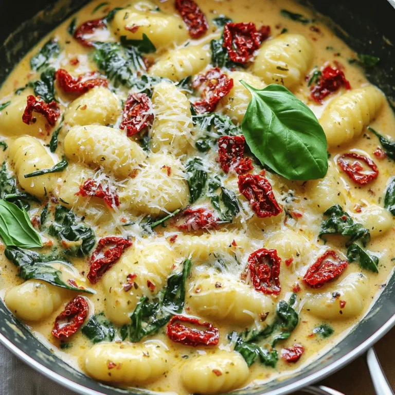 To make creamy sun-dried tomato gnocchi, gather these ingredients: - 1 package (16 oz) gnocchi - 1 cup sun-dried tomatoes in oil, drained and chopped - 2 cloves garlic, minced - 1 cup heavy cream - 1 cup vegetable broth - 1 cup fresh spinach - 1 cup grated Parmesan cheese - 2 tablespoons olive oil - 1 teaspoon dried basil - 1 teaspoon dried oregano - Salt and pepper to taste - Fresh basil leaves for garnish (optional) These ingredients create a rich and creamy dish that delights the senses. You can add extra ingredients for a flavor boost. Consider using: - Red pepper flakes for heat - Lemon zest for brightness - Mushrooms for earthiness - Chicken or shrimp for protein These options can enhance the dish to fit your taste. To prepare this dish, gather these essential tools: - Large pot for boiling - Large skillet for cooking - Colander for draining gnocchi - Wooden spoon for stirring - Measuring cups and spoons for accuracy Using the right tools makes cooking easier and more enjoyable. Start by boiling a large pot of salted water. Add the gnocchi to the pot. Cook them according to the package instructions. You will know they are done when they float to the top. This usually takes about 2-3 minutes. Once cooked, drain the gnocchi and set them aside. This step is key for a great texture. In a large skillet, heat two tablespoons of olive oil over medium heat. Add two minced garlic cloves and sauté for one minute. The garlic will smell amazing! Next, add one cup of chopped sun-dried tomatoes. Stir them in and let them cook for 2-3 minutes. This will warm them up and deepen their flavor. Pour in one cup of vegetable broth and bring it to a simmer. Next, add one cup of heavy cream, one teaspoon of dried basil, and one teaspoon of dried oregano. Stir well and let it simmer for about five minutes. This will help the sauce thicken. Now, gently stir in the cooked gnocchi and one cup of fresh spinach. Mix until the spinach wilts and the gnocchi is coated in sauce. Finally, add one cup of grated Parmesan cheese. Stir until it melts and combines. Season with salt and pepper to taste. Your dish is ready to serve! To get the best creamy texture, use heavy cream. It adds richness and smoothness. If you want it creamier, simmer the sauce longer. This will help it thicken nicely. Stir often to keep it smooth. The gnocchi will soak up the sauce, making each bite delicious. If you don't have heavy cream, you can use half-and-half. It works well but may not be as thick. Coconut milk is another good option for a dairy-free choice. You can also blend silken tofu with a bit of water. This creates a creamy texture without dairy. Each of these options will change the taste slightly, so choose what fits your needs best. To kick up the flavor, add crushed red pepper flakes for heat. A splash of lemon juice brightens the dish and adds freshness. You can also mix in different herbs, like thyme or parsley. Fresh herbs give a nice pop. If you want a cheesy twist, add more Parmesan or try goat cheese. These small changes make the dish even more exciting. {{image_2}} You can change up the veggies in this dish. Try adding mushrooms for a rich flavor. Bell peppers add sweetness, while zucchini gives a nice crunch. Even broccoli works well here. Just cut them small so they cook fast. Want more protein? Add cooked chicken or shrimp. They pair well with the creamy sauce. You can also try cooked sausage for a heartier meal. If you want a vegetarian option, use chickpeas or lentils. They will boost the nutrition without losing taste. If you need a gluten-free option, look for gluten-free gnocchi. Many brands make them from potatoes or rice. You can also use cauliflower gnocchi for a lighter meal. The sauce will still taste great! Just make sure to check the labels when you shop. To keep your creamy sun-dried tomato gnocchi fresh, cool it first. Once it's at room temperature, transfer it to an airtight container. Make sure to seal it well. Store in the fridge for up to three days. This way, the flavors stay locked in. When you're ready to enjoy leftovers, heat them gently. You can use a skillet over low heat. Add a splash of vegetable broth or cream to keep it moist. Stir often until it's warm. You can also microwave it in a safe dish. Cover it to avoid drying out. If you want to freeze the gnocchi, do it before you add the sauce. After cooking, let the gnocchi cool completely. Place them in a single layer on a baking sheet. Freeze for a couple of hours, then transfer to a freezer bag. This method helps keep them from sticking. You can store them for up to three months. When ready to use, cook them from frozen with your sauce for a quick meal. Yes, you can use fresh gnocchi. Fresh gnocchi cooks quickly and has a soft texture. It usually takes only 2-3 minutes to cook in boiling water. Just watch for it to float to the top. Then, follow the same steps in the recipe. You can use roasted red peppers instead. They add sweetness and depth to the dish. Another option is fresh tomatoes. Just chop them finely and cook them longer to soften. You might miss the tangy flavor, but the dish will still taste great. This dish is already vegetarian if you use vegetable broth. Just skip any meat toppings. Make sure to use vegetarian cheese if you want to keep it meat-free. Always check labels to be sure. This way, you can enjoy a creamy, delicious meal! This guide covers all you need for a creamy gnocchi dish. We discussed key ingredients, cooking steps, and tools to use. I provided tips for texture and flavor. You learned about tasty variations and how to store your leftovers. Remember, cooking is fun and experiments make it exciting. Enjoy your gnocchi journey and feel free to try your spin on the recipe!