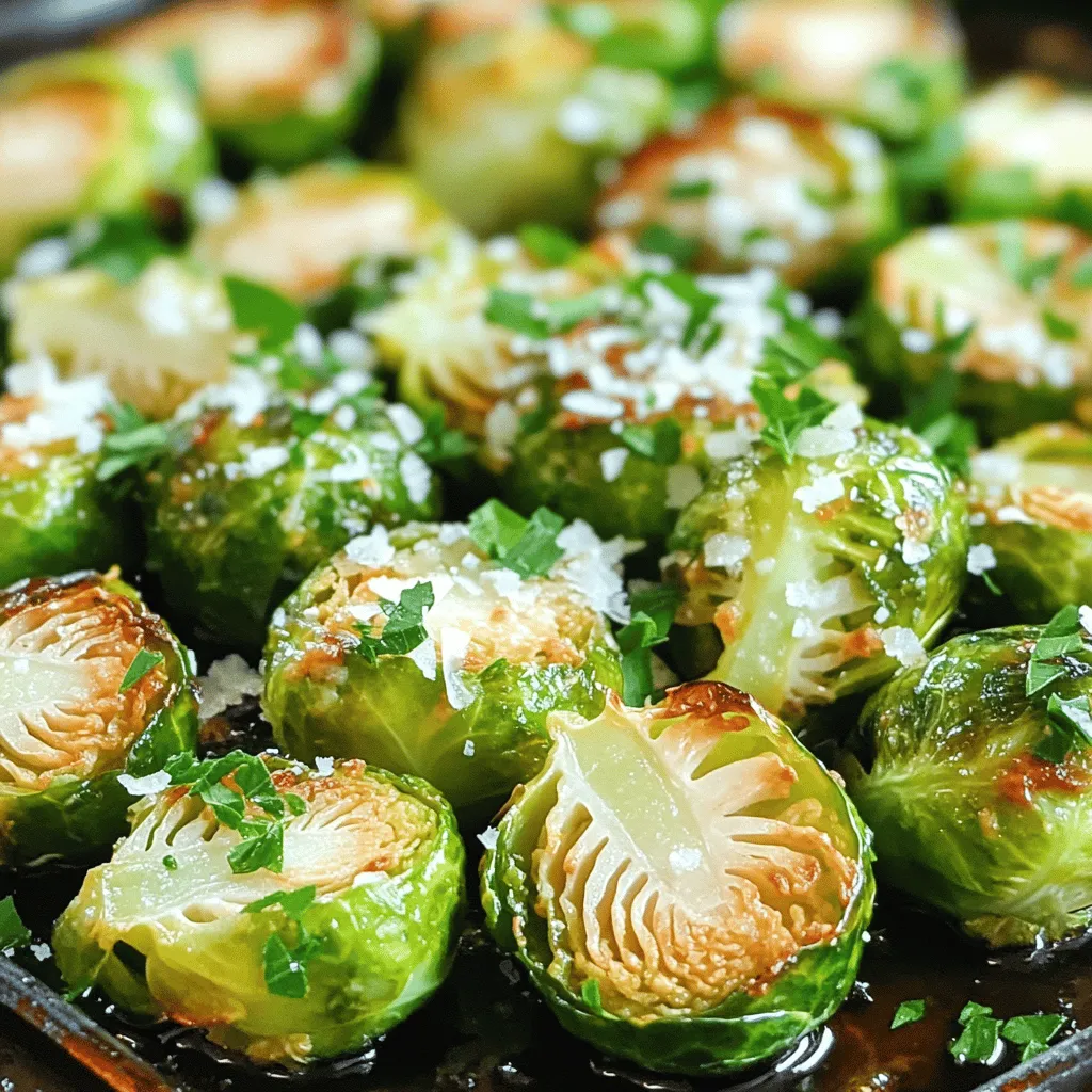 - 1 lb Brussels sprouts, trimmed and halved - 4 cloves garlic, minced - 1/4 cup grated Parmesan cheese - 3 tablespoons olive oil - 1 teaspoon red pepper flakes (optional) - Salt and pepper to taste - 2 tablespoons balsamic vinegar - Fresh parsley, chopped (for garnish) The main stars of this dish are the Brussels sprouts and garlic. I love how Brussels sprouts become soft and sweet when roasted. The minced garlic adds a punch. You can adjust the red pepper flakes to your taste. They give a nice kick but are not a must. Salt and pepper help bring out all the flavors. The balsamic vinegar adds a tangy touch. It works well with the cheese and garlic. I always like to finish with fresh parsley. It adds color and a fresh taste. Each serving of Garlic Parmesan Brussels Sprouts has about 150 calories. They have 5 grams of protein and 10 grams of carbs. You also get about 10 grams of fat, mostly from olive oil. Brussels sprouts are packed with vitamins. They are high in fiber, which is great for digestion. Garlic has many health benefits too. It may help boost your immune system and lower blood pressure. These ingredients not only taste good, but they also support your health. Enjoy this savory side dish knowing you are treating your body well! 1. First, preheat the oven to 400°F (200°C). This helps our Brussels sprouts roast well. 2. Next, take a large mixing bowl. Combine the halved Brussels sprouts, minced garlic, olive oil, red pepper flakes (if you like heat), salt, and pepper. Toss everything until the sprouts are coated well. 3. Now, spread the Brussels sprouts in a single layer on a baking sheet lined with parchment paper. This helps them cook evenly. 1. Place the baking sheet in the preheated oven. Roast the Brussels sprouts for about 20 minutes. They should start to soften and brown. 2. After 20 minutes, take the baking sheet out. Sprinkle the grated Parmesan cheese evenly over the sprouts. This adds a nice, cheesy flavor. 3. Return the baking sheet to the oven. Roast for another 10-15 minutes. Watch for them to turn golden brown and crispy. 1. Once done, remove the baking sheet from the oven. Drizzle balsamic vinegar over the hot Brussels sprouts. This adds a tangy kick. 2. Gently toss the sprouts to mix in the vinegar. 3. Finally, transfer them to a serving dish. Garnish with fresh chopped parsley for a pop of color and flavor. Enjoy your Garlic Parmesan Brussels Sprouts! To achieve crispy Brussels sprouts, start with dry sprouts. Wash them, then dry well. The moisture will steam them instead of roasting. Use a hot oven, set at 400°F (200°C). Spread them out in a single layer. This lets hot air circulate around each sprout. Toss them with olive oil well. An even coating helps them crisp. Using fresh herbs gives a bright taste. Dried herbs work too, but fresh is best. Try adding spices like garlic powder or smoked paprika. They can bring a new twist to your dish. If you love heat, consider different spices beyond red pepper flakes. A pinch of cayenne or chili powder can add depth. Garlic Parmesan Brussels sprouts pair well with many dishes. Serve them next to roasted chicken or grilled fish. They also work well with a hearty grain like quinoa. For garnishing, sprinkle fresh parsley on top. A drizzle of balsamic vinegar adds a nice finish. Consider using a colorful serving dish to make it pop. {{image_2}} You can easily change the taste of Garlic Parmesan Brussels sprouts. One great way is to add lemon zest or juice. This brightens the dish and adds a fresh flavor. Just a teaspoon of zest or a squeeze of juice can make a big difference. Another option is to incorporate bacon or pancetta. This adds a nice crunch and smokiness. Cook the bacon until crispy, then mix it with the Brussels sprouts before roasting. You’ll love the flavor boost! If you want to make this dish vegan, you can substitute the cheese. Use nutritional yeast instead of Parmesan. This gives a cheesy taste without dairy. You can also try vegan cheese shreds. For gluten-free options, this recipe is safe as is. The ingredients do not contain gluten. Just ensure any optional spices you use are gluten-free, too. You can also adapt this dish to fit the season. In the fall, add roasted squash or sweet potatoes. In spring, try mixing in some asparagus. Seasonal vegetables add variety and nutrition to your meal. Adjusting spices can enhance the dish for different seasons. For winter, consider adding warming spices like cinnamon or nutmeg. In summer, fresh herbs like basil or thyme can lighten the flavor. This keeps your Garlic Parmesan Brussels sprouts exciting all year long! To keep your Garlic Parmesan Brussels Sprouts fresh, place them in an airtight container. Make sure they cool down before sealing. This helps retain their taste and texture. You can keep them in the fridge for up to four days. After that, they may lose their crispiness and flavor. When it's time to enjoy leftovers, reheating correctly is key. The best method is to use an oven. Preheat the oven to 350°F (175°C). Spread the Brussels sprouts on a baking sheet. Heat them for about 10 minutes. This way, they regain some crunchiness. You can also use an air fryer for a quicker option, just set it to 350°F for about 5-7 minutes. Yes, you can freeze Garlic Parmesan Brussels Sprouts! To do this, spread the cooked sprouts on a baking sheet in a single layer. Freeze them for about an hour until firm. Then, transfer them to a freezer-safe bag. They can last up to three months in the freezer. When ready to eat, thaw in the fridge overnight. Reheat them in the oven to keep them crispy. How do I choose fresh Brussels sprouts? Choose Brussels sprouts that are bright green and firm. Avoid any that look yellow or wilted. The smaller sprouts tend to be sweeter and more tender. Look for tight, compact heads. Can I make Garlic Parmesan Brussels Sprouts ahead of time? Yes, you can prep them ahead. Trim and halve the sprouts, then mix with garlic and olive oil. Store in the fridge for up to 24 hours. Roast them right before serving for the best taste. Why are my Brussels sprouts soggy? Soggy Brussels sprouts often come from overcooking or too much moisture. Make sure to dry them well after washing. Spread them in a single layer on the baking sheet. This helps them roast, not steam. How do I make sure the garlic doesn’t burn? To avoid burning garlic, mix it in with the sprouts instead of adding it later. Garlic can burn quickly, so keep an eye on it. If it starts browning too fast, cover the dish loosely with foil. Can I use frozen Brussels sprouts? You can use frozen Brussels sprouts, but they may turn out softer. Thaw and drain them first. Pat them dry to remove excess water. This helps keep them crispy during roasting. What can I substitute for Parmesan cheese in this recipe? If you need a substitute for Parmesan, try nutritional yeast for a vegan option. You can also use Pecorino Romano or Grana Padano. Both will add a nice cheesy flavor to the dish. Garlic Parmesan Brussels Sprouts are simple and tasty. We covered the key ingredients, including trimmed sprouts and garlic, that make them shine. I shared steps to roast them to crispy perfection and tips to enhance their flavor. Try adding different spices or making them vegan. Remember, leftovers can be stored in the fridge or frozen. Enjoy your cooking and create your own delicious twists. With these tips, you'll make a dish everyone loves!