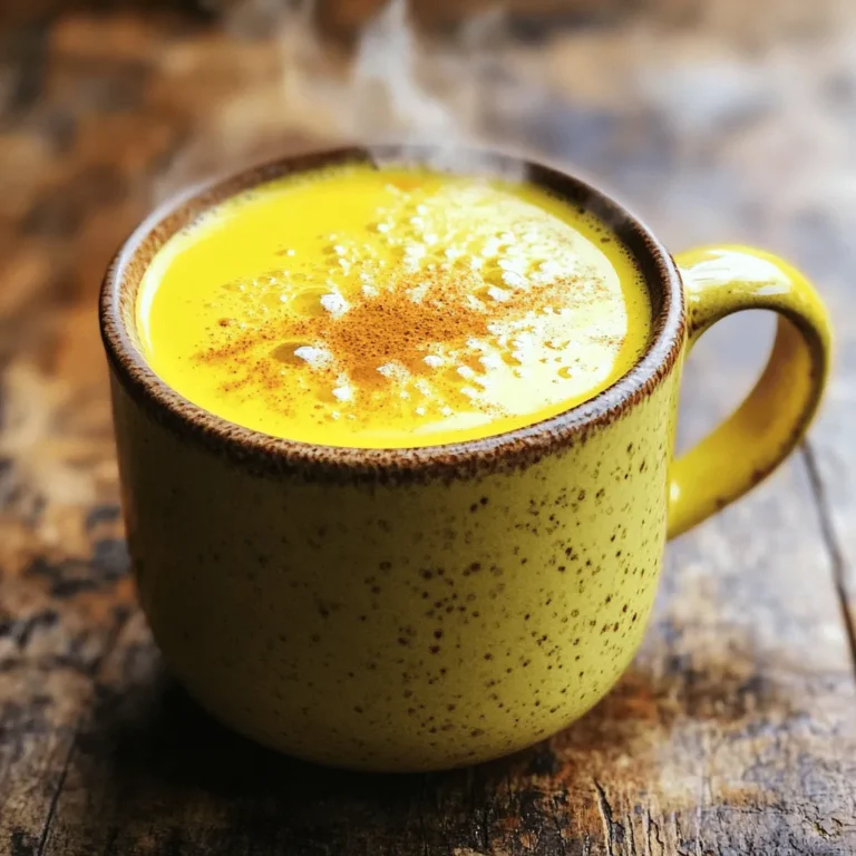 To make the perfect Turmeric Golden Milk Latte, gather these simple ingredients: - 2 cups almond milk (or any milk of choice) - 1 teaspoon ground turmeric - 1/2 teaspoon ground cinnamon - 1 tablespoon honey or maple syrup (to taste) - 1/4 teaspoon ground ginger (or fresh ginger, grated) - A pinch of black pepper - 1/2 teaspoon vanilla extract (optional) - 1 tablespoon coconut oil You can easily swap some ingredients based on what you have: - Use coconut milk instead of almond milk for a richer taste. - Maple syrup can replace honey for a vegan version. - Fresh ginger can replace ground ginger for a bolder flavor. - For no added sugar, skip the sweetener or use stevia. Choosing high-quality ingredients makes a big difference: - Select organic turmeric for the best flavor and health benefits. - Fresh spices offer a stronger taste. Check the date on your spices. - Use pure vanilla extract instead of imitation for better flavor. - Look for cold-pressed coconut oil for a creamier texture. These ingredient tips can help you create a delicious and healthy drink. Enjoy making your Turmeric Golden Milk Latte! To start, gather your ingredients. You need: - 2 cups almond milk (or any milk of choice) - 1 teaspoon ground turmeric - 1/2 teaspoon ground cinnamon - 1 tablespoon honey or maple syrup (to taste) - 1/4 teaspoon ground ginger (or fresh ginger, grated) - A pinch of black pepper - 1/2 teaspoon vanilla extract (optional) - 1 tablespoon coconut oil In a small saucepan, mix the almond milk, ground turmeric, cinnamon, ginger, black pepper, and coconut oil. Stir them well. Heat this mixture over medium heat. Keep stirring until it begins to simmer. Do not let it boil. Once it's hot, remove the saucepan from the heat. Add honey or maple syrup to sweeten. If you like, add the vanilla extract for extra flavor. When heating the milk, be careful. Stir often to prevent burning. If you see bubbles, lower the heat. This drink needs warmth, not boil. The right heat brings out the flavors. You want it cozy and smooth. To make your latte frothy, use a whisk or a frother. Whisk quickly in a circular motion. This adds air and makes the drink light. If you want more froth, blend it longer. Pour the frothy mixture into your favorite mug. For a nice touch, sprinkle a little extra cinnamon on top. Enjoy this creamy and soothing drink! To make your turmeric golden milk latte pop, try these ideas. Use fresh ginger instead of ground ginger. Fresh ginger adds a bright taste. You can also mix in a dash of nutmeg for warmth. A little pinch of cayenne pepper gives it a spicy kick. Experiment with different sweeteners like agave or stevia. Adjust the sweetness to match your taste. You can make this latte quick and easy. Prepare the turmeric base in advance. Store it in the fridge for up to three days. Just reheat it when you want to enjoy your drink. This saves time on busy mornings. If you want, you can also pre-measure your spices and sweeteners. This way, you can grab them quickly when you’re ready. Serve your turmeric latte in your favorite mug. A nice mug makes your drink feel special. You can top it with a sprinkle of cinnamon for extra flavor. Add some whipped coconut cream for a treat. Pair it with a light snack, like fruit or nuts. Enjoy this drink warm, especially on a chilly day. {{image_2}} Turmeric is a golden spice known for its bright color and health perks. It contains curcumin, which has anti-inflammatory properties. Curcumin helps reduce swelling and pain in the body. This spice is also rich in antioxidants, which fight free radicals. These free radicals can harm your cells and lead to disease. Adding turmeric to your latte gives you a natural boost. Each ingredient in your golden milk latte adds to its health value. Almond milk is a great base. It is low in calories and high in vitamin E. Ground cinnamon adds flavor and helps balance blood sugar. Ginger is another star ingredient. It aids digestion and can reduce nausea. Black pepper is key, too. It helps your body absorb turmeric better. Honey or maple syrup sweetens your drink while adding antioxidants. Coconut oil makes it creamy and supports heart health. While turmeric is safe for most, some may experience side effects. High doses can lead to stomach upset or nausea. If you take blood thinners, consult your doctor before consuming turmeric. Pregnant women should also be cautious. It's best to enjoy this drink in moderation. If you have concerns, always talk to a healthcare provider. Enjoy your turmeric golden milk latte and its benefits, but stay aware of how it affects you. You can easily make this drink dairy-free and vegan. Just use almond milk or any plant-based milk. Soy, oat, or coconut milk work great too. These options keep the taste rich and creamy. Using maple syrup instead of honey makes it vegan. This way, you can enjoy a warm cup without animal products. You can customize your turmeric golden milk latte with fun flavors. Try adding a pinch of nutmeg for warmth. A splash of coconut milk adds richness. For a spicy kick, include a dash of cayenne pepper. If you like sweeter drinks, add more maple syrup or honey. You can also mix in protein powder or a scoop of almond butter for extra nutrition. On a hot day, an iced turmeric latte is refreshing. Start with the same base recipe. Heat your milk and spices as usual, then chill it. Pour the cooled mixture over ice. You can blend it with ice for a frothy texture. Add a splash of cold almond milk on top for a creamy finish. Enjoy this cool twist on a classic drink! To make your turmeric golden milk latte vegan, use almond milk or coconut milk. These options keep the drink creamy and rich while staying plant-based. You can also swap honey for maple syrup, which is a great vegan sweetener. Yes, you can use many types of milk. Almond, soy, oat, and coconut milk all work well. Each type brings a unique flavor. Choose what you like best or what you have on hand. You can enjoy turmeric milk daily. It is healthy and soothing. A cup in the morning or evening can be a nice ritual. Just listen to your body and adjust as needed. Turmeric latte can help with weight loss. It has low calories and may boost metabolism. The spices like ginger and cinnamon also support digestion. Pair it with a balanced diet for the best results. Yes, you can easily make a larger batch. Just multiply the ingredients by the number of servings you want. Store any extra in the fridge for later. Reheat before you enjoy your drink again. In this article, we explored the world of turmeric lattes. You learned about the key ingredients, useful substitutions, and tips for choosing high-quality items. We discussed step-by-step instructions for preparing, heating, and blending your drink. You also found helpful tips to enhance flavors and serve your latte. We covered the health benefits and potential side effects of turmeric and other ingredients. Lastly, we shared variations and answered common questions about making this drink. Enjoy experimenting with your turmeric latte to find your perfect taste.