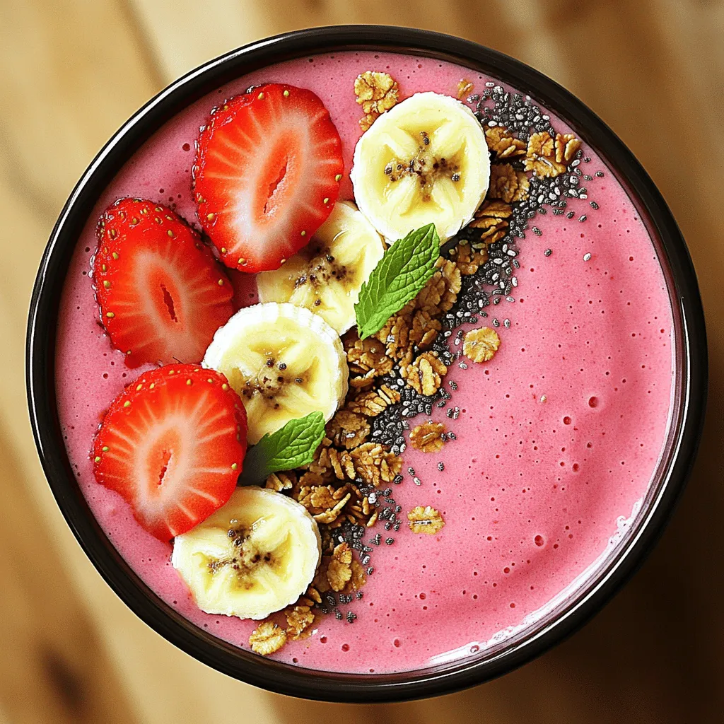 To make a delicious strawberry banana smoothie bowl, gather these fresh ingredients: - 1 cup fresh strawberries, hulled and halved - 1 ripe banana, sliced - 1 cup Greek yogurt (vanilla or plain) - 1/2 cup almond milk (or any milk of choice) These main ingredients create a creamy base that is both tasty and healthy. Fresh strawberries bring a sweet and slightly tart flavor. The ripe banana adds natural sweetness and creaminess. Greek yogurt gives it a rich texture and adds protein. Almond milk makes it smooth and helps blend everything well. You might want to enhance your smoothie bowl with these optional ingredients: - 1 tablespoon honey or maple syrup (optional, to taste) - 1/4 cup granola (your favorite blend) - 1 tablespoon chia seeds - Fresh strawberries and banana slices for topping - A handful of mint leaves for garnish Honey or maple syrup can add sweetness if you like it sweeter. Granola adds crunch, making each bite fun. Chia seeds provide extra nutrients and a nice texture. Topping with fresh fruit and mint leaves not only looks pretty but also adds bright flavors. These choices let you customize your bowl to fit your taste. 1. Combining ingredients in a blender Start by placing the halved strawberries, sliced banana, Greek yogurt, and almond milk into a blender. If you want some sweetness, add honey or maple syrup. It’s best to use a blender that can handle ice, but a regular one works too. 2. Blending for desired consistency Blend on high until the mixture is smooth and creamy. You can stop and check the texture. If it feels too thick, add a little more almond milk. Blend again until it reaches your perfect thickness. 1. Pouring into a bowl Once blended, carefully pour your smoothie into a wide bowl. This lets you show off that lovely color. 2. Adding toppings Now comes the fun part! Sprinkle granola and chia seeds on top. Then, decorate with extra strawberry halves and banana slices. Finally, add some mint leaves for a fresh look. 1. Best practices for serving Serve your smoothie bowl right away. This keeps it fresh and tasty. You can add a drizzle of honey on top if you like it sweeter. 2. Presentation tips Use a colorful bowl to make your smoothie pop. Arrange the toppings nicely. A well-presented bowl makes eating more enjoyable. To get the right texture for your smoothie bowl, you must tweak the liquid amounts. Start with half a cup of almond milk. If you want it thicker, add less. If you like it thinner, add more milk. Blending techniques matter too. Blend on high until smooth. Stop and stir if needed. This helps mix all the fruit well. You can easily customize how sweet your smoothie bowl is. If you want more sweetness, add honey or maple syrup. Start with one tablespoon and blend. Taste it, then add more if you like. You can also use other sweeteners, like agave or stevia, to fit your taste. This smoothie bowl is not only tasty but also healthy. Strawberries are full of vitamin C and antioxidants. Bananas give you potassium, which is great for your heart. Greek yogurt adds protein and probiotics for gut health. Chia seeds are rich in fiber and omega-3 fatty acids. Together, these ingredients boost your health while satisfying your taste buds. {{image_2}} You can make your smoothie bowl even more fun. Try adding other fruits. Blueberries and mango work great! You can mix and match to find your favorite combo. Experimenting with nut butters adds richness too. Almond or peanut butter gives a nice twist. Just a spoonful can change the whole flavor. If you want a dairy-free option, use coconut yogurt instead of Greek yogurt. It tastes great and keeps it creamy. You can also swap almond milk with oat milk or soy milk. For lower-calorie choices, skip the honey or syrup. You can use just a small amount or leave it out entirely. Your smoothie will still be tasty! Using seasonal fruits makes your smoothie bowl fresh and vibrant. In spring and summer, go for ripe peaches or cherries. In fall and winter, use apples or pears. This way, your smoothie bowl stays exciting all year long. Adapting the recipe with what’s in season keeps things fresh and fun! To store leftovers in the fridge, keep your smoothie bowl in an airtight container. This helps prevent spoilage and keeps the flavors fresh. Consume it within 1-2 days for the best taste. If you have toppings like granola or fruit, store them separately. This keeps them crunchy and fresh. You can freeze your smoothie mixture for later use. Pour your blended smoothie into ice cube trays or freezer bags. This makes it easy to grab a portion when you want one. To thaw, leave the smoothie in the fridge overnight. You can also blend it again with a splash of almond milk for a smooth texture. Leftover smoothie bowls can be reinvented easily. Try adding new toppings like nuts or seeds. You can also mix it into oatmeal or use it in pancakes. This way, you enjoy the flavor without wasting food. Get creative with leftover smoothie packs; you can blend them into smoothies or use them in baking! To thicken your smoothie bowl, try these tips: - Use less almond milk. Start with 1/2 cup and add more if needed. - Blend in more frozen fruit. Frozen strawberries or bananas work great. - Add ice cubes. This gives a frosty texture. - Include chia seeds. They expand in liquid and help thicken your mix. You can mix and match these tips to find your perfect thickness. Experimenting helps you discover what works best for you. Yes, you can substitute Greek yogurt with other options: - Use regular yogurt for a similar taste. - Try dairy-free yogurt, such as coconut or almond yogurt. - Silken tofu is a great option for a creamy texture. - Cottage cheese adds protein and a smooth feel. Substituting may change the flavor slightly, but it keeps your smoothie bowl delicious. Here are some popular topping combinations for your smoothie bowl: - Fresh fruit like sliced bananas and strawberries. - Crunchy granola adds texture. Choose your favorite blend. - A sprinkle of chia seeds boosts nutrients. - Nuts or seeds for extra crunch and healthy fat. - A drizzle of honey or maple syrup for added sweetness. Feel free to mix and match toppings based on your taste. Toppings make your smoothie bowl fun and colorful! You learned how to make a delicious smoothie bowl using fresh strawberries, ripe bananas, Greek yogurt, and almond milk. I shared tips to adjust sweetness and create the perfect texture. Variations with seasonal fruits and nut butters can keep things exciting. Remember to store leftovers correctly to enjoy later. Smoothie bowls are versatile and healthy meals. Enjoy experimenting with flavors, toppings, and ingredients. Your journey into smoothie bowls starts here. Dive in and have fun!