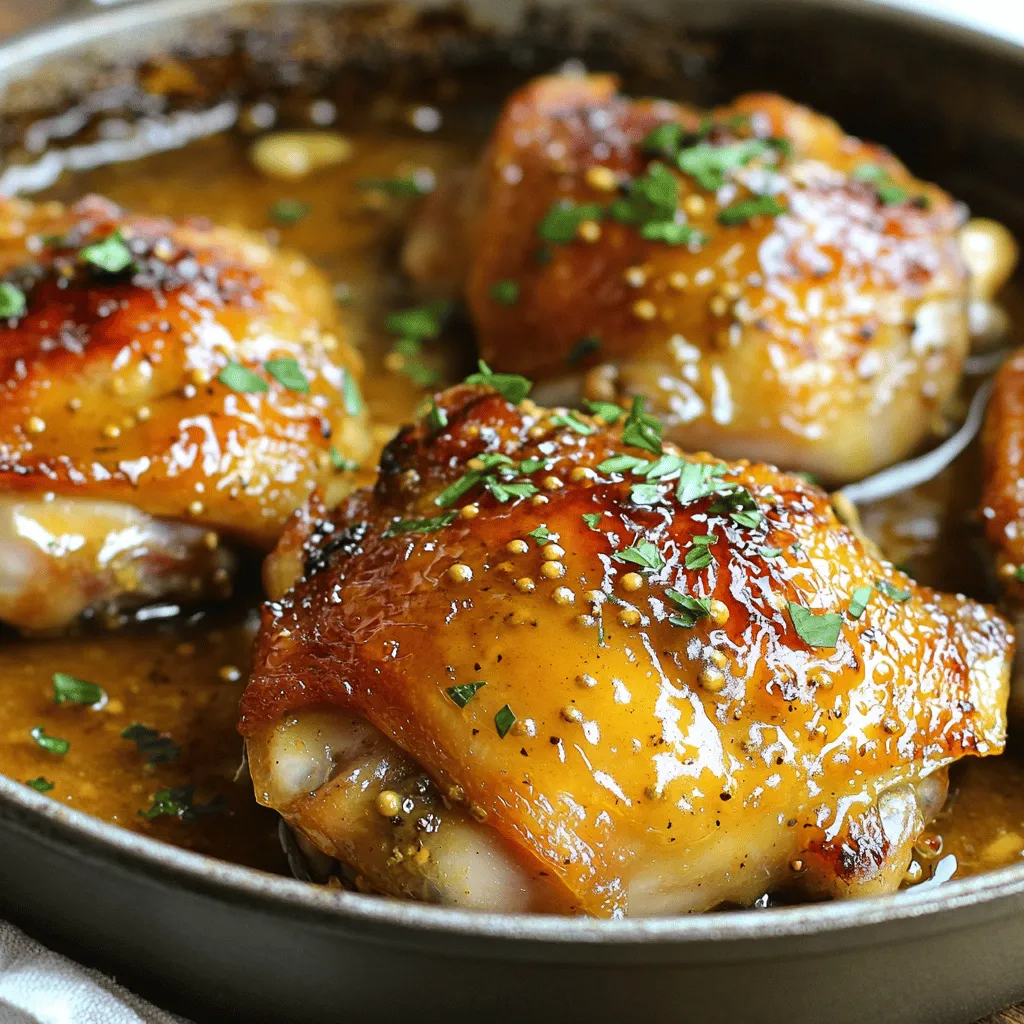 To make honey mustard chicken thighs, gather these key ingredients: - 4 chicken thighs, bone-in and skin-on - 3 tablespoons honey - 2 tablespoons Dijon mustard - 1 tablespoon whole grain mustard - 2 cloves garlic, minced - 1 tablespoon olive oil - Salt and pepper to taste - 1 teaspoon dried thyme - Fresh parsley, chopped (for garnish) Each ingredient plays a role in creating a flavorful dish. The chicken thighs are juicy and rich. Honey adds sweetness, while Dijon and whole grain mustard bring a nice tang. Garlic gives a warm, savory touch. Olive oil helps with cooking and flavor. Thyme adds earthy notes, and salt and pepper enhance everything. Finally, parsley brightens the dish when used as a garnish. I love how simple and fresh these ingredients are. You can find most in your kitchen already. This meal is perfect for any night of the week. - Preheat the oven First, set your oven to 400°F (200°C). This step warms up your kitchen and gets the oven ready for cooking. - Make the marinade In a medium bowl, mix together the honey, Dijon mustard, whole grain mustard, minced garlic, olive oil, salt, pepper, and dried thyme. Whisk until smooth. This marinade brings great flavor to the chicken. - Marinate the chicken Place the chicken thighs in a large zip-top bag or a shallow dish. Pour the honey mustard marinade over them. Seal the bag or cover the dish tightly. Let the chicken marinate in the fridge for at least 30 minutes. If you have time, let it sit for up to 2 hours. This helps the chicken absorb the flavors. - Sear the chicken thighs In a hot oven-safe skillet, add a little oil if needed. Place the chicken thighs skin-side down and cook for about 5 minutes. Look for a nice golden-brown color. This step adds a crunchy texture. - Bake in the oven Flip the chicken thighs over, then pour the leftover marinade on top. Move the skillet to the preheated oven. Bake for 25-30 minutes or until the chicken reaches 165°F (75°C). Use a meat thermometer for accuracy. - Rest and garnish After baking, take the skillet out of the oven. Let the chicken rest for 5 minutes. This keeps the juices inside. Before serving, sprinkle fresh parsley on top for a pop of color. Marinating chicken adds great flavor. I recommend at least 30 minutes in the fridge. For deeper taste, marinate for up to 2 hours. Use a zip-top bag for easy coating. It makes sure every part gets the marinade. If you prefer, a shallow dish works too. Just flip the chicken halfway through. For the best sear, heat your skillet to medium-high. This gives the chicken a nice golden crust. Sear the skin side down for about 5 minutes. Then, check for doneness with a meat thermometer. The chicken should reach 165°F (75°C) to ensure it is safe to eat. Pair Honey Mustard Chicken Thighs with roasted vegetables or fluffy rice. They balance well with the sweet and tangy chicken. For presentation, place the chicken on a large platter. Sprinkle fresh parsley on top for a pop of color. This makes your meal look even more delicious. {{image_2}} You can change up the mustards in this recipe. If you want a milder taste, use yellow mustard. For a spicier kick, try spicy brown mustard. Each type gives a unique flavor to the dish. If you don’t have honey, you can use maple syrup or agave nectar. Both will add sweetness. Remember that maple syrup has a stronger taste. Adjust the amount to fit your preference. Grilling is a great option for Honey Mustard Chicken Thighs. Just marinate the chicken as usual. Then, place the thighs on a hot grill. Cook for about 6-8 minutes on each side. This method gives a nice char and smoky flavor. You can also use a slow cooker. Just put the marinated thighs in the cooker. Set it on low for 6-8 hours or high for 3-4 hours. This method makes the chicken very tender and juicy. Adding spices can really boost the taste. Try paprika for warmth or red pepper flakes for heat. These spices blend well with the mustard and honey flavors. You can mix in some soy sauce or Worcestershire sauce to the marinade. This adds depth and umami to the dish. You can also drizzle extra sauce on the chicken before serving. After enjoying your honey mustard chicken thighs, store any leftovers in the fridge. Place the chicken in an airtight container. This keeps the chicken fresh for up to three days. If you used a shallow dish, cover it tightly with plastic wrap. This prevents the chicken from drying out. If you want to keep your chicken longer, freezing is a great option. First, let the chicken cool completely. Then, wrap each piece in plastic wrap. Afterward, place them in a freezer bag. Squeeze out as much air as possible before sealing. This helps avoid freezer burn. You can freeze the chicken for up to three months. To reheat, take the chicken out of the freezer and thaw it in the fridge overnight. Once thawed, you can heat it in the oven or microwave. If using an oven, preheat it to 350°F (175°C). Bake the chicken for about 15-20 minutes. Check that it reaches 165°F (75°C) before serving. Enjoy your tasty meal again! You can enjoy Honey Mustard Chicken Thighs with many tasty sides. Here are some ideas: - Roasted vegetables: Carrots and broccoli pair well. - Mashed potatoes: Creamy potatoes balance the dish. - Rice: Fluffy white or brown rice soaks up the sauce. - Salad: A fresh green salad adds crunch. - Quinoa: This grain is healthy and filling. Yes, you can use chicken breasts. However, cooking times change. Breasts cook faster than thighs. They usually need about 20-25 minutes in the oven. Make sure they reach 165°F (75°C) for safety. Thighs stay juicier, so adjust your time if you switch. You can store leftover chicken in the fridge for up to four days. Keep it in an airtight container. If you want to save it longer, freeze the chicken. It can last up to three months in the freezer. Always reheat to 165°F (75°C) before eating. This blog post covers a delicious recipe for honey mustard chicken thighs. We explored the key ingredients, step-by-step instructions, and helpful tips. You learned how to marinate, cook, and serve the chicken perfectly. Variations can make this meal even more exciting. Proper storage keeps leftovers fresh and tasty. With this guide, you can create a flavorful dish your friends and family will love. Enjoy your cooking adventure and share your results!