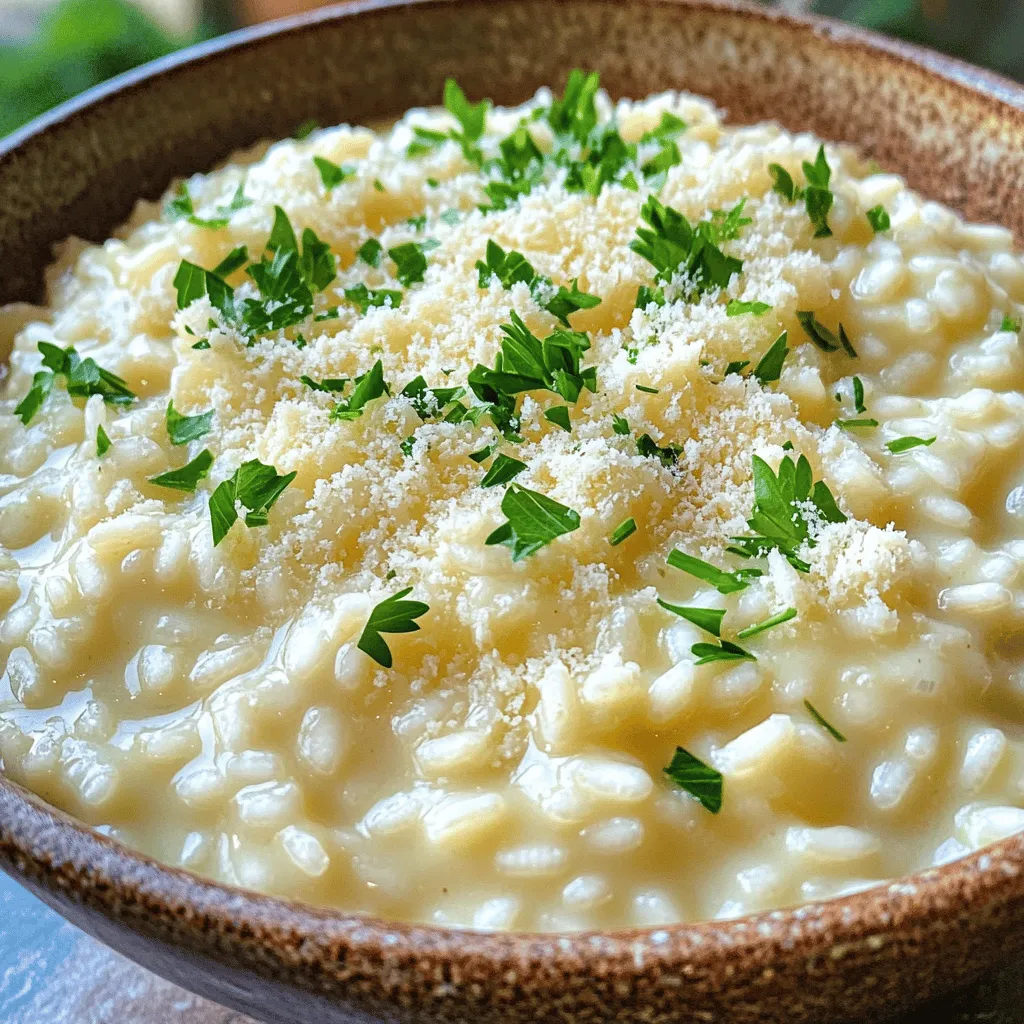 To make creamy garlic Parmesan risotto, you need the following: - 1 cup Arborio rice - 4 cups vegetable broth (warm) - 1 medium onion, finely chopped - 3 cloves garlic, minced - 1 cup grated Parmesan cheese - 1/2 cup heavy cream - 2 tablespoons olive oil - 2 tablespoons unsalted butter - Salt and freshly ground black pepper to taste - Fresh parsley for garnish (optional) - Zest of 1 lemon (optional, for a fresh twist) Start by gathering all your ingredients. Measure out the rice, cheese, and cream. Chop the onion finely. Mince the garlic cloves. Warm the vegetable broth in a saucepan over medium heat. Keep it warm on low heat while you cook. This step is key for a smooth risotto. Using fresh ingredients makes a big difference. Look for high-quality Arborio rice. It should feel slightly sticky. Use fresh garlic for the best flavor. Grate your Parmesan cheese right before using it. Freshly grated cheese melts better and tastes richer. If possible, choose organic vegetable broth. It adds more depth to your dish. Fresh parsley gives a nice touch, and lemon zest brightens the flavors beautifully. Start by warming your vegetable broth. Use a medium saucepan. Heat it until it is warm, then lower the heat. Keeping it warm helps the rice cook evenly. If the broth is cold, it will slow down cooking. In a large skillet, add olive oil and one tablespoon of butter. Heat it over medium heat. Next, add your chopped onion. Cook the onion until it is soft, which takes about three to four minutes. Then, add minced garlic. Cook for one more minute. This step fills your kitchen with a great smell! Now it’s time for the Arborio rice. Add it to the skillet. Stir the rice to coat it in the oil. Toast the rice for about one to two minutes. You want the grains to look slightly clear. This step brings out the nutty flavor of the rice. It’s time to add the broth. Use a ladle to scoop up the warm broth. Pour one ladle into the rice. Stir well and let the rice absorb the broth. Repeat this process, adding a ladle at a time. Stir continuously until the rice is creamy and al dente. This should take about 18 to 20 minutes. When the rice is cooked, remove the skillet from the heat. Stir in the last tablespoon of butter, the heavy cream, and the Parmesan cheese. Mix until it is creamy and smooth. Season with salt, pepper, and lemon zest if you want. Let the risotto rest for a minute. This makes it even creamier before you serve. To get a creamy risotto, you must stir often. This helps the rice release its starch. Use Arborio rice, as it has a high starch content. When you add broth, do it slowly. Add one ladle at a time and wait until it's absorbed. This process takes about 18-20 minutes. You want the rice to be soft but still slightly firm. When you finish cooking, mix in heavy cream and Parmesan cheese. This step adds richness and creaminess. You can boost flavors in your risotto. Try adding sautéed mushrooms or peas for extra texture. Fresh herbs like thyme or basil can add a nice touch. If you like a bit of zing, add lemon zest. It brightens the dish. You can also mix in cooked shrimp or chicken for protein. Always remember to taste as you go. Adjust the salt and pepper to your liking. One common mistake is adding all the broth at once. This can result in uneven cooking. Another mistake is not stirring enough. Stirring helps create that creamy texture. Don’t rush the process. It takes time to make risotto. Lastly, avoid overcooking the rice. You want it to be al dente. If you follow these tips, your risotto will be a hit! {{image_2}} You can make a great vegetarian risotto by using vegetable broth. This keeps the dish rich and full of flavor. You can also add seasonal veggies. Try mushrooms, spinach, or asparagus for extra taste and color. Each veggie adds its own charm, making every bite special. For a gluten-free option, just ensure your broth is gluten-free. Arborio rice is naturally gluten-free, making it a safe choice. You can also use quinoa as a substitute if you want. Quinoa gives a nutty flavor while keeping the dish light and healthy. You can take your risotto to the next level by adding fun ingredients. Here are some ideas: - Mushrooms: Sautéed mushrooms add depth. - Peas: Sweet peas bring a lovely pop of color. - Lemon Zest: For a fresh twist, add lemon zest. - Herbs: Fresh herbs like basil or thyme enhance flavor. - Seafood: Shrimp or scallops make it fancy. Get creative! Each addition can change the taste and feel of your risotto. Enjoy making it your own! To keep your risotto fresh, store it in an airtight container. Make sure it cools down first. Then, place it in the fridge. Use it within three days for the best taste. Label the container with the date. This way, you know when to eat it. When reheating risotto, add a splash of broth or water. This helps restore creaminess. Heat it in a saucepan over low heat. Stir often to avoid sticking. You can also use a microwave. Just cover the dish and add liquid. Heat in short bursts, stirring in between. You can freeze risotto, but it may change texture. To freeze, let it cool completely. Then, portion it into freezer bags. Remove as much air as possible before sealing. It will last up to three months. When ready to eat, thaw it overnight in the fridge. Reheat as mentioned above for best results. The best rice for risotto is Arborio rice. This rice has a high starch content. It gives risotto its creamy texture. Other good options are Carnaroli and Vialone Nano. Both also have high starch levels. You can make risotto ahead, but it’s not ideal. Risotto tastes best fresh. If you must, cook it, then cool it quickly. Store it in the fridge for up to two days. To reheat, add a bit of broth and stir. To make risotto less creamy, use less heavy cream. You can also reduce the amount of cheese. Another tip is to cook it a little less, so it stays firmer. Creamy Garlic Parmesan Risotto pairs well with many dishes. Try it with grilled chicken or sautéed shrimp. A fresh salad also complements the flavors. For a vegetarian option, serve it with roasted vegetables. Enjoy a glass of white wine for a perfect meal! Understanding the key ingredients and steps is vital for making great risotto. Quality ingredients enhance flavor and texture, while proper preparation ensures success. Remember to follow each step closely for the best results. Don’t skip the tips, as they help you avoid common mistakes. Try different variations to keep risotto fresh and exciting. Lastly, proper storage and reheating can maintain its creamy goodness for future meals. Enjoy your risotto journey!