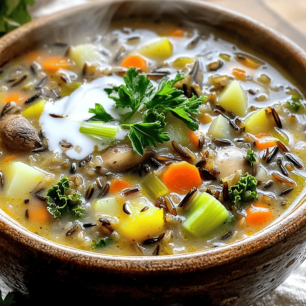 To make Cozy Harvest Wild Rice Soup, gather these key ingredients: - 1 cup wild rice, rinsed - 3 tablespoons olive oil - 1 medium onion, diced - 2 cloves garlic, minced - 2 carrots, chopped - 2 celery stalks, chopped - 1 potato, diced - 6 cups vegetable broth - 1 cup sliced mushrooms (button or cremini) - 1 teaspoon dried thyme - 1 teaspoon dried rosemary - 1 cup kale, chopped - Salt and pepper to taste - 1 cup coconut milk (for creaminess) - Fresh parsley, chopped (for garnish) These ingredients create a warm and hearty soup. Each one adds unique flavors and textures. You can enhance your soup with these optional ingredients: - 1 cup spinach, for added greens - 1 cup diced bell pepper, for sweetness - 1 tablespoon lemon juice, for brightness - A dash of hot sauce, for heat Adding these ingredients can give your soup a new twist. They can also add extra nutrients. If you do not have some ingredients, here are some substitutions: - Use brown rice instead of wild rice. - Substitute vegetable broth with chicken broth for a richer flavor. - Coconut milk can be replaced with heavy cream or almond milk for creaminess. - Any leafy green can replace kale, such as Swiss chard or collard greens. These swaps can help you make the soup with what you have on hand. You can still enjoy delicious flavors! 1. Start by rinsing 1 cup of wild rice under cold water. This helps remove any dust. 2. Dice 1 medium onion and set it aside. Chop 2 carrots and 2 celery stalks. 3. Peel and dice 1 potato. Slice 1 cup of mushrooms. I prefer button or cremini. 4. Mince 2 cloves of garlic. Chop 1 cup of kale. Gather your herbs and spices. 1. In a large pot, heat 3 tablespoons of olive oil over medium heat. 2. Add the diced onion. Sauté for about 5 minutes until it turns soft and clear. 3. Stir in the minced garlic, chopped carrots, and celery. Cook for an extra 3-4 minutes. 4. Add the diced potato and sliced mushrooms. Mix everything well. 5. Pour in 6 cups of vegetable broth and bring it to a gentle boil. 6. Add the rinsed wild rice, 1 teaspoon of dried thyme, and 1 teaspoon of dried rosemary. 7. Season with salt and pepper to taste. Lower the heat and let it simmer for 40-45 minutes. 8. Check when the wild rice is tender and has split open. 9. Stir in the chopped kale and 1 cup of coconut milk. Heat for another 5 minutes. 1. Taste your soup. Adjust the seasoning if needed with more salt or pepper. 2. Serve the soup hot in bowls. Garnish with fresh chopped parsley on top. 3. Enjoy this warm and cozy dish with your favorite bread or crackers. To get the best texture in your Cozy Harvest Wild Rice Soup, choose high-quality wild rice. Rinsing the rice helps remove any grit and keeps it clean. Cook the soup low and slow to let the flavors mix well. I find that simmering for 40-45 minutes gives the rice a perfect bite. Adding kale at the end keeps it fresh and bright. Store any leftovers in an airtight container. Make sure to cool the soup down before sealing it. This step helps prevent spoilage. It keeps well in the fridge for up to four days. If you want to save it longer, consider freezing it. Just label your container with the date, so you know when you made it. Cooking on a budget is easy with this soup. Use seasonal veggies, as they are often cheaper. You can swap out the mushrooms for more carrots or celery if needed. Buy wild rice in bulk to save money. Canned coconut milk is usually affordable and adds great creaminess. This soup is tasty and friendly to your wallet! {{image_2}} You can easily make this soup vegan and gluten-free. Just use vegetable broth. The wild rice is already gluten-free, so you’re good there. Replace coconut milk with almond milk or oat milk for a lighter option. This keeps the soup rich and tasty without any dairy. Want to boost the nutrient content? Try adding more vegetables. Spinach, broccoli, or zucchini work great. You can also toss in some beans for protein. Chickpeas or white beans add a nice touch. They blend well with the creamy soup and give it a heartier feel. This soup is versatile with seasonal ingredients. In fall, add butternut squash for sweetness. During summer, fresh corn adds a nice crunch. In winter, use root veggies like parsnips or turnips. You can adjust the herbs too. Fresh herbs like basil or dill can brighten the flavors. You can store your Cozy Harvest Wild Rice Soup in the fridge. Use a sealed container for this. Make sure it cools down before you cover it. This soup stays fresh for about 3 to 5 days. When you want to eat it again, just check for any off smells. If you want to save it longer, freezing works great. Pour the soup into freezer-safe bags or containers. Leave some space at the top, as it expands when frozen. You can freeze it for up to 3 months. Label the bags with the date so you know when to use them. To reheat the soup, you can use the stove or microwave. On the stove, pour the soup into a pot. Heat it over medium until hot, stirring often. If using the microwave, put it in a bowl. Heat in short bursts, stirring in between. Always check the temperature before serving. Enjoy your warm bowl! Wild rice takes about 40 to 45 minutes to cook in soup. You want the rice to be tender and split open. If you cook it too short, the rice will be hard. If you cook it too long, it may get mushy. Keeping an eye on it helps! Yes, you can use other rice types. Brown rice or white rice work well. However, they have different cooking times. Brown rice takes about 30 to 40 minutes, while white rice cooks in about 15 to 20 minutes. Adjust your cooking time based on the rice you choose. This soup pairs well with crusty bread or a fresh salad. A simple green salad with vinaigrette adds a nice crunch. You can also serve it with crackers for extra texture. These sides round out the meal and make it even more enjoyable. To add spice, try using cayenne pepper or crushed red pepper flakes. Start with a small amount, like 1/4 teaspoon, and taste as you go. You can also add chopped jalapeños for a fresh kick. Spice levels depend on your taste, so adjust as needed. Yes, you can make this soup in a slow cooker! Just follow these steps: - Sauté the onion, garlic, and veggies in a pan first. - Transfer everything to the slow cooker. - Add broth, wild rice, herbs, salt, and pepper. - Cook on low for 6 to 8 hours, or on high for 3 to 4 hours. This method is perfect for busy days! In this post, we explored how to make Cozy Harvest Wild Rice Soup. We discussed key ingredients and optional items that enhance flavor. I shared step-by-step instructions, tips for best texture, and storage advice. We also covered variations for different diets and answered common questions. I hope this soup brings warmth and joy to your meals. Enjoy making it your own!