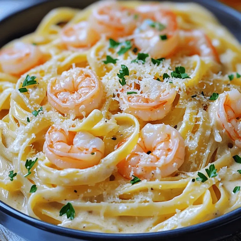 - 8 ounces fettuccine pasta - 1 pound large shrimp, peeled and deveined - 4 tablespoons unsalted butter - 4 cloves garlic, minced - 1 cup heavy cream - 1 cup grated Parmesan cheese - Salt and pepper to taste - 2 tablespoons chopped fresh parsley (for garnish) For this Garlic Parmesan Shrimp Alfredo, you need a few simple items. First, grab the fettuccine pasta. This type of pasta works best for soaking up the creamy sauce. Next, get large shrimp that are peeled and deveined. Fresh shrimp makes a big difference in taste. Butter is the next ingredient. Use unsalted butter to control the saltiness in your dish. You will need garlic, which adds a rich flavor. Mince four cloves for the best taste. Heavy cream gives the sauce that creamy texture. You also need grated Parmesan cheese for a cheesy kick. Salt and pepper will enhance the flavors, so add them to your liking. Lastly, fresh parsley adds a pop of color and freshness. With these ingredients, you can create a delightful meal in just 15 minutes. Make sure to gather everything before you start cooking. This will help you stay organized and make the process smooth. Enjoy the journey of creating this tasty dish! 1. First, bring a large pot of salted water to a boil. 2. Add 8 ounces of fettuccine pasta to the boiling water. 3. Cook the pasta until it is al dente. This usually takes about 8 to 10 minutes. 4. Once ready, drain the pasta and set it aside. 1. In a large skillet, melt 4 tablespoons of unsalted butter over medium heat. 2. Add 4 cloves of minced garlic to the skillet and sauté for about 30 seconds. This will make your kitchen smell amazing! 3. Now, add 1 pound of peeled and deveined shrimp. Season with salt and black pepper. 4. Cook the shrimp for about 2 to 3 minutes on each side. They should turn pink and be fully cooked. 1. Pour in 1 cup of heavy cream to the skillet with shrimp. Stir well to mix. 2. Bring the mixture to a low simmer. 3. Gradually whisk in 1 cup of grated Parmesan cheese until the sauce is smooth and creamy. 4. Toss the cooked fettuccine pasta into the skillet. Make sure the pasta is well-coated with the sauce and shrimp. To cook shrimp just right, watch for their color. They should turn pink and opaque. This takes about 2-3 minutes on each side. If they are overcooked, they become tough. Season with salt and pepper before cooking for the best flavor. Add cheese slowly to make a creamy sauce. If you dump it all in at once, it can clump. Start with a little and whisk well. If the sauce is too thick, you can add a splash of water or cream to loosen it up. Serve in deep pasta bowls for a nice look. This helps keep the sauce and shrimp in place. For a pop of color, sprinkle extra parsley on top. A bit of extra Parmesan cheese also adds a tasty touch. {{image_2}} You can brighten up your Garlic Parmesan Shrimp Alfredo with some veggies. Spinach, bell peppers, and broccoli work great. They add color and nutrients. Just toss these veggies in the skillet with the shrimp. Cook them until they soften a bit. This adds flavor and makes the dish more filling. If you want to switch up the protein, chicken and scallops are great choices. Cook the chicken pieces or scallops just like the shrimp. For a vegetarian option, try mushrooms. They soak up the sauce well and add a nice texture. You can use any kind of mushrooms. Just slice them and cook them with the garlic. You can play with different pasta shapes too. Linguine and penne are both excellent options. Each shape holds the sauce differently. If you need gluten-free options, look for rice or corn-based pasta. They work well in this dish and taste great too. Just make sure to cook them according to the package instructions. To keep your Garlic Parmesan Shrimp Alfredo fresh, store leftovers in the fridge. Use airtight containers to prevent moisture loss. Make sure to cool the dish before sealing. This helps keep the shrimp tender and the sauce creamy. Leftovers can last up to three days in the fridge. When reheating, you have two good choices: the microwave or stovetop. If you use the microwave, place the pasta in a bowl. Add a splash of cream or water to keep it moist. Heat it in short bursts. Stir after each burst to avoid hot spots. For stovetop, use a skillet over low heat. Add a little butter or cream to rehydrate the dish. This will help avoid a dried-out texture. Yes, you can freeze Garlic Parmesan Shrimp Alfredo! To do this, cool it completely first. Then, place it in freezer-safe containers. Leave some space at the top for expansion. This dish can last up to two months in the freezer. When ready to eat, thaw it in the fridge overnight. Reheat gently to restore its creamy goodness. This dish takes just 15 minutes to make. - Prep time is 5 minutes. - Cooking time takes about 10 minutes. You can serve it fast and enjoy a tasty meal. Yes, you can use frozen shrimp. - Thaw the shrimp before cooking. - Place them in cold water for 10-15 minutes. - Pat them dry before adding to the skillet. This will help them cook evenly. Garlic Parmesan Shrimp Alfredo is tasty but rich. - One serving has about 600 calories. - It includes protein from shrimp and healthy fats from butter and cream. - Consider portion size if you watch calories. You can add veggies for more nutrients. This dish pairs well with many sides. - A simple green salad adds freshness. - Garlic bread is great for soaking up sauce. - Steamed vegetables provide a nice crunch. These sides create a balanced meal and enhance flavor. You’ve learned how to make a delicious Garlic Parmesan Shrimp Alfredo. We covered key ingredients, cooking steps, and tips for the best results. You can also customize it with veggies or different proteins. Store leftovers properly, and reheating tips will help keep it tasty. This dish is not only satisfying but also fun to prepare. Enjoy impressing friends and family with your cooking skills!