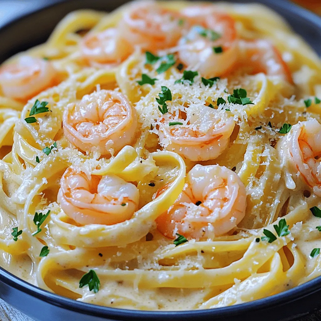 - 8 ounces fettuccine pasta - 1 pound large shrimp, peeled and deveined - 4 tablespoons unsalted butter - 4 cloves garlic, minced - 1 cup heavy cream - 1 cup grated Parmesan cheese - Salt and pepper to taste - 2 tablespoons chopped fresh parsley (for garnish) For this Garlic Parmesan Shrimp Alfredo, you need a few simple items. First, grab the fettuccine pasta. This type of pasta works best for soaking up the creamy sauce. Next, get large shrimp that are peeled and deveined. Fresh shrimp makes a big difference in taste. Butter is the next ingredient. Use unsalted butter to control the saltiness in your dish. You will need garlic, which adds a rich flavor. Mince four cloves for the best taste. Heavy cream gives the sauce that creamy texture. You also need grated Parmesan cheese for a cheesy kick. Salt and pepper will enhance the flavors, so add them to your liking. Lastly, fresh parsley adds a pop of color and freshness. With these ingredients, you can create a delightful meal in just 15 minutes. Make sure to gather everything before you start cooking. This will help you stay organized and make the process smooth. Enjoy the journey of creating this tasty dish! 1. First, bring a large pot of salted water to a boil. 2. Add 8 ounces of fettuccine pasta to the boiling water. 3. Cook the pasta until it is al dente. This usually takes about 8 to 10 minutes. 4. Once ready, drain the pasta and set it aside. 1. In a large skillet, melt 4 tablespoons of unsalted butter over medium heat. 2. Add 4 cloves of minced garlic to the skillet and sauté for about 30 seconds. This will make your kitchen smell amazing! 3. Now, add 1 pound of peeled and deveined shrimp. Season with salt and black pepper. 4. Cook the shrimp for about 2 to 3 minutes on each side. They should turn pink and be fully cooked. 1. Pour in 1 cup of heavy cream to the skillet with shrimp. Stir well to mix. 2. Bring the mixture to a low simmer. 3. Gradually whisk in 1 cup of grated Parmesan cheese until the sauce is smooth and creamy. 4. Toss the cooked fettuccine pasta into the skillet. Make sure the pasta is well-coated with the sauce and shrimp. To cook shrimp just right, watch for their color. They should turn pink and opaque. This takes about 2-3 minutes on each side. If they are overcooked, they become tough. Season with salt and pepper before cooking for the best flavor. Add cheese slowly to make a creamy sauce. If you dump it all in at once, it can clump. Start with a little and whisk well. If the sauce is too thick, you can add a splash of water or cream to loosen it up. Serve in deep pasta bowls for a nice look. This helps keep the sauce and shrimp in place. For a pop of color, sprinkle extra parsley on top. A bit of extra Parmesan cheese also adds a tasty touch. {{image_2}} You can brighten up your Garlic Parmesan Shrimp Alfredo with some veggies. Spinach, bell peppers, and broccoli work great. They add color and nutrients. Just toss these veggies in the skillet with the shrimp. Cook them until they soften a bit. This adds flavor and makes the dish more filling. If you want to switch up the protein, chicken and scallops are great choices. Cook the chicken pieces or scallops just like the shrimp. For a vegetarian option, try mushrooms. They soak up the sauce well and add a nice texture. You can use any kind of mushrooms. Just slice them and cook them with the garlic. You can play with different pasta shapes too. Linguine and penne are both excellent options. Each shape holds the sauce differently. If you need gluten-free options, look for rice or corn-based pasta. They work well in this dish and taste great too. Just make sure to cook them according to the package instructions. To keep your Garlic Parmesan Shrimp Alfredo fresh, store leftovers in the fridge. Use airtight containers to prevent moisture loss. Make sure to cool the dish before sealing. This helps keep the shrimp tender and the sauce creamy. Leftovers can last up to three days in the fridge. When reheating, you have two good choices: the microwave or stovetop. If you use the microwave, place the pasta in a bowl. Add a splash of cream or water to keep it moist. Heat it in short bursts. Stir after each burst to avoid hot spots. For stovetop, use a skillet over low heat. Add a little butter or cream to rehydrate the dish. This will help avoid a dried-out texture. Yes, you can freeze Garlic Parmesan Shrimp Alfredo! To do this, cool it completely first. Then, place it in freezer-safe containers. Leave some space at the top for expansion. This dish can last up to two months in the freezer. When ready to eat, thaw it in the fridge overnight. Reheat gently to restore its creamy goodness. This dish takes just 15 minutes to make. - Prep time is 5 minutes. - Cooking time takes about 10 minutes. You can serve it fast and enjoy a tasty meal. Yes, you can use frozen shrimp. - Thaw the shrimp before cooking. - Place them in cold water for 10-15 minutes. - Pat them dry before adding to the skillet. This will help them cook evenly. Garlic Parmesan Shrimp Alfredo is tasty but rich. - One serving has about 600 calories. - It includes protein from shrimp and healthy fats from butter and cream. - Consider portion size if you watch calories. You can add veggies for more nutrients. This dish pairs well with many sides. - A simple green salad adds freshness. - Garlic bread is great for soaking up sauce. - Steamed vegetables provide a nice crunch. These sides create a balanced meal and enhance flavor. You’ve learned how to make a delicious Garlic Parmesan Shrimp Alfredo. We covered key ingredients, cooking steps, and tips for the best results. You can also customize it with veggies or different proteins. Store leftovers properly, and reheating tips will help keep it tasty. This dish is not only satisfying but also fun to prepare. Enjoy impressing friends and family with your cooking skills!