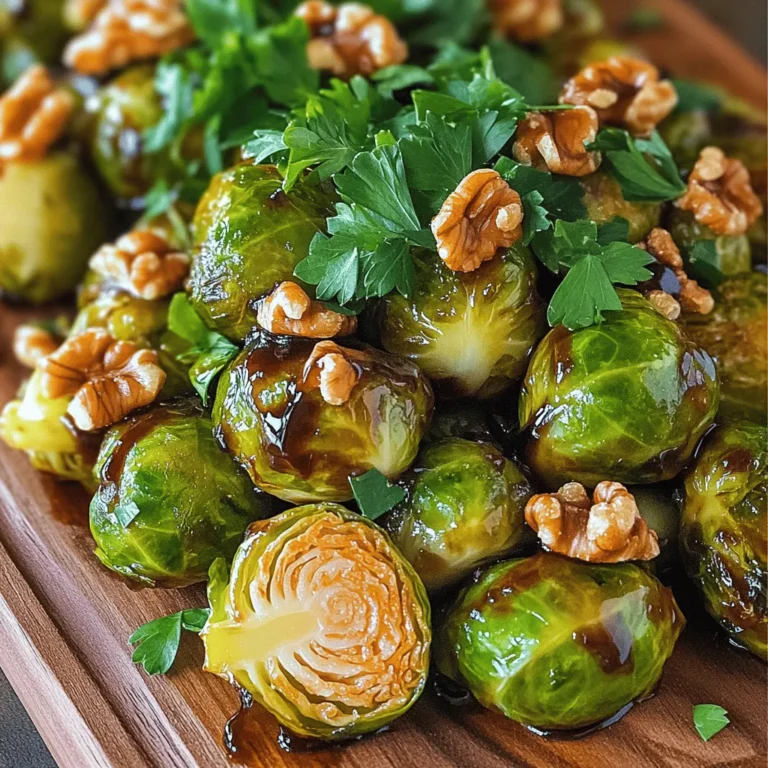 To make this dish, you need a few key items: - 1 pound Brussels sprouts, trimmed and halved - 3 tablespoons balsamic vinegar - 2 tablespoons honey - 2 tablespoons olive oil - 2 cloves garlic, minced - Salt and pepper to taste These core ingredients create the rich, tangy flavor and that delightful caramelization. If you want to take your Brussels sprouts to the next level, consider these: - 1/4 cup toasted walnuts, chopped - 2 tablespoons fresh parsley, chopped (for garnish) The walnuts add crunch, while parsley gives a fresh touch. You can mix and match to suit your taste. This dish is not just tasty; it is also healthy. Here’s a quick look at the nutrition per serving: - Calories: 180 - Protein: 3g - Carbohydrates: 15g - Fat: 12g - Fiber: 4g Balsamic glazed Brussels sprouts are a great side dish packed with nutrients. Enjoy guilt-free! First, take 1 pound of Brussels sprouts. Trim off the dry ends and cut them in half. This helps them cook evenly. Next, place them in a large bowl. In the same bowl, add 3 tablespoons of balsamic vinegar, 2 tablespoons of honey, and 2 tablespoons of olive oil. Then, add 2 cloves of minced garlic, salt, and pepper. Whisk these together until they mix well. Now, toss the halved Brussels sprouts in the glaze. Make sure they are fully coated. Spread them out on a baking sheet lined with parchment paper. Roast them in a preheated oven at 400°F for 20-25 minutes. Stir them halfway through for even cooking. In the last 5 minutes, sprinkle 1/4 cup of chopped walnuts on top. Once done, take them out and let them cool a bit. Drizzle any leftover glaze over the sprouts. Finally, garnish with 2 tablespoons of chopped fresh parsley before serving. To get that nice caramelization, start by cutting the Brussels sprouts in half. This helps them cook evenly. Toss them well in the balsamic mixture. Make sure every piece is coated. Lay them out flat on a baking sheet. This gives them room to roast well. Stir them halfway through cooking. It ensures all sides caramelize nicely. Roasting at 400°F (200°C) gives a sweet, brown finish. If you want to change things up, try using maple syrup instead of honey. It adds a different sweet touch. You can also swap walnuts for pecans or almonds. They bring a nice crunch. For a spicy kick, add crushed red pepper flakes. Fresh thyme or rosemary can also add great flavor. Don’t be afraid to get creative! Balsamic glazed Brussels sprouts pair well with many dishes. They go great with roasted chicken or pork. Serve them alongside quinoa for a healthy meal. You can also include them in a salad with mixed greens. Their sweet and savory taste adds depth to any plate. Enjoy exploring different combinations! {{image_2}} You can easily make this dish vegan. Just swap honey for maple syrup. This keeps the sweet flavor while making it plant-based. The rest of the recipe stays the same. The balsamic glaze pairs nicely with the Brussels sprouts, even without honey. Feel free to add more veggies to this dish. Carrots, sweet potatoes, or even bell peppers work well. Just cut them into similar sizes as the Brussels sprouts. This way, they cook evenly. Toss them in the same balsamic mixture for extra flavor. You can change up the nuts and herbs for new tastes. Try pecans or almonds instead of walnuts. Each nut brings a different crunch and flavor. For herbs, consider thyme or rosemary. These add a lovely aroma and taste to the dish. Experiment to find your perfect mix! After your meal, let the Brussels sprouts cool. Place them in an airtight container. Store in the fridge for up to three days. This keeps them fresh and tasty. To reheat, preheat your oven to 350°F (175°C). Spread the sprouts on a baking sheet. Bake for about 10-15 minutes. This method helps keep them crisp. You can also use the microwave. Heat in 30-second bursts until warm. If you want to freeze them, first cool the sprouts completely. Spread them in a single layer on a baking sheet. Freeze for about one hour, then transfer to a freezer bag. They can last up to three months. When ready to eat, thaw in the fridge overnight. Reheat as described above for the best taste. Yes, you can use frozen Brussels sprouts. They will cook well in this dish. Just make sure to thaw them first. Pat them dry before you mix them with the glaze. This helps them crisp up nicely. The flavor will still shine through, but fresh sprouts taste better. If you need a substitute for honey, try maple syrup or agave nectar. Both options add sweetness. They also blend well with balsamic vinegar. You can even use brown sugar mixed with a little water. This will help to mimic the sweetness of honey. To add some heat, sprinkle red pepper flakes into the balsamic glaze. You can also add diced jalapeños or a dash of hot sauce. Mix these in when you whisk the glaze. Start with a small amount and taste it. You can always add more if you like it spicier. Balsamic glazed Brussels sprouts are a flavorful side dish anyone can make. We covered essential ingredients, steps for the glaze, and tips for the best results. You learned how to customize the dish with various variations and pairings. Remember, enjoy experimenting and make this dish your own. Whether it’s a family dinner or a gathering, these sprouts will impress everyone. Now, go ahead and cook up some deliciousness!