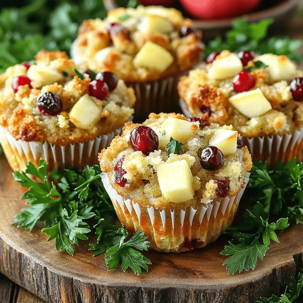 For these tasty muffins, gather the following items: - 4 cups bread cubes (preferably day-old) - 1 cup fresh cranberries (or dried cranberries) - 1 large apple, peeled and diced (Granny Smith recommended) - 1/2 cup onion, finely chopped - 1/2 cup celery, finely chopped - 1/4 cup fresh parsley, chopped - 1 teaspoon dried thyme - 1/2 teaspoon ground cinnamon - 2 cups vegetable broth - 1/4 cup unsalted butter, melted - Salt and pepper to taste - 2 large eggs, beaten (optional, for binding) You can swap some ingredients if needed. Use any bread you have on hand. Whole grain bread adds a nice touch. If fresh cranberries are not available, dried ones work well. They add sweetness. You can change the apple type too. Honeycrisp or Fuji apples add a different flavor. For a veggie boost, add bell peppers or carrots instead of celery. If you want a vegan version, skip the eggs. You can use flaxseed meal mixed with water to bind the mix. Fresh cranberries give a tart flavor to the muffins. They burst with juice when baked. Dried cranberries are sweeter and chewier. They add a different texture and taste. If you want a balance, mix both types. This way, you’ll enjoy the tart and sweet flavor in each bite. When using dried cranberries, soak them in warm water for 10 minutes. This helps them plump up and stay moist in the muffins. To make these muffins, gather your ingredients and tools. You will need: - 4 cups bread cubes (preferably day-old) - 1 cup fresh cranberries (or dried cranberries) - 1 large apple, peeled and diced (Granny Smith recommended) - 1/2 cup onion, finely chopped - 1/2 cup celery, finely chopped - 1/4 cup fresh parsley, chopped - 1 teaspoon dried thyme - 1/2 teaspoon ground cinnamon - 2 cups vegetable broth - 1/4 cup unsalted butter, melted - Salt and pepper to taste - 2 large eggs, beaten (optional, for binding) You also need a muffin tin, cooking spray or muffin cups, and mixing bowls. Preheat your oven to 350°F (175°C). Grease the muffin tin or line it with cups. Start by mixing the bread cubes, cranberries, diced apple, onion, celery, parsley, thyme, and cinnamon in a large bowl. Stir until the ingredients are well combined. In another bowl, whisk the vegetable broth, melted butter, and eggs if you use them. Season this mixture with salt and pepper. Next, pour the liquid mixture over the bread and other ingredients. Gently fold everything together. Make sure all the bread pieces are moist but do not break them apart too much. Let the mixture sit for about 10 minutes. This step helps all the flavors meld together. Now, spoon the mixture into the muffin tins. Fill each cup about 3/4 full. Bake for 25 to 30 minutes. The muffins should turn golden brown on top. A toothpick inserted into the center should come out clean. Once baked, let them cool for a few minutes in the tin before moving them to a wire rack. To ensure your muffins cook evenly, keep these tips in mind: - Use bread cubes that are the same size. This helps them cook at the same rate. - Mix all ingredients well to avoid dry spots in your muffins. - Allow the mixture to rest for 10 minutes. This step helps with moisture absorption. - Rotate the muffin tin halfway through baking. This promotes even cooking. Following these tips will help you create perfectly baked Cranberry Apple Stuffing Muffins every time! To get the best texture in your muffins, use day-old bread. Fresh bread can be too soft. Cut the bread into cubes, about one inch thick. This helps them hold their shape. Make sure to mix your ingredients well, but don't overdo it. Gently fold everything together. This keeps the muffins light and fluffy. One big mistake is not letting the mixture sit. Allowing it to rest for ten minutes helps the bread soak up liquid. Another mistake is overfilling the muffin tin. Fill each cup about three-quarters full. This gives the muffins room to rise without spilling over. Lastly, don't skip seasoning. Salt and pepper boost the flavors. You can add more depth with spices. Try adding a pinch of nutmeg along with cinnamon. Fresh herbs, like thyme or rosemary, can also add a nice touch. For an extra crunch, mix in chopped nuts or seeds. If you want sweetness, consider a drizzle of honey or maple syrup. These small tweaks can make a big difference in taste. {{image_2}} You can easily change up this recipe with seasonal ingredients. In the fall, add roasted butternut squash or pumpkin. In the spring, try fresh peas or asparagus for a pop of color and taste. Seasonal swaps keep the muffins fresh and exciting all year long. These muffins can be both savory and sweet. Add crumbled sausage or bacon for a hearty twist. If you love sweet flavors, toss in chocolate chips or dried fruit like apricots. Mixing sweet and savory can create a unique taste that everyone will love. You can make these muffins gluten-free by using gluten-free bread. Make sure to check the label for any hidden gluten. For a vegan option, skip the eggs and use flaxseed meal mixed with water as a binder. This keeps the muffins light and fluffy while meeting dietary needs. To keep your cranberry apple stuffing muffins fresh, store them in an airtight container. This helps prevent them from drying out. If you plan to eat them within a few days, keep them at room temperature. Just make sure they are completely cool before sealing them up. If you want to store them longer, the fridge is a good option. When you want to enjoy your muffins again, reheating is easy. You can use the microwave or the oven. For the microwave, heat them for about 15-20 seconds. Check to see if they are warm enough. If you prefer the oven, preheat it to 350°F (175°C). Place the muffins on a baking sheet and heat for about 10 minutes. This will keep them soft and tasty. Freezing these muffins is a great way to save them for later. First, let them cool completely. Then, wrap each muffin tightly in plastic wrap. Place the wrapped muffins in a freezer bag or container. This helps to prevent freezer burn. They can last up to three months. When you're ready to eat, just thaw them in the fridge overnight or at room temperature. Enjoy your muffins whenever you want! You can prepare these muffins a day before you plan to serve them. Just follow the recipe until you fill the muffin tins. Cover the filled muffin tin with plastic wrap and place it in the fridge. When you're ready, bake them directly from the fridge. This saves time and helps the flavors blend nicely. Yes, stale bread works great for this recipe. It holds the moisture better and adds texture. Just cut it into cubes and use it as you would fresh bread. If your bread is very stale, you may want to toast it lightly to ensure it mixes well with the other ingredients. Serve these muffins warm or at room temperature. They make a great side dish for holiday meals or family dinners. You can also enjoy them with a bit of butter or cranberry sauce. For a festive touch, arrange them on a decorative platter with fresh herbs or cranberries. - 4 cups bread cubes (preferably day-old) - 1 cup fresh cranberries (or dried cranberries) - 1 large apple, peeled and diced (Granny Smith recommended) - 1/2 cup onion, finely chopped - 1/2 cup celery, finely chopped - 1/4 cup fresh parsley, chopped - 1 teaspoon dried thyme - 1/2 teaspoon ground cinnamon - 2 cups vegetable broth - 1/4 cup unsalted butter, melted - Salt and pepper to taste - 2 large eggs, beaten (optional, for binding) In this article, we explored the ingredients, preparation, and cooking tips for Cranberry Apple Stuffing Muffins. I shared substitutions to suit your needs, options for fresh and dried cranberries, and methods to get the best flavor. Remember to store muffins properly and consider the variations for different diets. With these tips, you can create tasty muffins every time. Enjoy baking these delicious treats and feel free to adjust them to your taste!