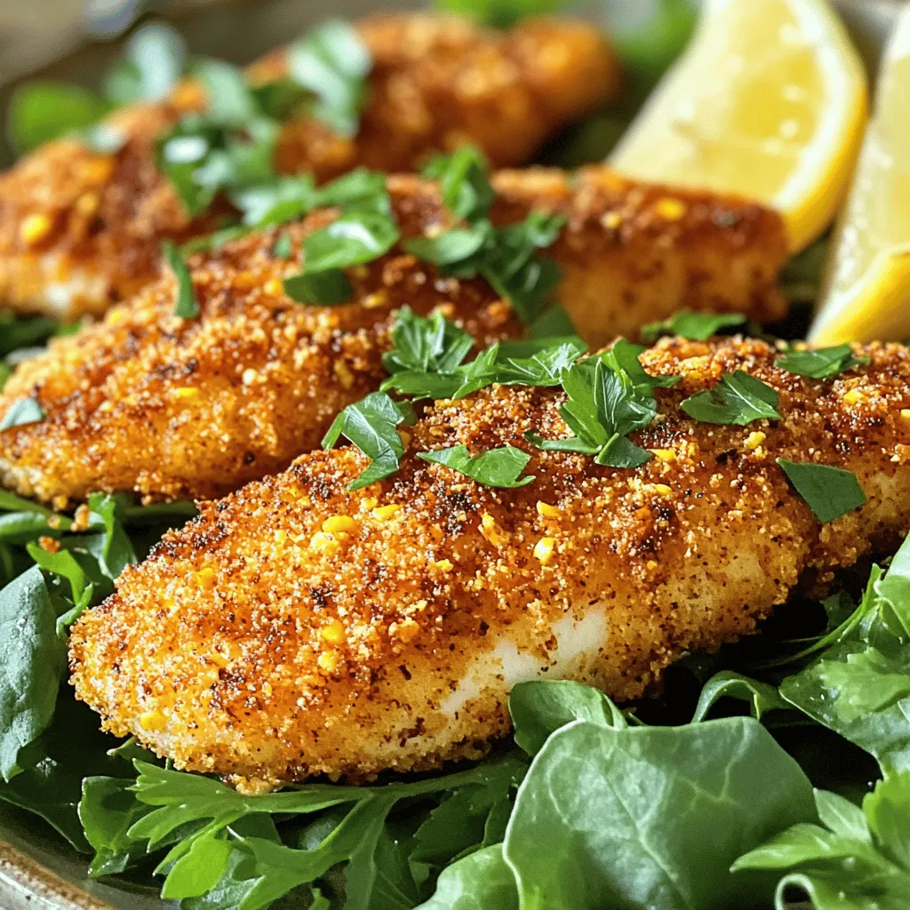 To make Spicy Cajun Air Fryer Catfish, gather these ingredients: - 4 catfish fillets - 1 cup buttermilk - 1 cup cornmeal - 2 tablespoons Cajun seasoning - 1 teaspoon garlic powder - 1 teaspoon onion powder - 1/2 teaspoon cayenne pepper (adjust to taste) - Salt and pepper to taste - Cooking spray or olive oil spray These ingredients work together to create a crispy, flavorful dish. The catfish fillets soak in buttermilk, making them tender and juicy. The seasoning mix is the star of this dish. Here’s a closer look: - Cajun seasoning: This adds the classic spicy flavor. It usually combines paprika, cayenne, garlic, and other spices. - Garlic powder: This adds depth and a savory taste. - Onion powder: This brings a sweet, onion-like flavor. - Cayenne pepper: This gives a kick. Adjust it based on your spice level. - Salt and pepper: Essential for enhancing all the flavors. Mix these spices well for an even coating on your catfish. If you’re missing some ingredients, don’t worry! Here are some substitutes: - Catfish fillets: You can use tilapia or cod for a similar texture. - Buttermilk: Mix regular milk with a splash of lemon juice or vinegar. - Cornmeal: Panko breadcrumbs can work for a different crunch. - Cajun seasoning: Use a mix of paprika, cumin, and chili powder instead. Feel free to adjust these ingredients based on what you have at home! Start by soaking the catfish fillets in buttermilk. This step is key for flavor and tenderness. Let the fish soak for at least 30 minutes. While you wait, you can prepare your seasoning mix. In a large bowl, mix together the cornmeal, Cajun seasoning, garlic powder, onion powder, cayenne pepper, salt, and pepper. Make sure to stir well so all the spices blend. Once your fish has soaked, take it out of the buttermilk, letting any extra liquid drip off. Dredge each fillet in the cornmeal mix, pressing down lightly. This helps the coating stick well. Preheat your air fryer to 400°F (200°C) for about five minutes. Lightly spray the air fryer basket with cooking spray. Arrange the coated fillets in a single layer, making sure they aren't touching. This allows hot air to circulate and makes them crispy. After placing the fillets, spray the tops with more cooking spray. Cook the catfish for 10-12 minutes. Flip them halfway through to get an even cook. You’ll know they are done when they turn golden brown and flake easily with a fork. If they need more time, cook for an extra 2-3 minutes. Once done, let the fillets rest for a minute before serving. To get that desired crunch, use fresh cornmeal. It coats the fish better. After dredging, press the cornmeal into the fillets. This helps it stick. Spray the tops with cooking spray before cooking. This adds crispiness. Flip the fillets halfway for even browning. If they stick, use a spatula to free them. Soaking the catfish in buttermilk is key. It adds flavor and keeps the fish moist. Let it soak for at least 30 minutes. For more flavor, add hot sauce to the buttermilk. You can also mix in some lemon juice. This enhances the taste even more. If your catfish isn’t crispy, check the cooking spray. Make sure to use enough. If the fillets are overcooked, they may dry out. Adjust the cooking time as needed. If the fish sticks, try a non-stick spray. For uneven cooking, ensure the air fryer basket isn’t overcrowded. {{image_2}} You can change the flavor of your spicy Cajun air fryer catfish by using different spices. Try adding smoked paprika for a rich taste. You could use lemon pepper for a zesty kick. For a unique twist, consider adding dill or a splash of hot sauce to the buttermilk. Each of these options can change the dish while keeping it tasty. If you want a healthier version, reduce the amount of cornmeal. You can use whole wheat flour instead. This will keep the crust crunchy but add more fiber. You might also replace buttermilk with low-fat yogurt or a plant-based milk. These swaps help cut calories while still tasting great. When you serve your catfish, think about what sides to include. A fresh green salad or coleslaw pairs well and adds crunch. For a heartier meal, serve it with brown rice or quinoa. You can also add a side of spicy remoulade or tartar sauce for dipping. Garnish with lemon wedges for a bright finish. To keep your leftover catfish fresh, let it cool first. Place it in an airtight container. Store the container in your fridge. The catfish stays good for about 2 to 3 days. If you want to enjoy it later, freezing is a great option. When you reheat catfish, aim for crispiness. The best way is to use the air fryer. Preheat the air fryer to 350°F (175°C). Place the catfish in the basket for about 5 to 7 minutes. This method keeps the coating crispy. You can also reheat it in a skillet over medium heat. Just add a little oil to keep it from drying out. If you want to freeze your catfish, wrap each fillet in plastic wrap. Then place the wrapped fillets in a freezer bag. Try to remove as much air as possible. Label the bag with the date. You can freeze it for up to 3 months. When ready to eat, thaw it in the fridge overnight before reheating. You can tell catfish is done when it flakes easily with a fork. The flesh should look opaque and no longer translucent. If you are unsure, cook it a bit longer. I recommend checking it after 10 minutes. If it needs more time, add 2-3 more minutes. This helps ensure you get that perfect texture. Yes, you can use frozen catfish fillets. Just make sure to thaw them first. A quick way to do this is to leave them in the fridge overnight. If you need them fast, place them in cold water for about 30 minutes. This way, the fillets will cook evenly and absorb the buttermilk well. The best oil for air frying catfish is a high smoke point oil. I recommend using olive oil or avocado oil. These oils help achieve that crispy texture without burning. Just a light spray on the fillets before cooking works great! This blog post covered how to make Spicy Cajun Air Fryer Catfish. We discussed needed ingredients, seasoning mixes, and why substitutes work. I shared steps for preparing, coating, and air frying the fish for the best crunch. You also learned tricks for marinating and fixing common problems. We looked at variations, storage tips, and answered good questions about cooking catfish. Enjoy cooking this tasty dish at home, and feel free to explore your flavor options!