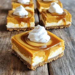 To make Caramel Pumpkin Cheesecake Bars, gather these ingredients: - 1 ½ cups graham cracker crumbs - ½ cup unsalted butter, melted - 1 cup canned pumpkin puree (look for 100% pure pumpkin) - 2 (8 oz) packages cream cheese, softened (use full-fat for richness) - 1 cup granulated sugar - 2 large eggs (room temperature for better mixing) - 1 teaspoon vanilla extract - 1 teaspoon cinnamon - ½ teaspoon nutmeg - ½ teaspoon ginger - ¼ teaspoon salt - 1 cup caramel sauce (store-bought or homemade) - Whipped cream for topping (optional) When choosing pumpkin puree, always check the label for additives. Pure pumpkin gives the best flavor. For cream cheese, allow it to soften at room temperature. This helps create a smooth filling. If you need alternatives, here are some great options: - Cream Cheese: Use ricotta cheese or Greek yogurt for a lighter version. - Graham Cracker Crumbs: For a gluten-free option, use almond flour or gluten-free graham crackers. - Vegan Options: Replace cream cheese with cashew cream or silken tofu blended until smooth. Use flax eggs instead of regular eggs (1 tablespoon ground flaxseed + 2.5 tablespoons water = 1 egg). These substitutions can help tailor the recipe to your needs while still keeping it delicious. To make the crust, start by preheating your oven to 350°F (175°C). Take a 9x13 inch baking pan and line it with parchment paper. Leave some overhang to lift the bars out later. In a medium bowl, mix together 1 ½ cups of graham cracker crumbs and ½ cup of melted unsalted butter. Stir until it looks like wet sand. Press this mixture firmly into the bottom of your baking pan. This forms a nice, sturdy crust. Next, bake the crust for about 10 minutes. This helps it set nicely. Once done, take it out and let it cool a bit. Now, let’s make the cheesecake filling. In a large mixing bowl, beat 2 packages of softened cream cheese until smooth. Add in 1 cup of granulated sugar and keep mixing until it's well combined. Then, pour in 1 cup of canned pumpkin puree, 2 large eggs, 1 teaspoon of vanilla extract, 1 teaspoon of cinnamon, ½ teaspoon of nutmeg, ½ teaspoon of ginger, and ¼ teaspoon of salt. Mix everything until the batter is smooth and free of lumps. Pour this creamy pumpkin cheesecake filling over your cooled crust. Use a spatula to spread it evenly. Finally, drizzle 1 cup of caramel sauce over the filling. You can create a fun pattern with a knife or skewer. Swirl it gently for a beautiful marbled look. Now it's time to bake. Place the pan in the oven and bake for about 30 to 35 minutes. You want the edges to be set, but the center can be a bit jiggly. To reduce cracks, turn off the oven after baking and crack the door open. Let the bars cool in the oven for about an hour. This gentle cooling helps keep the top smooth. Once cooled, place the pan in the fridge for at least 4 hours. For the best results, chill overnight. This helps the flavors meld together. When you're ready to serve, lift the bars out of the pan using the parchment paper. Use a sharp knife to cut them into squares. For a nice touch, top each square with a dollop of whipped cream and a drizzle of caramel sauce. Enjoy your tasty fall delight! To get a smooth cheesecake filling, make sure your cream cheese is soft. I recommend letting it sit at room temperature for about 30 minutes. This helps it mix better with other ingredients. You want to avoid lumps in your batter. If you mix well, your filling will be creamy and smooth. Room temperature ingredients are key for a great texture. When you use cold eggs or pumpkin, it makes the batter harder to blend. Always take out your eggs and pumpkin puree ahead of time. This small step can make a big difference in the final product. Want to add more flavor? Try adding extra spices like allspice or cloves. You can also use a dash of vanilla bean paste for a more intense taste. These small tweaks can elevate the overall flavor profile. When applying the caramel sauce, drizzle it over the cheesecake filling in a fun pattern. Use a knife or skewer to swirl it in. This not only adds flavor but also creates a beautiful marbled look. A little goes a long way, so don’t overdo it! Plating is important for these bars. To serve them, slice them into neat squares. Place each square on a colorful plate for a nice pop. You can add a dollop of whipped cream on top for a creamy finish. For an eye-catching touch, drizzle some additional caramel sauce over the bars before serving. Add a sprinkle of cinnamon or a few pecans for extra flair. These small details make your dessert not just tasty, but beautiful, too! {{image_2}} You can change up your caramel pumpkin cheesecake bars based on the seasons. For example, add chocolate chips in winter for a rich twist. In spring, try mixing in some fresh berries for a fruity flavor. In summer, consider adding nuts like pecans or walnuts for crunch. You can also play with pumpkin spice. More cinnamon or a dash of clove can give it a cozy touch. If you need a low-sugar version, swap granulated sugar for a sugar substitute. Options like erythritol or stevia work well. For a gluten-free treat, use gluten-free graham cracker crumbs instead of regular ones. If you want a dairy-free option, use vegan cream cheese. Just make sure it’s soft and creamy. These adjustments let everyone enjoy this tasty treat without worry. To keep your caramel pumpkin cheesecake bars fresh, store them in the fridge. Use an airtight container to prevent them from drying out. Make sure to separate layers with parchment paper if stacking. This way, the bars stay intact and tasty. They will last about 5 to 7 days in the fridge. You can freeze these bars for later enjoyment. First, cut them into squares. Wrap each piece tightly in plastic wrap. Then, place them in a freezer-safe bag or container. This helps keep them fresh and prevents freezer burn. To thaw, simply move them to the fridge for a few hours or overnight. This keeps the quality intact and ready to serve. How long do these bars last in the fridge? These bars stay fresh in the fridge for about five days. Store them in an airtight container. This keeps them moist and tasty. Can I make them ahead of time? Yes, you can make these bars a day or two before serving. Just be sure to cool and refrigerate them properly. They taste even better after resting. What can I substitute for eggs if needed? You can use flaxseed meal or applesauce as an egg substitute. Mix one tablespoon of flaxseed with three tablespoons of water. Let it sit for five minutes. For applesauce, use 1/4 cup for each egg. What to do if the cheesecake cracks? If your cheesecake cracks, don't worry! It can still taste great. To avoid this, let the bars cool slowly in the oven. Keep the oven door slightly open after baking. If cracks appear, you can cover them with whipped cream or extra caramel sauce. How to fix runny cheesecake filling? If your filling is runny, it may need more time in the oven. Check if the edges are set but the center is jiggly. If it remains runny after baking, you can chill it longer in the fridge. This can help it firm up. What goes well with caramel pumpkin cheesecake bars? These bars pair well with whipped cream, nuts, or a sprinkle of cinnamon. You can add a drizzle of caramel sauce on top for extra flavor. These toppings enhance the fall vibe. Beverage pairings for this dessert? Enjoy these bars with a warm cup of spiced chai or a rich coffee. A glass of cold milk also complements the flavors nicely. These drinks balance the sweet and creamy notes of the cheesecake. This post covered everything you need for delicious caramel pumpkin cheesecake bars. I shared ingredient lists, along with substitutes for special diets. You learned how to prepare, bake, cool, and serve these tasty treats. With the right tips, your bars will look and taste great. Feel free to get creative with flavors and presentation. Remember, storage and freezing techniques help keep your dessert fresh. Enjoy making these bars for any occasion!