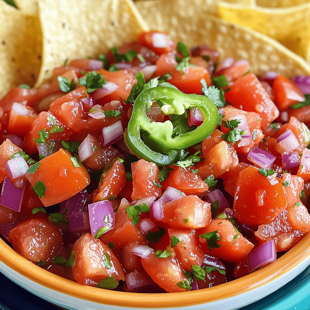 - 4 ripe Roma tomatoes, finely diced - 1 small red onion, finely chopped - 1 jalapeño pepper, seeds removed and minced - 1/4 cup fresh cilantro, chopped - 2 tablespoons fresh lime juice - Salt to taste - Pepper to taste To create a fresh and zesty pico de gallo, you need ripe Roma tomatoes. They have a sweet flavor that shines in this salsa. You can find these tomatoes at most grocery stores. Next, grab a small red onion. It adds a nice crunch and sweetness. For heat, use a jalapeño pepper. Be sure to remove the seeds if you want less spice. If you love heat, leave some seeds in. Fresh cilantro is key; it gives a bright taste. Lime juice is also essential. It adds tang and freshness. Lastly, have salt and pepper on hand for seasoning. - Cutting board - Sharp knife - Mixing bowl - Measuring spoons Having the right tools makes cooking easier. A cutting board gives you a safe space to chop. Use a sharp knife for clean cuts on your tomatoes and onion. A mixing bowl is where all the magic happens. You’ll mix your fresh ingredients here. Measuring spoons help you add the right amount of lime juice, salt, and pepper to taste. Dicing tomatoes Start by taking four ripe Roma tomatoes. Cut off the tops and bottoms. Place each tomato on its side. Slice it in half, then scoop out the seeds. Now, dice the tomato into small pieces. Aim for uniform size. This helps with texture. Chopping onion Next, grab a small red onion. Cut off both ends, then peel off the skin. Slice the onion in half. Lay it flat and chop it into small pieces. Make sure to add it to the bowl with the diced tomatoes. Mince jalapeño Now, take the jalapeño pepper. Cut off the top and slice it in half. Remove the seeds if you want less heat. If you like spice, keep them in. Finely mince the pepper and add it to the bowl. Combining ingredients in a bowl In a large mixing bowl, mix the diced tomatoes, chopped onion, and minced jalapeño. Then, add a quarter cup of chopped fresh cilantro. Make sure you have all the colors in the bowl. It looks great and tastes even better. Seasoning tips Squeeze two tablespoons of fresh lime juice into the mix. Now, sprinkle salt and pepper to taste. Start with a small amount. You can always add more later. Use a spoon to gently mix everything together. Allowing flavors to meld Once mixed, let your pico de gallo sit for about 10-15 minutes. This time helps the flavors blend. You will notice a more vibrant taste after it sits. Serve with tortilla chips for a tasty snack! To make your pico de gallo shine, adjust the lime juice and salt. Start with 2 tablespoons of lime juice. Taste it, then add more if you want a zesty kick. Salt brings out the flavors, so sprinkle it in slowly. Mix well and taste again. Letting the salsa sit before serving is key. Let it rest for 10-15 minutes. This helps the flavors blend together. You will taste the difference when you dig in! Want to make your pico de gallo unique? Try adding minced garlic. It adds a nice depth. You could also mix in diced avocado for creaminess. If you like heat, play with spice levels. Keep the jalapeño seeds in for more kick. Or use a hotter pepper like serrano. Adjust it to suit your taste! {{image_2}} You can change the taste of pico de gallo by switching up the tomatoes. While Roma tomatoes are my go-to, you can use vine-ripened or cherry tomatoes for a sweeter twist. Each type brings a unique flavor and texture to your salsa. Next, think about herbs. Fresh cilantro is classic, but you can try fresh parsley or even mint for a different flair. Each herb adds its own character to the mix, making it fun to experiment. Cuban-style pico de gallo includes some extra flavors. Some recipes add diced green bell peppers or a touch of vinegar. This gives it a zesty kick that pairs well with grilled meats. If you want to get creative, add tropical fruits like mango or pineapple. These fruits bring a fresh sweetness that contrasts nicely with the spice of jalapeño. This style is perfect for summer parties or barbecues. To keep your pico de gallo fresh, use an airtight container. This helps keep out air and moisture. Place the salsa in the fridge right after making it. Make sure it cools to room temperature first. This step helps keep flavors bright. For best results, consume your pico de gallo within a few days. Each time you open the container, use a clean utensil. This keeps the salsa safe and tasty. Pico de gallo can last about 3 to 5 days in the fridge. If you see any mold or it smells off, it’s time to toss it. Always trust your senses. You can freeze pico de gallo if you want to keep it longer. Just place it in a freezer-safe bag. Make sure to squeeze out as much air as possible. It can last about 2 to 3 months in the freezer. When you’re ready to use it, thaw it in the fridge overnight. The texture may change slightly, but the flavor stays great! Pico de Gallo is fresh, chunky, and made with raw ingredients. It uses diced tomatoes, onions, and peppers. Salsa can be smooth and cooked, with more variations in texture. Both are tasty, but their textures and methods set them apart. You can think of Pico de Gallo as a fresh salad. Salsa often feels more like a sauce. Yes, you can prepare Pico de Gallo ahead. Just remember, it tastes best fresh. If you make it early, store it in the fridge. This keeps it cool and fresh. Letting it sit for a little while helps the flavors blend. Just don’t let it sit too long, or it may get watery. Homemade Pico de Gallo lasts about 3 days in the fridge. After that, it may lose its crunch and taste. Store it in an airtight container to keep it fresh. If you see any signs of spoilage, like off smells or colors, it’s best to toss it. Enjoy it while it’s fresh for the best flavor! You learned how to make fresh, tasty Pico de Gallo using simple ingredients. Start with ripe tomatoes, onions, and peppers. Good tools like a sharp knife and mixing bowl make prep easy. Mix your ingredients well and let the flavors blend for the best taste. Play with flavors by adding garlic or extra spices. Pico de Gallo is easy to store and lasts well. With these tips, you can create your own variations. Enjoy your fresh salsa whenever you like!