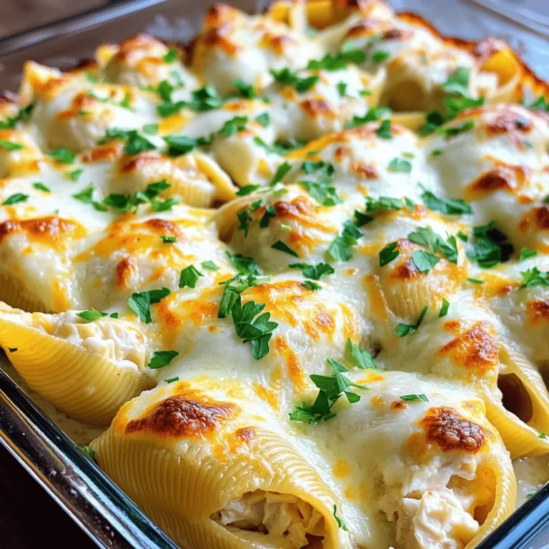 To make Chicken Alfredo Stuffed Shells, gather these key ingredients: - 20 jumbo pasta shells - 2 cups cooked chicken, shredded - 1 cup ricotta cheese - 1 cup shredded mozzarella cheese - 1/2 cup grated Parmesan cheese - 2 cups Alfredo sauce (store-bought or homemade) - 2 cloves garlic, minced - 1 teaspoon Italian seasoning - Salt and pepper, to taste - Fresh parsley, chopped (for garnish) These ingredients work together to create a rich and creamy dish. The jumbo shells hold the filling well, making each bite a delight. The combination of chicken, cheeses, and Alfredo sauce will satisfy your comfort food cravings. You can use store-bought Alfredo sauce for ease, or make your own for a fresher flavor. The garlic adds a nice depth, while the Italian seasoning gives a hint of herbs. Don’t forget the fresh parsley! It not only adds color but also a fresh taste. This meal is simple to prepare and perfect for any night. 1. Preheat your oven to 375°F (190°C). This helps cook the shells evenly. 2. Bring a large pot of salted water to a boil. Cook the jumbo shells until al dente, as per the package. This should take about 10 minutes. Drain them and set them aside to cool slightly. 3. In a mixing bowl, combine the shredded chicken, ricotta cheese, half of the mozzarella cheese, and grated Parmesan cheese. Add minced garlic, Italian seasoning, salt, and pepper. Mix well until everything is combined. 4. Carefully stuff each pasta shell with the chicken mixture. Place the stuffed shells in a large baking dish. 1. Pour half of the Alfredo sauce evenly over the stuffed shells. This keeps them moist and tasty. 2. Pour the remaining sauce on top. Make sure every shell is covered. 3. Sprinkle the rest of the mozzarella cheese over the dish. This will create a nice, cheesy top. 4. Cover the baking dish with aluminum foil. Bake for 20 minutes. This helps steam the shells. 5. Remove the foil. Bake for another 10-15 minutes until the cheese is bubbly and golden brown. 1. Once out of the oven, let the dish cool for a few minutes. This makes serving easier. 2. Garnish with chopped fresh parsley for a nice pop of color. 3. Good side dishes include a salad or garlic bread. These complement the rich flavors of the meal. - How to cook pasta shells al dente To cook pasta shells al dente, boil them in salted water. Follow the package instructions closely. Check for doneness a minute early. They should be firm but not hard. Drain and cool them slightly to handle. - Best ways to shred chicken The best ways to shred chicken include using two forks or your hands. If the chicken is warm, it shreds easily. A stand mixer with a paddle works well too. Just mix on low speed until it shreds. - Ideal Alfredo sauce options You can use store-bought or homemade Alfredo sauce. If you want a quick option, store brands work well. For homemade, combine cream, butter, and Parmesan. Blend until smooth for the best flavor. - Suggested spices and herbs Add spices like garlic powder or onion powder for extra taste. Fresh herbs like basil or thyme can boost flavor too. A pinch of red pepper flakes adds a nice kick. - Cheese alternatives for richer taste For a richer taste, try using a blend of cheeses. Gouda or fontina melts well and tastes great. Cream cheese can add creaminess to your filling too. - Attractive plating ideas For plating, use a shallow bowl or a large plate. Arrange the stuffed shells neatly in a circle. Drizzle some Alfredo sauce around them for color. - Garnishing techniques for appealing visuals Garnish with chopped fresh parsley or basil for a pop of color. Sprinkle some extra cheese on top before serving. A light dusting of paprika can also enhance the look. {{image_2}} You can swap ingredients in Chicken Alfredo Stuffed Shells to suit your needs. For cheese, you might want to use low-fat options. Try using low-fat ricotta or mozzarella. These choices cut calories but keep the flavor. For the filling, consider alternatives like cooked turkey or even canned tuna. These proteins work well and change the dish's taste. You can also add herbs like basil or oregano for a fresh touch. If you need a gluten-free option, use gluten-free pasta shells. Many brands offer great-tasting shells that hold up well. Check the package for cooking times. For a vegetarian version, skip the chicken entirely. You can fill the shells with a mix of ricotta, spinach, and mushrooms. This option keeps the dish hearty and satisfying without meat. To add a twist, toss in some veggies to the filling. Try mixing in chopped spinach, bell peppers, or zucchini. These ingredients add color and nutrition. If you want to switch up the sauce, consider using a marinara or pesto sauce. These sauces can give the dish a new flavor profile. Experimenting with different sauces keeps every meal exciting. To keep your Chicken Alfredo Stuffed Shells fresh, use airtight containers. Glass containers work best, as they prevent odors. For quick meals, you can also use plastic containers. Store your leftovers in the fridge for up to three days. If you want to save them for later, freeze them for up to three months. Just make sure to label your containers with the date. You can reheat stuffed shells in the oven or the microwave. The oven gives a better texture. Preheat it to 350°F. Cover the dish with foil to keep moisture in. Bake for 20 minutes or until hot. In the microwave, heat one shell at a time. Use a microwave-safe plate and cover it to avoid drying out. Heat in short bursts, checking often. If you have a busy week, prep these shells ahead of time. You can stuff the shells and place them in a baking dish. Cover and store them in the fridge for one day. If you want to freeze them, do so before baking. Wrap the dish tightly in plastic wrap and then foil. When ready to eat, bake from frozen for about 50-60 minutes. This gives you a tasty meal ready to go! Can I use regular pasta instead of jumbo shells? No, you cannot use regular pasta. Jumbo shells hold the filling well. They add a special touch to this dish. Regular pasta won’t give you the same result. You need that pocket to hold all the goodness. Is it possible to make this dish ahead of time? Yes, you can make it ahead. Just stuff the shells and cover them with sauce. Then, store them in the fridge. Bake them when you are ready to eat. This makes busy nights much easier. What should I do if my shells break during cooking? If shells break, don’t worry. Use the pieces in the dish. Just mix them with the filling and sauce. It will still taste great. You can also try cooking them with less time next time. How do I know when the stuffed shells are done? Check for bubbly cheese and a golden top. This usually takes about 30-35 minutes in the oven. You can also use a knife to check the filling. If it’s hot throughout, it’s ready! Can I use leftover rotisserie chicken? Yes, leftover rotisserie chicken works great. It saves time and adds flavor. Just shred it and mix it into your filling. This makes the recipe even quicker for busy cooks. What’s the best homemade Alfredo sauce recipe? A simple Alfredo sauce is easy to make. Just melt butter in a pan, add cream, and stir in grated Parmesan cheese. Add salt and pepper to taste. This sauce is rich and creamy, perfect for your stuffed shells. You now know how to make delicious stuffed shells. We covered the key ingredients, preparation steps, and baking instructions to make this dish a hit. You learned tips for perfect texture and flavors, as well as variations for different diets. Lastly, we discussed storage and reheating options. Remember, you can customize this dish to suit your taste. Enjoy creating your own version of stuffed shells for family and friends!