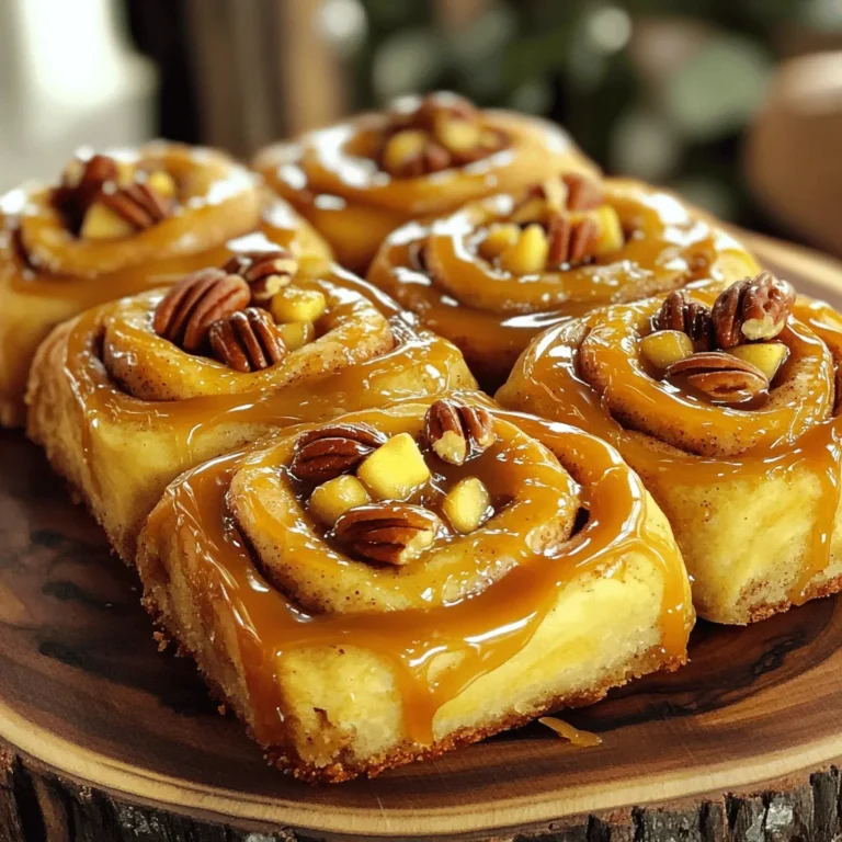 - 2 cups all-purpose flour - 1/4 cup granulated sugar - 1 packet (2 1/4 teaspoons) instant yeast - 1/2 teaspoon salt For the dry ingredients, I use all-purpose flour for the best texture. Granulated sugar adds a bit of sweetness. Instant yeast helps the rolls rise quickly. A touch of salt balances all the flavors. - 3/4 cup warm milk (110°F) - 1/4 cup unsalted butter, melted - 1 large egg - 1 teaspoon vanilla extract The warm milk activates the yeast. Melted unsalted butter keeps the rolls soft. The egg provides richness, and vanilla adds a nice flavor. - 1 tablespoon ground cinnamon - 1/2 cup brown sugar, packed - 1 cup diced apples (Granny Smith works well) - 1/2 cup chopped pecans - 1/4 cup caramel sauce For filling, I mix ground cinnamon with brown sugar for sweetness. Diced Granny Smith apples bring tartness, which balances the sweet. Chopped pecans add crunch, and the caramel sauce ties it all together with gooey goodness. - In a large bowl, whisk together: - 2 cups all-purpose flour - 1/4 cup granulated sugar - 1 packet (2 1/4 teaspoons) instant yeast - 1/2 teaspoon salt - In another bowl, mix: - 3/4 cup warm milk (110°F) - 1/4 cup melted unsalted butter - 1 large egg - 1 teaspoon vanilla extract - Pour the wet mix into the dry mix. Stir until a dough forms. - Knead the dough on a floured surface for about 5 minutes. It should feel smooth and elastic. - Place the dough in a greased bowl, cover it, and let it rise in a warm spot for 30-45 minutes. - In a small bowl, mix: - 1/2 cup brown sugar, packed - 1 tablespoon ground cinnamon - Set this mixture aside. - Dice 1 cup of apples, like Granny Smith, into small pieces. - Chop 1/2 cup of pecans into small bits. - Once the dough has risen, punch it down gently. - Roll the dough out into a rectangle, about 12x18 inches. - Spread the cinnamon-sugar mixture evenly over the dough. - Evenly distribute the diced apples and chopped pecans. - Drizzle the caramel sauce over the filling. - Starting from one edge, roll the dough tightly to form a log. - Slice the log into 12 equal pieces. Place these in a greased baking dish. - Cover the rolls with a cloth and let them rise for another 30 minutes. - Preheat your oven to 350°F (175°C). - Bake the rolls for 25-30 minutes. They should be golden brown. - Remove the rolls from the oven and let them cool slightly. - Drizzle with more caramel sauce before serving. To make the best caramel apple pecan cinnamon rolls, start by knocking down the dough before rolling. This helps to remove air bubbles and makes rolling easier. Next, ensure you find a warm spot for the dough to rise. A warm kitchen or an oven set to low works well. The warmth helps the dough grow fluffy and soft. These rolls shine when served warm. Drizzle caramel sauce over each roll for a sweet touch. They also pair nicely with a scoop of vanilla ice cream or a dollop of whipped cream. This adds a creamy contrast to the soft, gooey rolls. One common mistake is over-kneading or under-kneading the dough. Knead it just enough until it feels smooth. Too much kneading can make it tough, while not enough can make it dense. Another mistake is not allowing enough time for the dough to rise. Patience is key! Make sure to let it rise until it doubles in size for the best texture. {{image_2}} You can switch up the apples for different kinds. Honeycrisp or Fuji apples add sweetness. tart Granny Smith apples bring a nice tang. You can also add other fruits. Try diced pears for a softer bite. Dried cranberries give a nice tartness, too. Mix and match to find your favorite blend! Nuts add a great crunch but are not a must. If you want a twist, try walnuts or almonds. These nuts provide a different flavor. You can also skip the nuts entirely. This option is perfect for those with nut allergies or who prefer a softer roll. Spices can take your rolls to the next level. Adding nutmeg or cloves gives a warm, cozy taste. Just a pinch can really change the flavor. You can also use flavored caramel sauces. Salted caramel adds a nice contrast to the sweetness. Experiment to find your perfect flavor mix! To store your caramel apple pecan cinnamon rolls, let them cool first. Place them in a container with a lid. You can keep them in the fridge for up to five days. If you want to save them longer, freeze them. Wrap each roll tightly in plastic wrap and then place in a freezer bag. They will stay fresh for up to three months in the freezer. When you want to enjoy your rolls again, there are some great ways to reheat them. The best method is using the oven. Preheat it to 350°F (175°C). Place the rolls on a baking sheet and heat for about 10 minutes. This keeps them soft and warm. You can also use a microwave. Heat each roll for about 15-20 seconds. If you want to keep the flavor and texture, cover them with a damp paper towel while reheating. This helps prevent them from drying out. Yes, you can prepare these rolls in advance. Follow these steps: - Make the dough and let it rise. - After rolling and filling, cut the rolls. - Place them in a baking dish, but do not let them rise again. - Cover the dish and store it in the fridge overnight. - In the morning, let the rolls sit at room temperature for 30 minutes. - Bake them as directed. This method saves time and gives you fresh rolls in the morning. The best apples for these rolls include: - Granny Smith - Honeycrisp - Fuji Granny Smith apples work well because they are tart and hold their shape. Honeycrisp adds sweetness and crunch. Fuji apples are sweet and juicy, giving a nice balance to the rolls. Making caramel sauce is easy! Here’s a simple recipe: - In a saucepan, heat 1 cup of sugar over medium heat. - Stir constantly until the sugar melts and turns golden brown. - Add 6 tablespoons of butter and mix well. - Slowly pour in 1/2 cup of heavy cream, stirring to combine. - Let it cool before using. This homemade caramel sauce adds a rich flavor to your rolls. We covered how to make delicious cinnamon rolls from scratch. Starting with simple ingredients, you learned to mix dry and wet components, prepare a flavorful filling, and assemble the rolls. I shared helpful tips to perfect your baking and avoid common mistakes. You also discovered fun variations to customize your rolls. Finally, we provided storage and reheating advice to enjoy them longer. Now, you’re ready to create a tasty treat that will impress!