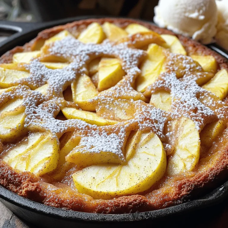 To make the Cinnamon Sugar Apple Skillet Cake, gather these ingredients: - 2 medium apples (like Granny Smith or Honeycrisp), peeled, cored, and thinly sliced - 1 tablespoon lemon juice - 1 cup granulated sugar (divided) - 1 teaspoon ground cinnamon (divided) - 1½ cups all-purpose flour - 2 teaspoons baking powder - ½ teaspoon baking soda - ½ teaspoon salt - ½ cup unsalted butter, melted - 2 large eggs - ½ cup milk - 1 teaspoon vanilla extract - Optional: powdered sugar for dusting These ingredients come together to create a soft, sweet cake full of apple goodness. The apples give it a great flavor and texture. The sugar and cinnamon create a warm, inviting taste. You will also need a cast-iron skillet to bake this cake. It helps give the cake a nice crust while keeping it moist inside. Make sure your ingredients are fresh for the best taste. Using ripe apples enhances the flavor. The lemon juice helps keep the apples from browning and adds a nice zing. Now that you have your ingredients ready, you can start making this delightful cake! First, peel and slice your apples thin. I use Granny Smith or Honeycrisp for the best taste. In a medium bowl, toss the apple slices with one tablespoon of lemon juice. This keeps them fresh and bright. Add ¼ cup of granulated sugar and ½ teaspoon of ground cinnamon. Mix well. Let the apples sit for about 10 to 15 minutes. This marinating step helps the flavors blend, making your cake even tastier. In a large mixing bowl, combine 1½ cups of all-purpose flour, 2 teaspoons of baking powder, ½ teaspoon of baking soda, and ½ teaspoon of salt. Add the remaining ¾ cup of sugar and ½ teaspoon of ground cinnamon. Stir everything together until it’s mixed well. This creates a nice, fluffy base for your cake. In another bowl, whisk together ½ cup of melted unsalted butter, 2 large eggs, ½ cup of milk, and 1 teaspoon of vanilla extract. Make sure everything is well combined. This mixture adds moisture and flavor to your cake. Now, heat a 10-inch cast-iron skillet over medium heat. Lightly grease the skillet with cooking spray or a bit of butter. Pour the batter into the skillet, spreading it evenly. Next, take your marinated apple slices and arrange them on top of the batter, pressing them in slightly. Transfer the skillet to a preheated oven at 350°F (175°C) and bake for 30 to 35 minutes. Check the cake by inserting a toothpick in the center. If it comes out clean, your cake is ready. Once baked, let it cool for about 10 minutes before serving. Dust with powdered sugar if you like. Enjoy the warm, sweet, and spiced goodness! To make the best Cinnamon Sugar Apple Skillet Cake, avoid overmixing the batter. Mix just until the wet and dry ingredients come together. A few lumps are fine. Overmixing can make the cake tough. Gentle hands yield a light and fluffy cake. Choosing the right apples is key for flavor and texture. I love using Granny Smith for their tartness or Honeycrisp for their sweetness. These apples hold their shape well during baking. Their flavors balance the sweetness of the cake. Try different types to find your favorite. Serve the cake warm for the best taste. A scoop of vanilla ice cream on top makes it special. You can also add whipped cream or a drizzle of caramel. Each topping adds its own joy to the cake. For drinks, pair it with hot cider or a cup of coffee. Hot drinks match the warm spices in the cake. They enhance the cozy feel of this dessert. You can even try a light tea for a fresh twist. {{image_2}} You can make this cake even more fun! Try adding nuts or raisins for some crunch. Walnuts or pecans work great. They add a nice texture and flavor. You can also mix in spices like nutmeg or cloves. These spices give the cake a warm, cozy taste. Just start with a small amount. You can always add more to suit your taste. If you want a gluten-free cake, use almond flour or a gluten-free blend. These flours work well in this recipe. You can still enjoy the same great taste! For those who follow a vegan diet, you can swap the eggs and butter. Use flaxseed meal mixed with water instead of eggs. For butter, try coconut oil or vegan butter. These swaps keep the cake moist and tasty. To keep your cake fresh, follow these simple tips. First, let the cake cool completely. This helps avoid excess moisture. Once cool, cover it with plastic wrap or aluminum foil. You can also use an airtight container. Store it in the fridge for the best results. Your cake will stay fresh for about 3 to 4 days. If you want to enjoy it later, consider freezing it. Wrapped well, it can last for up to 2 months. When it's time to enjoy your cake again, reheating is key. You can use the oven or microwave. For the oven, preheat it to 350°F (175°C). Place the cake in for about 10 minutes. This helps keep the texture nice and fluffy. If using the microwave, heat a slice for about 20 to 30 seconds. Be careful not to overheat. This can make the cake dry. Enjoy the warm, delicious flavors just as if it were fresh from the oven! Yes, you can use other pans. A metal or glass baking dish works well. If you use a metal pan, the cake may bake faster. A glass dish may need more time to cook. Always check for doneness with a toothpick. This cake stays fresh for about three days at room temperature. Store it in an airtight container. For longer freshness, keep it in the fridge for up to a week. Just remember to let it cool before storing. Absolutely! You can freeze this cake. First, let it cool completely. Wrap it tightly in plastic wrap. Then, place it in a freezer-safe bag. It stays good for up to three months. To thaw, leave it in the fridge overnight. Enjoy it warm for the best taste! This blog post covered how to make a delicious Cinnamon Sugar Apple Skillet Cake. You learned the key ingredients, step-by-step instructions, and useful tips to perfect your cake. Mix apples with lemon juice and cinnamon for great flavor. Don’t forget possible variations and storage tips for leftovers. Enjoy sharing this cake warm with ice cream. Experiment with flavors to make it your own. Happy baking!