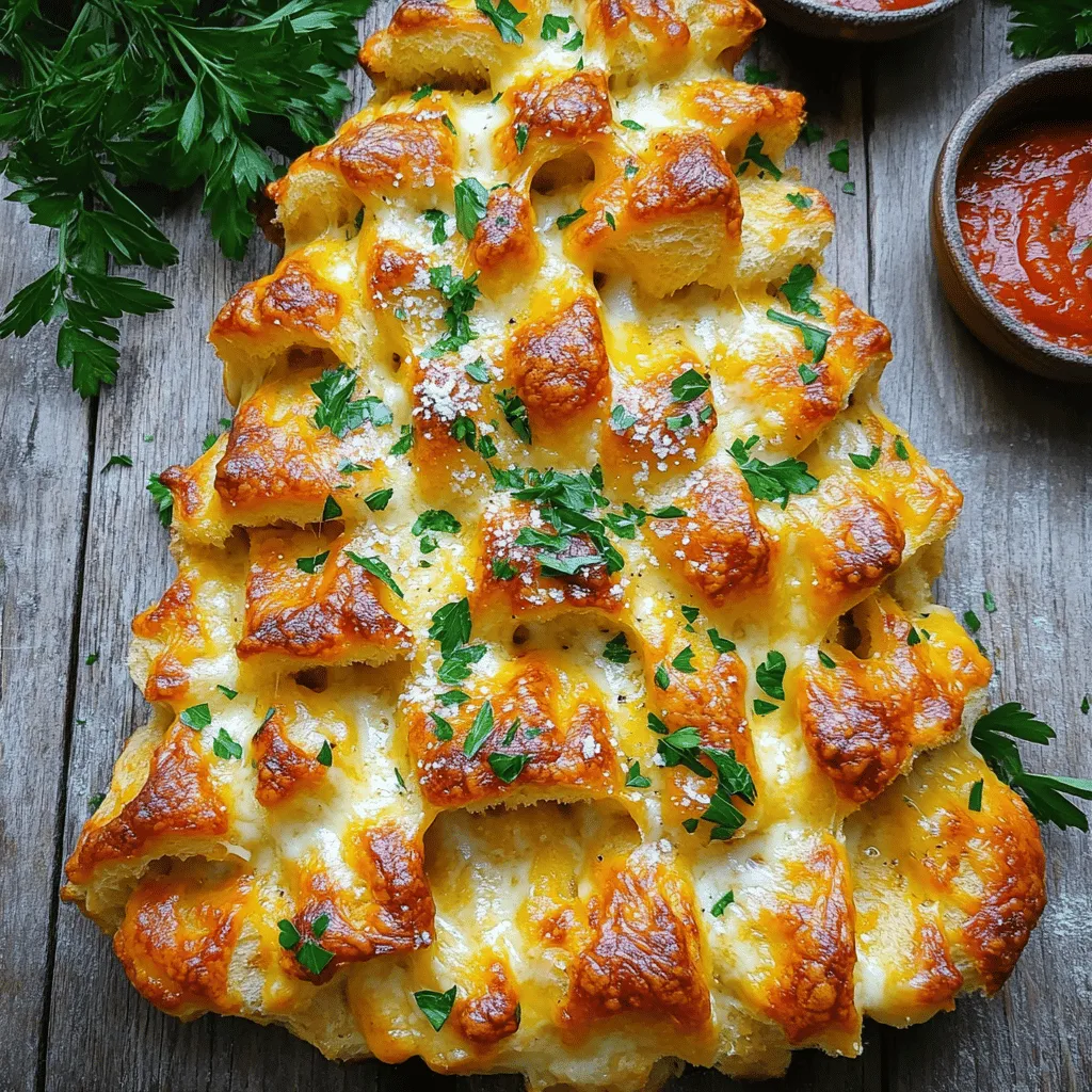 - 3 cups all-purpose flour - 1 packet (2 ¼ tsp) instant yeast - 1 teaspoon sugar - 1 teaspoon salt - ½ cup warm milk (about 110°F) - ¼ cup warm water (about 110°F) - 2 tablespoons olive oil - 1 cup shredded mozzarella cheese - ½ cup grated Parmesan cheese - 2 tablespoons chopped fresh parsley - 1 teaspoon garlic powder - 1 egg (for egg wash) Instant Yeast: This yeast works fast. It rises dough quickly. You don't need to activate it like active dry yeast. Just mix it into the dry ingredients. Mozzarella Cheese: This cheese melts beautifully. It gives that stretchy, gooey texture. I love using fresh mozzarella for extra flavor. Parmesan Cheese: This cheese adds a nice, sharp taste. It is dry and hard. Grating it fresh makes a big difference in flavor. Fresh Parsley: This herb adds color and a fresh taste. It brightens up the bread and pairs well with the cheese. Garlic Powder: This gives a warm, savory flavor. It enhances the bread without being too strong. - All-purpose flour: Use bread flour for a chewier texture or whole wheat flour for a healthier option. - Instant yeast: If you have active dry yeast, use it but activate it first in warm water. - Sugar: Substitute honey or agave syrup for a natural sweetener. - Salt: Sea salt or kosher salt works just as well. - Warm milk: Use almond milk or oat milk for a dairy-free option. - Warm water: You can replace it with vegetable broth for added flavor. - Olive oil: Any neutral oil, like canola or sunflower oil, is fine. - Mozzarella cheese: Try cheddar or gouda for different flavors. - Parmesan cheese: Pecorino Romano can be used for a sharper taste. - Fresh parsley: Dried parsley works too, but use less as it is stronger. - Garlic powder: Fresh minced garlic gives a stronger taste if you prefer. - Egg (for wash): Use a flax egg or dairy-free milk for a vegan option. First, take a mixing bowl. Add warm milk, warm water, sugar, and instant yeast. Mix it well and let it sit for about five minutes. You want it to get frothy. This shows the yeast is alive and ready to work. The warm liquid helps activate the yeast faster. Next, add the flour, salt, and olive oil to the yeast mixture. Mix until it forms a rough dough. Then, sprinkle some flour on your counter. Knead the dough for about eight to ten minutes. You want it to be smooth and elastic. This step develops gluten, which gives the bread its texture. After kneading, place the dough in a lightly greased bowl. Cover it with a damp cloth. Let it rise in a warm spot for about one hour. It should double in size. This is the magic of yeast at work! Once the dough has risen, punch it down to release air. Roll it out into a rectangle, about 12x18 inches. Sprinkle shredded mozzarella and grated Parmesan cheese evenly over the dough. Leave about an inch border. Next, add chopped parsley and garlic powder on top. Cut the rectangle into twelve equal squares, three by three. Stack the squares on top of each other to form your tree shape. Place this stack on a parchment-lined baking sheet. Shape it into a Christmas tree. You can trim the bottom to create a trunk for your tree. Cover the tree again and let it rise for another thirty minutes. Preheat your oven to 375°F (190°C) during this time. Beat an egg and brush it over the top of the dough. This gives it a nice golden finish. Bake the bread for 25 to 30 minutes. Look for a golden brown color and bubbling cheese. Once baked, allow the bread to cool slightly. Then, you can gently pull apart the pieces from the bottom to serve. Enjoy your delicious and festive cheesy pull-apart bread! For the best bread, warm is key. Use warm milk and water, around 110°F. This helps the yeast wake up. Let your dough rise in a warm spot. A cozy kitchen is great! Cover the bowl with a damp cloth. This keeps the dough moist. If your kitchen is chilly, place it near an oven. If your dough is too sticky, add a bit more flour. Work slowly, and don’t rush. If it does not rise, check your yeast. Old yeast may not work well. Always use fresh yeast for best results. If your dough is too dry, add a splash of warm water. Knead it gently until it feels right. To get gooey cheese, try these tips. Use a mix of mozzarella and Parmesan. Mozzarella melts well, while Parmesan adds flavor. Spread the cheese evenly on the dough. Leave space at the edges to avoid spills. Brush the dough with an egg wash before baking. This gives it a nice shine. Bake until golden brown and bubbling. Enjoy the cheesy pull-apart fun! {{image_2}} You can switch up the cheeses for fun. Try using cheddar for a sharper taste. Gouda adds a smoky note. Cream cheese gives a creamy texture. Mix different cheeses for a unique flavor. Blend mozzarella and fontina for a rich stretch. You can add herbs for extra flair. Try rosemary or thyme for a holiday touch. Sun-dried tomatoes give a burst of flavor. Chopped olives add a salty kick. Mix in some cooked bacon for a savory twist. Feel free to get creative with these add-ins. For a gluten-free option, use a gluten-free flour blend. Make sure it has xanthan gum for structure. For a vegan version, swap the egg wash for almond milk. Use plant-based cheeses that melt well, like cashew cheese. These options keep the bread festive and inclusive. To keep your Cheesy Pull-Apart Christmas Tree Bread fresh, wrap it tightly in plastic wrap. You can also use an airtight container. Store it at room temperature for up to two days. If you want to keep it longer, the fridge is a good option. Just note that the bread may dry out faster in the fridge. When you want to enjoy your leftover bread, preheat your oven to 350°F (175°C). Place the bread on a baking sheet and cover it loosely with foil. Heat for about 10 to 15 minutes. This keeps the bread soft while warming it through. You can also use a microwave, but it can make the bread chewy. For best results, stick to the oven. If you want to save your Cheesy Pull-Apart Christmas Tree Bread for later, freezing works great. Wrap it well in plastic wrap, then place it in a freezer bag. It can stay in the freezer for up to three months. When you're ready to eat it, thaw it in the fridge overnight. Reheat it in the oven for the best taste and texture. Cheesy Pull-Apart Christmas Tree Bread stays fresh for about 2-3 days. Store it in an airtight container at room temperature. If you want it to last longer, you can freeze it. When frozen, it can last up to 3 months. Just make sure to wrap it well to avoid freezer burn. Yes, you can prepare this bread in advance. You can make the dough the night before and let it rise in the fridge. Just let it sit at room temperature for about 30 minutes before shaping it into a tree. This way, you save time on the day of your celebration. Serve this cheesy bread warm for the best taste. You can pair it with marinara sauce or herbed olive oil for dipping. For a fun twist, garnish the base with chopped parsley to make it look even more festive. You can also serve it alongside a warm soup for a cozy meal. Absolutely! You can mix in herbs like thyme or rosemary for added flavor. You can also use different cheeses, like cheddar or gouda. Feel free to get creative with spices or even add cooked spinach or sun-dried tomatoes. To ensure the cheese melts well, use freshly shredded cheese instead of pre-packaged shredded cheese. Pre-packaged cheese often contains anti-caking agents that can affect melting. Also, make sure you bake it until the cheese is bubbly and the bread is golden brown. Yes, you can make this recipe gluten-free. Just substitute the all-purpose flour with a gluten-free flour blend. Make sure the blend you choose has xanthan gum in it for the best texture. If your dough doesn’t rise, check the yeast. It may be expired or not activated. Make sure your liquids are warm but not too hot, as too much heat can kill the yeast. If the dough is too dense, try adding a bit more warm water to loosen it up. This blog post covers how to make Cheesy Pull-Apart Christmas Tree Bread. We explored key ingredients, tips for perfect dough, and fun variations you can try. Don't forget proper storage for leftovers. I hope you feel inspired to create this festive treat. With practice and a little creativity, you can make it your own. Enjoy sharing this cheesy delight with friends and family!