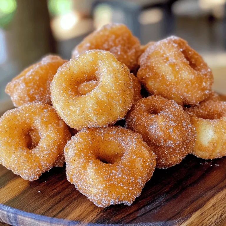 - 1 cup all-purpose flour - 1/2 cup water - 1/4 cup unsalted butter - 1 tablespoon granulated sugar - 1/2 teaspoon salt - 1/2 teaspoon vanilla extract - 2 large eggs - 1 cup granulated sugar (for coating) - 2 teaspoons ground cinnamon - Oil for frying (canola or vegetable oil) Cinnamon sugar churro bites are easy and fun to make. You need simple ingredients that you may already have in your kitchen. Start with the basics: one cup of all-purpose flour. This gives the churros their structure. Then, you need half a cup of water. It helps to create a light dough. Next, add a quarter cup of unsalted butter. Butter adds a rich flavor and makes the churros tender. One tablespoon of granulated sugar adds just the right touch of sweetness. For balance, include half a teaspoon of salt. Salt enhances all the flavors in your churros. Don't forget half a teaspoon of vanilla extract for a lovely aroma and taste. You will also need two large eggs. They help bind the dough and give it a nice texture. For the coating, prepare one cup of granulated sugar mixed with two teaspoons of ground cinnamon. This is what makes them extra sweet and delicious. Lastly, have oil ready for frying. Canola or vegetable oil works best. Make sure to have enough to submerge the churro bites for even cooking. These ingredients come together to create delightful treats. You will love how simple it is to whip up this tasty recipe! 1. In a medium saucepan, combine the water, butter, sugar, and salt. 2. Cook over medium heat until the mixture boils and the butter melts. 3. Remove the saucepan from heat and stir in the flour. Mix until a dough ball forms. 1. Allow the dough to cool for about 5 minutes. 2. Add the eggs one at a time. Mix well after each egg until smooth. 3. Stir in the vanilla extract for a sweet flavor boost. 1. Heat oil in a deep skillet or pot over medium-high heat to 350°F (175°C). 2. While the oil heats, mix granulated sugar and ground cinnamon in a bowl. 3. Use a piping bag with a star tip to pipe small pieces of dough into the hot oil. Fry them for 3-4 minutes. Flip them halfway to get that perfect golden brown. 4. Remove the churro bites with a slotted spoon and let them drain on paper towels. 5. Roll the warm churro bites in the cinnamon sugar mixture until fully coated. To get a great texture, oil temperature is key. Heat the oil to about 350°F (175°C). Use a thermometer to check. If the oil is too hot, the churros burn. If it's too cool, they'll soak up oil and become greasy. Cooling the dough is also important. After cooking the mixture, let it cool for about 5 minutes. This helps the eggs mix in better. If the dough is too hot, the eggs can cook and create lumps. Avoid overcrowding your frying pan. Fry only a few churro bites at a time. This keeps the oil at the right temperature and helps them cook evenly. If you add too many, they will stick together and cook poorly. Make sure to turn the churro bites often. This helps them brown on all sides. Use a slotted spoon to flip them carefully. This will ensure they cook evenly and stay nice and fluffy. For dips, chocolate sauce or caramel is a hit. You can also try whipped cream. These add a fun twist to the treats. Pair churro bites with fresh fruit or ice cream. They work great with vanilla or cinnamon flavors. This makes for a complete and delightful dessert experience! {{image_2}} You can make churro bites even more fun! Try adding different extracts to the dough. Almond extract gives a nice nutty flavor. Orange extract adds a bright, citrus note. You can also mix in cocoa powder for chocolate churros. This makes the bites rich and delicious. Kids love these sweet twists! Want a lighter option? You can bake churro bites instead of frying them. Just preheat your oven to 400°F (200°C) and bake until golden. It’s easy! You can also use alternative sweeteners, like honey or agave syrup, instead of sugar. This cuts down on calories but keeps the sweetness. Churro bites can change with the seasons! In fall, try pumpkin spice churro bites. Just add pumpkin puree and your favorite spices. For winter, make gingerbread churro bites. Mix in ginger, cinnamon, and nutmeg for warmth. These seasonal treats add joy to any holiday gathering! To keep your churro bites fresh, store them in an airtight container. This helps prevent them from getting dry. You can keep them at room temperature for one day. If you want to keep them longer, place them in the refrigerator. This way, they can last up to three days. When it's time to enjoy your leftover churro bites, reheating is key. Use an oven to keep them crispy. Preheat your oven to 350°F (175°C). Place the churro bites on a baking sheet and heat for about 5 to 7 minutes. This method brings back their lovely texture and flavor. If you want to save churro bites for later, freezing is a great option. Let them cool completely first. Then, place them in a single layer on a baking sheet and freeze for about an hour. After that, transfer them to a freezer-safe bag. When you’re ready to eat, thaw them in the fridge overnight. Reheat in the oven as mentioned earlier to enjoy! You can tell churro bites are done by their color. They should be a nice golden brown. If they look pale, they need more time. You can also check by piercing one with a fork. If it feels firm and hot inside, they are ready! Yes, you can make the dough ahead of time. After mixing all the ingredients, let the dough cool. Then, wrap it tightly in plastic wrap. Store it in the fridge for up to 24 hours. When you're ready to fry, just let it sit at room temperature for 15 minutes. You can find pre-made churro bites at many grocery stores. Look in the frozen section for brands like Trader Joe's or Costco. You can also check online at places like Amazon. For a fresh option, local Mexican restaurants often have churro bites on their menu. Enjoy exploring these tasty treats! You learned how to make churro bites, starting with simple ingredients. We covered steps for preparation, frying, and achieving that perfect texture. Remember to try different flavors and even bake for a healthier option. Store any leftovers correctly to enjoy later. Churro bites can be a fun treat for any occasion. Experiment with dips and variations to make them even better. Happy cooking! Enjoy your delicious creations!