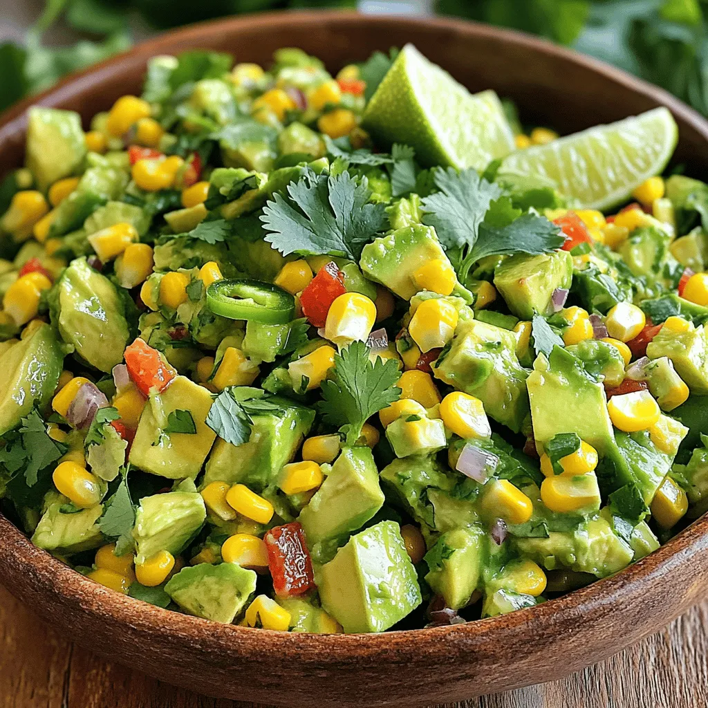 - 2 ripe avocados, diced - 1 cup fresh corn kernels (or 1 can of corn, drained) - 1 red bell pepper, diced - 1 jalapeño, deseeded and minced (optional for heat) - 1/4 cup red onion, finely chopped - 1/4 cup fresh cilantro, chopped The heart of this salad is the fresh, vibrant ingredients. Ripe avocados give a creamy texture. Fresh corn adds sweetness and crunch. The red bell pepper brings color and flavor. If you want a kick, add jalapeño. Red onion adds a nice bite, while cilantro adds freshness. - Juice of 2 limes - 2 tablespoons olive oil - Salt and pepper to taste - 1/2 teaspoon smoked paprika (for an extra kick) The dressing is simple yet zesty. Lime juice brightens the salad. Olive oil adds richness. Season with salt, pepper, and smoked paprika for depth. This blend of flavors brings everything together. These ingredients make a tasty and colorful dish. Gather them, and let's make a salad that shines on any table! To make this avocado corn salad, first, gather your fresh ingredients. Start by dicing the 2 ripe avocados. Next, if you are using fresh corn, cut the kernels off the cob. If you prefer canned corn, drain it well. Now, chop the red bell pepper and mince the jalapeño, if you want some heat. Add these to a large mixing bowl along with the corn and diced avocados. Lastly, finely chop 1/4 cup of red onion and add it to the mix. Next, it’s time to make the creamy dressing. In a small bowl, whisk together the juice of 2 limes, 2 tablespoons of olive oil, 1/2 teaspoon of smoked paprika, salt, and pepper. This dressing will give your salad a bright and zesty flavor. Now, pour the dressing over your salad mixture. Make sure to coat all the ingredients evenly. Toss gently to avoid breaking the avocado pieces. We want those beautiful chunks to stay intact. Once mixed, fold in the 1/4 cup of fresh cilantro. Stir lightly to blend the flavors. Taste your salad and adjust the seasoning if needed. Let it sit for about 10 minutes. This allows the flavors to blend well. When you're ready to serve, place the salad in a large bowl. You can garnish it with extra cilantro leaves and lime wedges for a pop of color. Enjoy your fresh and flavorful avocado corn salad! To make your avocado corn salad shine, adjust the acidity and seasoning. You can add more lime juice for a zesty kick. If you like it saltier, sprinkle in a little more salt. Taste your salad as you go. This way, you find your perfect balance. When cutting avocados, use a sharp knife. First, cut the avocado in half and remove the pit. Then, slice the flesh into cubes while it is still in the skin. Scoop out the cubes with a spoon. This method keeps the pieces neat and intact. For serving, choose a large bowl. This makes the salad easy to share. You can also use individual bowls for each guest. Garnish with extra cilantro leaves and lime wedges. This adds a fresh look and bright color. If you want to jazz it up, add feta cheese on top. It gives a nice tangy flavor. Lime wedges on the side let everyone add more zest if they like. Enjoy the fresh and vibrant look of your salad! {{image_2}} You can easily change this salad to fit your taste. If you want a different base, try black beans or chickpeas instead of corn. Both add great flavor and texture. You can also switch up the herbs. Instead of cilantro, use parsley or basil for a fresh twist. These herbs will bring their own unique taste to the dish. If you like heat, add more peppers! Try serrano or poblano for extra spice. You can also use crushed red pepper flakes for a kick. Incorporate spices like cumin or chili powder to add depth. A pinch of garlic powder can enhance the flavor too. Experiment with these options to find your perfect mix. To keep your avocado corn salad fresh, store it in the fridge. Use an airtight container for the best results. This helps prevent air from getting in and changing the salad’s taste. If you have a bowl with a lid, that works well too. Your salad can last about 2 days in the fridge. After that, the avocados may start to brown and the salad will lose its crunch. Look for signs it’s no longer good to eat. If you see brown spots on the avocados or if the salad smells sour, it's time to toss it out. Always trust your senses to determine freshness. Can I make this salad ahead of time? Yes, you can make it ahead. I recommend mixing all the ingredients, except the avocados, and dressing. Keep them separate in the fridge. This way, the salad stays fresh. Just add the avocados and dressing right before serving. How can I keep the avocados from browning? To prevent browning, use fresh lime juice. The acid slows oxidation. You can also cover the salad tightly with plastic wrap. This keeps air out and helps keep the avocados green. If you have leftover salad, eat it within a day for the best taste. Is it possible to make this dish vegan? Yes, this dish is already vegan! All the ingredients, like avocados and corn, are plant-based. You can enjoy this salad without any animal products. If you want to add cheese for flavor, opt for a vegan cheese to keep it vegan-friendly. Avocado corn salad blends fresh, vibrant ingredients into a tasty dish. We covered key ingredients like ripe avocados, fresh corn, and zesty peppers. I shared steps to prepare the salad and tips for best flavor. Plus, you learned variations and storage tips to keep it fresh. Try this salad for your next meal. It’s simple, delicious, and sure to impress! Enjoy every bite with friends or family.