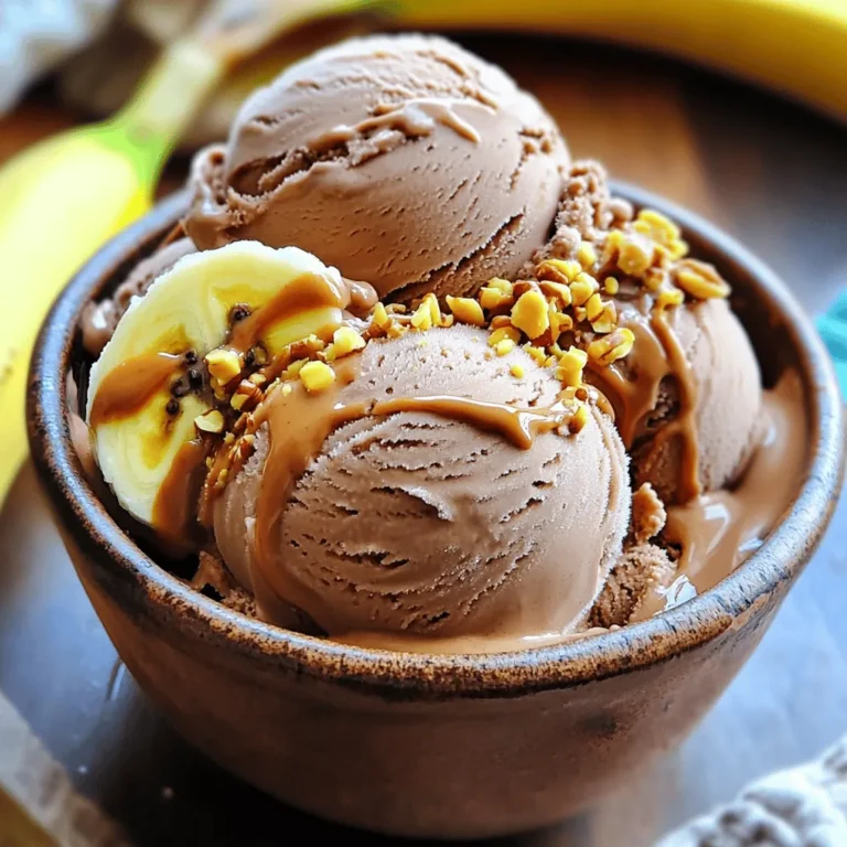 - 4 ripe bananas, peeled and sliced - 2 tablespoons natural peanut butter - 2 tablespoons unsweetened cocoa powder - 1 tablespoon honey or maple syrup (optional) - 1 teaspoon vanilla extract - Pinch of sea salt - Food processor - Baking sheet - Airtight container For this recipe, I use ripe bananas. They bring natural sweetness and creaminess. You will also need natural peanut butter for richness and flavor. Unsweetened cocoa powder adds a deep chocolate taste. If you want, honey or maple syrup can sweeten it more. A dash of vanilla extract enhances the flavor. A pinch of sea salt balances everything out. Make sure you have the right tools too. A food processor will blend the ingredients smoothly. A baking sheet helps freeze the banana slices evenly. Lastly, an airtight container keeps the ice cream fresh in the freezer. - First, slice the ripe bananas. - Arrange the banana slices in a single layer on a baking sheet. - Freeze banana slices for at least 2 hours. - After freezing, let the bananas soften for 5 minutes before blending. - In a food processor, combine frozen banana slices, peanut butter, cocoa powder, and vanilla extract. - If you want extra sweetness, add honey or maple syrup. - Blend until smooth and creamy. - It may take 1-3 minutes, so scrape down the sides as needed. - Taste the ice cream mix and adjust sweetness if necessary. - Once blended, transfer the mixture to an airtight container. - Smooth the top with a spatula. - Freeze for an additional 1-2 hours before serving. - Before scooping, let the ice cream sit at room temperature for about 5 minutes. To make smooth ice cream, frozen bananas are key. Fully frozen bananas give the best result. Slice the ripe bananas, freeze them for at least 2 hours, and don’t skip this step. If bananas are not frozen enough, the ice cream will be icy. When blending, use a high-speed food processor. Start blending slowly, then increase the speed. This helps mix all ingredients evenly. If needed, scrape down the sides. It may take 1 to 3 minutes to get that creamy texture. Toppings can make your ice cream extra fun. Try crushed nuts for crunch. They add a nice contrast to the creamy ice cream. Chocolate shavings also work well for a sweet touch. For a richer flavor, drizzle extra peanut butter on top. It makes each bite more delicious. You can also serve it in cute bowls for a special treat. Enjoy exploring different toppings with this delightful ice cream! {{image_2}} If you want a dairy-free version, use coconut cream. It adds a lovely richness. You can also try almond milk or oat milk for creaminess. Both options work great and keep the flavor strong. You can easily mix up flavors in this ice cream. Add a scoop of protein powder for a healthy boost. A splash of vanilla extract can enhance the taste too. For extra fun, fold in chocolate chips or fresh berries. Both add texture and surprise. Nuts also make a great mix-in for crunch. To keep your Chocolate Peanut Butter Banana Ice Cream tasty, use an airtight container. This keeps air out and prevents ice crystals. Make sure the lid seals well. Store it in the coldest part of your freezer. It will stay fresh for about two weeks. After that, it may lose its creamy texture. When you want to enjoy this ice cream, take it out of the freezer. Let it sit at room temperature for about five minutes. This helps it soften up a little. If it's too hard, it can be tough to scoop. Use a sturdy ice cream scoop for the best results. For even easier scooping, run the scoop under warm water before diving in. This will make your serving smooth and fun! Yes, you can use other nut butters. Almond butter or cashew butter works well too. Each nut butter gives a different flavor and texture. You can even try sunflower seed butter for a nut-free option. Experiment and find what you like best! Yes, this recipe is vegan-friendly! It uses ripe bananas, peanut butter, and cocoa powder. Honey can be swapped with maple syrup to keep it vegan. All the ingredients come from plants, making it perfect for anyone on a vegan diet. This ice cream will last up to two weeks in the freezer. Make sure to store it in an airtight container to keep it fresh. If you notice ice crystals forming, it may lose some creaminess. Always let it sit out for a few minutes before scooping for the best texture. Making this healthy banana ice cream is simple and fun. You only need a few ingredients: ripe bananas, peanut butter, cocoa powder, and more. Freeze the bananas, blend everything, and enjoy a creamy treat. Remember, you can customize the flavors and toppings to fit your taste. Store it right, and you'll have delicious ice cream ready whenever you want. Try this recipe and explore your own variations. Making homemade ice cream can be easy and rewarding. Enjoy your tasty creation!