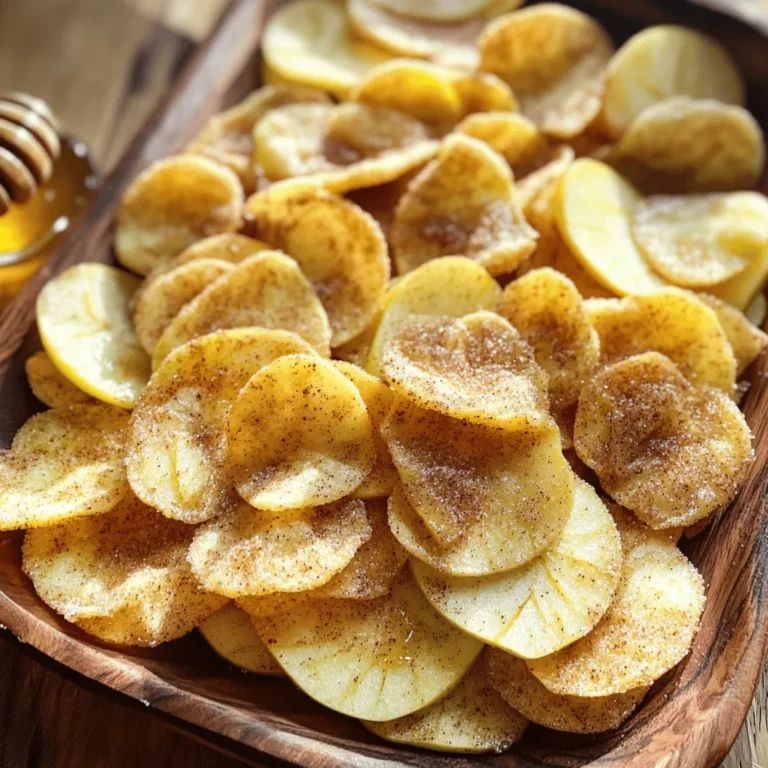- 2 large apples (Honeycrisp or Fuji) - 2 tablespoons granulated sugar - 1 teaspoon ground cinnamon - A pinch of salt - Cooking spray (or coconut oil for a vegan option) Each serving of these apple chips has about 100 calories. They offer 2 grams of fiber and 10 grams of sugar. This snack is light yet satisfying. Apples are high in fiber, which helps with digestion. They also provide vitamins like Vitamin C. Cinnamon has anti-inflammatory properties. It can help regulate blood sugar levels. Together, they make a healthy and tasty snack. First, preheat your oven to 225°F (110°C). This low heat helps the apples dry out slowly. Next, line two baking sheets with parchment paper. This makes it easy to clean up after baking. Wash your apples well and dry them with a towel. You can use any variety you like, such as Honeycrisp or Fuji. Slice the apples very thinly, about 1/8 inch thick. You do not need to peel them. Thin slices will get crispier. In a small bowl, mix together 2 tablespoons of sugar, 1 teaspoon of cinnamon, and a pinch of salt. This blend gives the chips their sweet and spicy flavor. Now, lay the apple slices in a single layer on your baking sheets. Make sure the slices do not touch each other. Lightly spray the slices with cooking spray. You can also brush them with coconut oil if you prefer. This step helps the cinnamon sugar stick to the apples. Now it’s time to bake! Place the baking sheets in your preheated oven. Bake for 1.5 to 2 hours. Remember to flip the apple slices halfway through to ensure they crisp evenly. Keep a close watch on them to avoid burning. After baking, take them out and let them cool. The chips will become even crisper as they cool down. Enjoy your tasty and crunchy snack! For the best crispness, I recommend using Honeycrisp or Fuji apples. These apples are firm and sweet. Their natural water content helps achieve that perfect crunch. Other great options are Granny Smith and Pink Lady. These apples add a tart flavor and balance the sweetness of the cinnamon sugar. To check for doneness, look for a deep golden color. The apple chips should feel dry and crisp to the touch. If they start to brown too fast, lower the oven temperature slightly. Remember to flip the slices halfway through baking. This helps them cook evenly and prevents burning. Keep a close eye on them during the last 30 minutes. You can serve cinnamon sugar apple chips in fun ways. Try placing them in a cute bowl for a snack. For a twist, drizzle honey or maple syrup on the side for dipping. You can also pair them with yogurt for a tasty treat. They make a great addition to salads or cheese platters. Enjoy your deliciously crunchy apple chips! {{image_2}} You can mix in other spices to change the flavor. Try adding a pinch of nutmeg for warmth. You could also sprinkle a little vanilla extract on the apple slices for a sweet twist. Cinnamon and nutmeg pair well and give a cozy taste to your chips. If you want a bit of zest, add a touch of lemon zest. This will brighten the flavor and make it more refreshing. If you want to swap the sugar, there are good options. Honey is a great natural sweetener that adds a unique flavor. Maple syrup works well too and gives a nice, earthy taste. For those looking to cut sugar, try sugar substitutes like stevia or monk fruit. Just remember to adjust the amount since they can be sweeter than sugar. Using a dehydrator is a simple way to make apple chips. Start by washing and slicing your apples thinly, just like for the oven method. Place the slices in a single layer on the dehydrator trays. Set the temperature to 135°F (57°C) and let them dehydrate for about 6 to 8 hours. Check on them to see if they are crisp. Once done, let them cool and enjoy! To keep your apple chips fresh, store them in an airtight container. Glass jars work great, but plastic bags can also work if sealed well. Keep them in a cool, dry place. Avoid direct sunlight, as it can make them soggy. When stored correctly, these apple chips can last up to two weeks. They stay crispy and tasty during this time. After two weeks, they may lose some crunch but will still be good to eat. If your apple chips lose their crunch, don't worry! You can re-crisp them. Simply place them on a baking sheet in a 200°F (93°C) oven for about 10 minutes. This will help restore their delightful crunch. Bake cinnamon sugar apple chips for 1.5 to 2 hours. This low heat helps them dry out and become crispy. Flip the slices halfway through to ensure even baking. Check on them after an hour to avoid burning. The goal is a perfect crunch that's golden brown. Use a timer, and keep an eye on your chips as they bake. Yes, you can use pears! Pears will give a different taste and texture. They may bake faster, so check them at around 1 hour. If you choose pears, slice them just like apples. You can also mix apples and pears for fun flavors. Adjust the sugar and cinnamon slightly, as pears are sweeter. Cinnamon sugar apple chips can be a healthy snack. Apples are rich in fiber and vitamins. The sugar adds sweetness, but you can reduce it if needed. This snack is better than many store-bought chips. It has no added preservatives. Enjoy these chips in moderation for a tasty treat. Making cinnamon sugar apple chips is fun and easy. We covered the simple ingredients, like apples and cinnamon, and shared a clear step-by-step process. You learned tips for crispiness and creative ways to serve your chips. Plus, we explored flavor variations and storage methods to keep them fresh. In the end, these snacks are tasty and healthy. They offer a great way to enjoy apples. Try them and experiment with your own flavors!