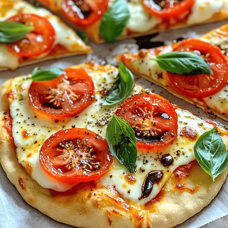 To make a Margherita flatbread pizza, you need a few key items. Here’s what you will need: - 1 pre-made flatbread or pizza dough - 1 cup fresh mozzarella cheese, sliced - 1 large tomato, thinly sliced - 1/4 cup fresh basil leaves - 2 tablespoons olive oil - 1 tablespoon balsamic glaze - Salt and freshly cracked black pepper to taste These ingredients form the heart of your Margherita flatbread pizza. They create a simple but delicious dish. You can add some extra flavors if you want. Consider these optional ingredients: - Crushed red pepper flakes for heat - Garlic, minced for a savory kick - A sprinkle of oregano for a herb boost These options let you customize your pizza to fit your taste. Feel free to mix and match! Sometimes, you may not have all the ingredients. Here are some smart swaps: - Use goat cheese instead of mozzarella for a tangy taste. - Try a different flatbread, like whole wheat or gluten-free. - Use cherry tomatoes if you prefer a sweeter flavor. These substitutions keep your pizza fresh and fun. You can enjoy a classic dish while using what you have on hand. To start, I preheat the oven to 475°F (245°C). This high heat helps to make the flatbread crispy. Next, I line a baking sheet with parchment paper. This keeps the flatbread from sticking. I then place the flatbread on the baking sheet. A quick brush of olive oil on the surface adds flavor and helps it crisp up. Now comes the fun part! I take one cup of fresh mozzarella cheese and slice it. I lay the cheese evenly on the flatbread. Then, I grab one large tomato and slice it thinly. I arrange these beautiful tomato slices on top of the cheese. A sprinkle of salt and freshly cracked black pepper adds a nice touch. Finally, I gather about 1/4 cup of fresh basil leaves. They will add a burst of flavor. It's time to bake! I put the flatbread in the preheated oven. I bake it for about 10 to 12 minutes. I watch for the cheese to melt and bubble. The edges of the flatbread should turn golden brown. When it's done, I take it out and scatter the fresh basil leaves on top. A drizzle of balsamic glaze gives it a sweet finish. I let it cool for a minute, then slice it up and serve! To get a nice bake, preheat your oven to 475°F (245°C). This high heat makes the flatbread crispy. Use parchment paper on your baking sheet. This helps with easy cleanup. Brush your flatbread with olive oil. This gives it a nice golden color. Bake for 10-12 minutes. Keep an eye on it. You want the cheese to melt and bubble. Fresh mozzarella is best for this pizza. It melts well and has a mild taste. You can also try burrata for a creamier texture. If you want a stronger flavor, add some aged mozzarella. Mix cheeses for depth. Just keep the amounts balanced so the flatbread stays light. You can change the toppings to suit your taste. Add a dash of chili flakes for heat. Try different herbs like oregano or thyme for variety. If you like a crunch, add some sautéed onions or bell peppers. For a fresh kick, sprinkle arugula after baking. These small changes can make a big difference. {{image_2}} If you need a gluten-free option, try using gluten-free flatbread or pizza crust. Many stores sell ready-made options that taste great. You can also make your own dough with gluten-free flour. Just mix it with water, oil, and yeast. This way, you can enjoy Margherita flatbread without gluten. For vegetarians, this recipe is already perfect! To make it vegan, switch the mozzarella for a plant-based cheese. There are many tasty options available now. You can also use a mix of cashews and nutritional yeast for a creamy topping. This will keep the flavor rich and satisfying. You can change the toppings with the seasons. In summer, add fresh zucchini or bell peppers. In fall, try butternut squash or kale. You can also add herbs like oregano or thyme for extra flavor. Each season brings new tastes that will keep your flatbread exciting and fresh. To keep your Margherita flatbread pizza fresh, store it in an airtight container. If you can't find one, wrap the pizza tightly in plastic wrap. This will stop air from getting in and drying it out. Make sure to cool the pizza to room temperature before storing it. This way, it won’t steam inside the container and lose its crispiness. When you're ready to enjoy your leftovers, I recommend reheating them in the oven. Preheat your oven to 375°F (190°C). Place the pizza on a baking sheet. Heat it for about 5-8 minutes. This method keeps the flatbread crispy and the cheese melty. You can also use a skillet on medium heat for about 3-4 minutes. Cover the skillet with a lid to help melt the cheese. Properly stored, your Margherita flatbread pizza will last for 3-4 days in the fridge. If you want to keep it longer, consider freezing it. Wrap the pizza tightly in plastic wrap, then place it in a freezer bag. It will last for up to 2 months in the freezer. When you're ready to eat it, let it thaw in the fridge overnight before reheating. Margherita Flatbread Pizza is a simple dish. It uses fresh ingredients. You start with a flatbread or pizza dough. Top it with fresh mozzarella, tomatoes, and basil. A drizzle of olive oil adds flavor. This pizza is light, fresh, and tasty. It is perfect for lunch or dinner. Yes, you can make Margherita Flatbread Pizza ahead of time. Prepare the toppings and store them separately. You can keep them in the fridge. When you are ready to eat, assemble the pizza. Bake it to enjoy fresh flavors. This method saves time on busy days. Margherita Pizza comes from Italy. It was created in the late 1800s. A chef made it for Queen Margherita of Savoy. The colors of the pizza represent the Italian flag: red, white, and green. This pizza has become a classic worldwide. Its simple ingredients shine in every bite. In this post, we covered making delicious Margherita flatbread pizza. We looked at essential and optional ingredients, plus substitutions for your needs. You learned step-by-step how to prep, assemble, and bake your pizza. Tips and tricks helped you choose the right cheese and perfect your bake. We also explored gluten-free, vegetarian, and seasonal options. Finally, we shared storage tips and answered common questions. Enjoy creating your own tasty flatbread pizza!