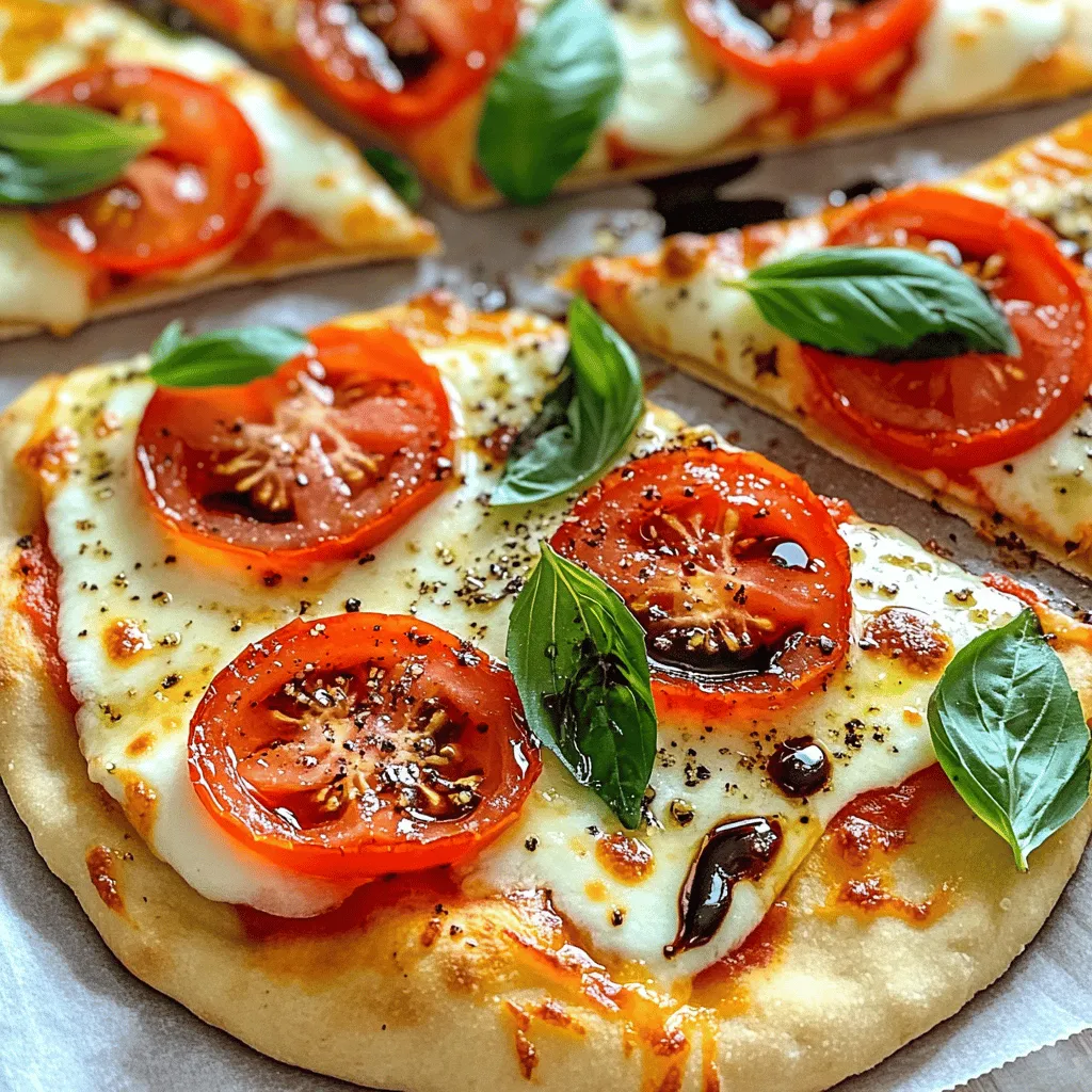 To make a Margherita flatbread pizza, you need a few key items. Here’s what you will need: - 1 pre-made flatbread or pizza dough - 1 cup fresh mozzarella cheese, sliced - 1 large tomato, thinly sliced - 1/4 cup fresh basil leaves - 2 tablespoons olive oil - 1 tablespoon balsamic glaze - Salt and freshly cracked black pepper to taste These ingredients form the heart of your Margherita flatbread pizza. They create a simple but delicious dish. You can add some extra flavors if you want. Consider these optional ingredients: - Crushed red pepper flakes for heat - Garlic, minced for a savory kick - A sprinkle of oregano for a herb boost These options let you customize your pizza to fit your taste. Feel free to mix and match! Sometimes, you may not have all the ingredients. Here are some smart swaps: - Use goat cheese instead of mozzarella for a tangy taste. - Try a different flatbread, like whole wheat or gluten-free. - Use cherry tomatoes if you prefer a sweeter flavor. These substitutions keep your pizza fresh and fun. You can enjoy a classic dish while using what you have on hand. To start, I preheat the oven to 475°F (245°C). This high heat helps to make the flatbread crispy. Next, I line a baking sheet with parchment paper. This keeps the flatbread from sticking. I then place the flatbread on the baking sheet. A quick brush of olive oil on the surface adds flavor and helps it crisp up. Now comes the fun part! I take one cup of fresh mozzarella cheese and slice it. I lay the cheese evenly on the flatbread. Then, I grab one large tomato and slice it thinly. I arrange these beautiful tomato slices on top of the cheese. A sprinkle of salt and freshly cracked black pepper adds a nice touch. Finally, I gather about 1/4 cup of fresh basil leaves. They will add a burst of flavor. It's time to bake! I put the flatbread in the preheated oven. I bake it for about 10 to 12 minutes. I watch for the cheese to melt and bubble. The edges of the flatbread should turn golden brown. When it's done, I take it out and scatter the fresh basil leaves on top. A drizzle of balsamic glaze gives it a sweet finish. I let it cool for a minute, then slice it up and serve! To get a nice bake, preheat your oven to 475°F (245°C). This high heat makes the flatbread crispy. Use parchment paper on your baking sheet. This helps with easy cleanup. Brush your flatbread with olive oil. This gives it a nice golden color. Bake for 10-12 minutes. Keep an eye on it. You want the cheese to melt and bubble. Fresh mozzarella is best for this pizza. It melts well and has a mild taste. You can also try burrata for a creamier texture. If you want a stronger flavor, add some aged mozzarella. Mix cheeses for depth. Just keep the amounts balanced so the flatbread stays light. You can change the toppings to suit your taste. Add a dash of chili flakes for heat. Try different herbs like oregano or thyme for variety. If you like a crunch, add some sautéed onions or bell peppers. For a fresh kick, sprinkle arugula after baking. These small changes can make a big difference. {{image_2}} If you need a gluten-free option, try using gluten-free flatbread or pizza crust. Many stores sell ready-made options that taste great. You can also make your own dough with gluten-free flour. Just mix it with water, oil, and yeast. This way, you can enjoy Margherita flatbread without gluten. For vegetarians, this recipe is already perfect! To make it vegan, switch the mozzarella for a plant-based cheese. There are many tasty options available now. You can also use a mix of cashews and nutritional yeast for a creamy topping. This will keep the flavor rich and satisfying. You can change the toppings with the seasons. In summer, add fresh zucchini or bell peppers. In fall, try butternut squash or kale. You can also add herbs like oregano or thyme for extra flavor. Each season brings new tastes that will keep your flatbread exciting and fresh. To keep your Margherita flatbread pizza fresh, store it in an airtight container. If you can't find one, wrap the pizza tightly in plastic wrap. This will stop air from getting in and drying it out. Make sure to cool the pizza to room temperature before storing it. This way, it won’t steam inside the container and lose its crispiness. When you're ready to enjoy your leftovers, I recommend reheating them in the oven. Preheat your oven to 375°F (190°C). Place the pizza on a baking sheet. Heat it for about 5-8 minutes. This method keeps the flatbread crispy and the cheese melty. You can also use a skillet on medium heat for about 3-4 minutes. Cover the skillet with a lid to help melt the cheese. Properly stored, your Margherita flatbread pizza will last for 3-4 days in the fridge. If you want to keep it longer, consider freezing it. Wrap the pizza tightly in plastic wrap, then place it in a freezer bag. It will last for up to 2 months in the freezer. When you're ready to eat it, let it thaw in the fridge overnight before reheating. Margherita Flatbread Pizza is a simple dish. It uses fresh ingredients. You start with a flatbread or pizza dough. Top it with fresh mozzarella, tomatoes, and basil. A drizzle of olive oil adds flavor. This pizza is light, fresh, and tasty. It is perfect for lunch or dinner. Yes, you can make Margherita Flatbread Pizza ahead of time. Prepare the toppings and store them separately. You can keep them in the fridge. When you are ready to eat, assemble the pizza. Bake it to enjoy fresh flavors. This method saves time on busy days. Margherita Pizza comes from Italy. It was created in the late 1800s. A chef made it for Queen Margherita of Savoy. The colors of the pizza represent the Italian flag: red, white, and green. This pizza has become a classic worldwide. Its simple ingredients shine in every bite. In this post, we covered making delicious Margherita flatbread pizza. We looked at essential and optional ingredients, plus substitutions for your needs. You learned step-by-step how to prep, assemble, and bake your pizza. Tips and tricks helped you choose the right cheese and perfect your bake. We also explored gluten-free, vegetarian, and seasonal options. Finally, we shared storage tips and answered common questions. Enjoy creating your own tasty flatbread pizza!