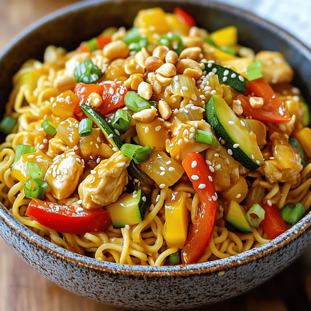- 200g egg noodles - 200g chicken breast, diced - 1 bell pepper (red or green), chopped Egg noodles give this dish a nice bite. Chicken breast adds protein and flavor. You can choose red or green bell peppers for a pop of color. - 2 tablespoons soy sauce - 1 tablespoon hoisin sauce - 1 teaspoon sesame oil Soy sauce adds saltiness. Hoisin sauce brings sweetness. Sesame oil gives a nutty flavor that ties everything together. - 1 small zucchini, julienned - 2 green onions, sliced - 2 garlic cloves, minced - 1 teaspoon ginger, minced Zucchini adds crunch. Green onions offer a fresh taste. Garlic and ginger give a fragrant kick that enhances the dish. Using these ingredients, you create a meal that is both tasty and quick to prepare. Enjoy the vibrant flavors and colors as you cook! - Boil water in a pot. - Add 200g of egg noodles. - Cook them for 3-5 minutes. - Drain and set aside. - Heat oil in a large skillet over medium-high heat. - Add 200g of diced chicken breast. - Season with salt and pepper. - Cook for 5-7 minutes until golden brown. - Remove from the pan and keep warm. - In the same pan, add more oil if needed. - Add 2 minced garlic cloves and 1 teaspoon of minced ginger. - Sauté for 30 seconds until fragrant. - Add 1 chopped bell pepper and 1 small julienned zucchini. - Cook for 3-4 minutes until tender but crisp. - Return the chicken to the pan. - Add 3 tablespoons of roasted peanuts. - Mix in 2 tablespoons of soy sauce, 1 tablespoon of hoisin sauce, 1 tablespoon of rice vinegar, and 1 teaspoon of sesame oil. - Stir gently to combine. - Pour in 1 tablespoon of cornstarch mixed with 2 tablespoons of water. - Stir until the sauce thickens, about 1-2 minutes. - Toss the cooked noodles into the skillet. - Mix everything until well combined. - If it's too dry, add a splash of water or more soy sauce. - Finally, fold in sliced green onions and give it one last toss. Using fresh ingredients is key to great flavor. Fresh veggies and good-quality chicken make a big difference. When you chop your bell pepper and zucchini, notice their vibrant colors. They add life to your dish! Balancing flavors is also important. You want a mix of salty, sweet, and a bit of tanginess. The soy sauce adds salt, while hoisin sauce gives sweetness. Rice vinegar adds a nice tang. Taste as you go, and adjust to your liking. Stir-frying is fast and fun! Heat your pan or wok well before adding oil. This helps the food cook evenly. When you add chicken, let it sear without moving it too much. This creates a nice golden color. Choose a good wok for best results. Woks heat evenly and allow for easy tossing. If you don’t have one, a large skillet works too. Just make sure it has high sides to catch all the yummy bits. Presentation matters! Serve your Kung Pao Chicken Noodles in deep bowls. This makes it easy to eat and looks nice. Garnish with extra peanuts and green onions on top. A sprinkle of sesame seeds adds a lovely touch. For a pop of color, add a few slices of red bell pepper on top. This makes your dish eye-catching and tasty. Enjoy your meal and impress your friends with how great it looks! {{image_2}} You can switch up the protein in Kung Pao Chicken Noodles easily. Shrimp works great if you want seafood. Just cook it until it turns pink. Tofu is another fantastic option. It absorbs flavors well and is perfect for vegetarians. Make sure to press the tofu to remove extra water. This will help it get crispy when you cook it. Egg noodles are classic, but you can change them. Rice noodles are a great choice. They soak up the sauce nicely and add a different texture. If you need a gluten-free option, use rice noodles or even zucchini noodles. Just remember, cooking times may vary, so keep an eye on them. Want to spice things up? Add more chili flakes or fresh chili for heat. You can also try different sauces. If you love it sweet, add more hoisin sauce. For a tangy kick, increase the rice vinegar. Adjust the flavors to suit your taste. Don’t be afraid to get creative! To keep your Kung Pao Chicken Noodles fresh, store them in an airtight container. Let the dish cool down before sealing it. This helps prevent moisture buildup, which can make the noodles soggy. Refrigerate the leftovers within two hours of cooking. They should last for about three days in the fridge. Reheat your leftovers on the stove for the best taste. Place the noodles in a skillet over medium heat. Add a splash of water or soy sauce to keep them moist. Stir frequently until heated through. This method helps maintain the texture and flavor. You can also use a microwave. Cover the bowl with a damp paper towel to keep the noodles from drying out. Heat in short bursts, stirring in between. If you want to freeze Kung Pao Chicken Noodles, portion them into freezer-safe bags. Remove as much air as possible before sealing. Label the bags with the date. They can be frozen for up to three months. To defrost, place the bag in the fridge overnight. For a quick option, use the microwave on the defrost setting. Once thawed, reheat as mentioned earlier to enjoy your meal again! Yes, you can make Kung Pao Chicken Noodles ahead of time. Cook the noodles and chicken as usual. Store them in an airtight container in the fridge. When you are ready to serve, reheat your dish in a skillet over medium heat. Add a splash of water or soy sauce to help loosen it up. This method keeps your meal fresh and tasty. You can easily swap some ingredients for a healthier meal. Try these alternatives: - Use whole wheat egg noodles instead of regular ones. - Substitute chicken breast with lean turkey or tofu for a plant-based option. - Replace soy sauce with low-sodium soy sauce to cut down on salt. - Add more fresh vegetables like broccoli, carrots, or snap peas for extra fiber. These swaps help create a nutritious dish without losing flavor. To adjust the spice level, you have a few options: - Add red pepper flakes or chili sauce for heat. - Use less soy sauce if you prefer milder flavors. - If you want no spice at all, simply skip the chili sauce or peppers. Start small, and taste as you go to find your perfect level of heat. Yes, this recipe is great for meal prep. It holds up well in the fridge for several days. Portion your Kung Pao Chicken Noodles into single servings for easy lunches or dinners. Just remember to store the sauce separately if you want to keep the noodles from getting soggy. This blog post covered a tasty Kung Pao Chicken Noodles recipe. We discussed key ingredients like egg noodles, chicken, and fresh veggies. You learned cooking steps, tips for great flavor, and fun ways to change it up. Remember, using fresh ingredients makes a big difference. Try different proteins and noodles to suit your taste. This dish is perfect for meal prep or a family dinner. Get creative and enjoy your cooking!
