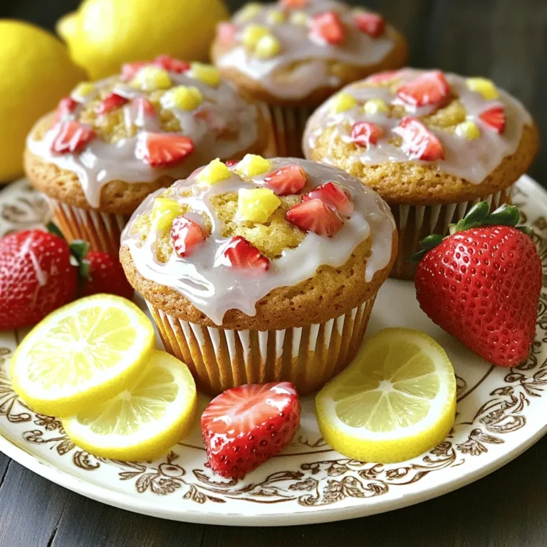 - 1 cup all-purpose flour - 1 cup whole wheat flour - 1 cup granulated sugar - 2 teaspoons baking powder - 1/2 teaspoon baking soda - 1/4 teaspoon salt - 3/4 cup buttermilk (or substitute with milk + 1 tablespoon lemon juice) - 1/3 cup vegetable oil - 2 large eggs - Zest of 1 lemon - 1/4 cup fresh lemon juice - 1 cup fresh strawberries, diced - 1/4 cup powdered sugar - 1 tablespoon lemon juice - For buttermilk, use milk mixed with lemon juice. It works great! - You can swap all-purpose flour for almond flour for a gluten-free option. - Try using coconut sugar for a healthier sweetener. It adds a nice flavor! The right ingredients make all the difference in your muffins. Each one plays a key role in creating that perfect bakery-style treat. The mix of all-purpose and whole wheat flour gives a great texture. The granulated sugar adds sweetness, while lemon juice brightens the flavor. Using fresh strawberries makes the muffins juicy and flavorful. Don't forget the glaze! It adds a nice finish. Start by preheating your oven to 375°F (190°C). This is key for even baking. Grab a muffin pan and either line it with paper liners or grease the cups. This helps the muffins release easily. You will need: - Oven - Muffin pan - Paper liners or cooking spray - Mixing bowls - Whisk Proper mixing of dry ingredients is vital. It ensures your muffins rise well and taste great. In a large bowl, whisk together the all-purpose flour, whole wheat flour, sugar, baking powder, baking soda, and salt. To measure flour accurately, spoon it into your measuring cup. Avoid scooping directly from the bag, as this packs the flour down and adds too much. In another bowl, mix the buttermilk, vegetable oil, eggs, lemon zest, and lemon juice. Stir until everything is smooth. The lemon zest and juice add bright flavor and aroma. They make your muffins taste fresh and zesty. Now, gently fold the wet mixture into the dry ingredients. Mix until just combined. It’s okay to see some lumps. Be careful not to overmix. Overmixing can lead to tough muffins. Next, gently fold in the diced strawberries. Make sure they are evenly spread throughout the batter. Divide the batter evenly among the muffin cups. Fill each cup about 3/4 full. Bake in the preheated oven for 18-20 minutes. To test doneness, insert a toothpick into the center of a muffin. If it comes out clean, your muffins are ready. Once they are done, let the muffins cool in the pan for 5 minutes. Then, transfer them to a wire rack. This helps keep them from getting soggy. To make perfect muffins, start with room temperature ingredients. This helps the batter mix well. Cold eggs or milk can lead to dense muffins. Next, focus on your mixing technique. Gently fold the wet and dry ingredients together. Overmixing can ruin the light texture you want. A few lumps are okay, as they keep your muffins fluffy. For a lovely display, serve the muffins on a nice plate. Add whole strawberries and lemon slices around them. This adds color and makes the muffins more inviting. Drizzle the lemon glaze on top for a zesty touch. If you want, sprinkle some powdered sugar over the muffins. It gives a sweet finish and looks great. One big mistake is overmixing the batter. This can lead to tough muffins. Mix just until the ingredients are combined for the best results. Also, check your ingredients. Using stale flour or old baking powder can ruin your muffins. Always use fresh ingredients for the best taste. {{image_2}} You can switch things up with your muffins by adding different fruits. Try blueberries or raspberries for a fun twist. Both fruits add a tart flavor that pairs well with lemon. You can also mix in spices like cinnamon or nutmeg. A pinch of cinnamon gives warmth, while nutmeg adds a unique taste. Just remember, spices can change the muffin's flavor a lot, so use them sparingly. If you want vegan muffins, you can easily make changes. Replace the eggs with flaxseed or applesauce. Use plant-based milk instead of buttermilk. For gluten-free muffins, swap out regular flour for a gluten-free blend. This makes the muffins safe for those with gluten allergies. Baking is all about trying new things, so don’t be afraid to experiment! Muffin parfaits are a fun way to serve these treats. Layer crumbled muffins with yogurt and fresh fruit. This makes for a great breakfast or snack. You can also create a breakfast sandwich by cutting a muffin in half. Add some eggs, cheese, or your favorite fillings. This turns your muffin into a tasty, filling meal. To keep your strawberry lemonade muffins fresh, store them in a cool place. Use an airtight container to maintain moisture. This helps keep the muffins soft. You can also wrap them in plastic wrap. This extra layer protects them from air and drying out. To freeze your muffins, follow these steps: 1. Allow the muffins to cool completely. 2. Wrap each muffin in plastic wrap tightly. 3. Place the wrapped muffins in a freezer bag. 4. Label the bag with the date for easy tracking. When you want to enjoy a muffin, take it out of the freezer. Let it thaw at room temperature for about an hour. For a warm treat, reheat in the oven at 350°F (175°C) for 10 minutes. Homemade muffins can last about 3 to 5 days at room temperature. Always check for signs of spoilage. If you see mold or a strange smell, it’s time to throw them away. Keeping them in the fridge can extend their shelf life by a few days but may dry them out. Enjoy your muffins while they are fresh for the best taste! Store leftover muffins in an airtight container. This keeps them fresh for longer. You can also wrap them in plastic wrap. Place them at room temperature for one to two days. If you want them to last longer, freeze them. Just put them in a freezer-safe bag. They can stay good for up to three months. Yes, you can use frozen strawberries. Just make sure to thaw them first. Pat them dry with a paper towel to remove extra moisture. This helps keep your muffins from getting soggy. Fresh strawberries give a bit more flavor, but frozen ones work well too. If you don’t have buttermilk, use milk with lemon juice. Just add one tablespoon of lemon juice to one cup of milk. Let it sit for about five minutes. This creates a sour milk that works like buttermilk. You can also use yogurt or sour cream mixed with water. Dense muffins often come from overmixing the batter. Mix only until you see no dry flour. Too much liquid can also cause density. Check your measurements to avoid this. If you add too many strawberries, they can weigh the batter down too. To help muffins rise, use fresh baking powder. Check the expiration date before using. Make sure your oven is preheated to the right temperature. Also, fill muffin cups about three-quarters full. This gives them room to rise without spilling over. This guide covered muffin baking from start to finish. You learned about key ingredients, step-by-step instructions, and tips to avoid common mistakes. Using fresh ingredients and proper techniques makes a big difference. Explore flavor variations and dietary options for your muffins. Store them well to keep them fresh and delicious. With these tips, you can bake muffins just like a pro. Enjoy your baking journey and the tasty results!