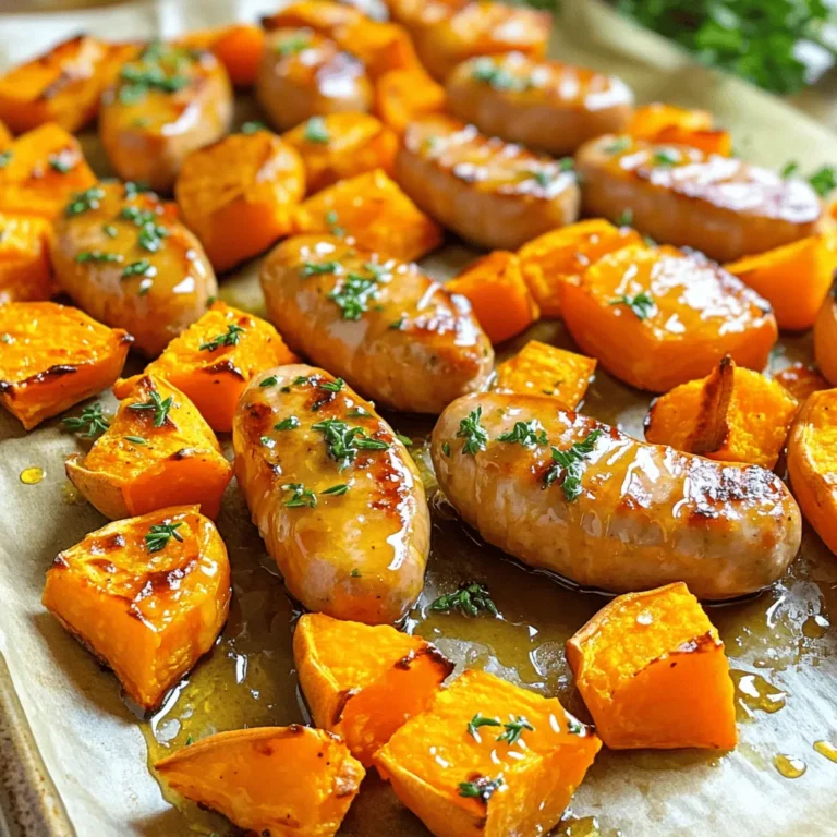- 4 chicken sausages, sliced - 2 medium sweet potatoes, peeled and diced - 1 tablespoon olive oil - 2 tablespoons pure maple syrup - 1 teaspoon smoked paprika - 1 teaspoon garlic powder - 1 teaspoon fresh thyme leaves (or ½ teaspoon dried thyme) - Salt and pepper to taste - Fresh parsley for garnish You can swap chicken sausage for turkey sausage if you prefer a lighter option. For sweet potatoes, use butternut squash for a change in flavor. Instead of olive oil, avocado oil works great. You can also use honey instead of maple syrup for sweetness. If you lack fresh thyme, try oregano or rosemary for a different twist. To make this dish, you will need a few key items: - A large mixing bowl for tossing ingredients - A baking sheet lined with parchment paper - A sharp knife for slicing sausages and dicing sweet potatoes - A spatula for mixing and serving - An oven preheated to 400°F (200°C) to ensure even roasting These tools make cooking easy and fun. Having everything ready helps keep the process smooth. Enjoy the cooking journey as much as the meal itself! First, set your oven to 400°F (200°C). This helps the sweet potatoes cook well. Next, gather your ingredients. You need chicken sausages, sweet potatoes, olive oil, maple syrup, smoked paprika, garlic powder, thyme, salt, and pepper. In a large bowl, combine the diced sweet potatoes with 1 tablespoon of olive oil. Add 1 teaspoon each of smoked paprika, garlic powder, salt, and pepper. Mix well. You want each piece to be coated in the spices. This gives the sweet potatoes great flavor. Spread the sweet potatoes on a baking sheet lined with parchment paper. Make sure they are in a single layer. This helps them roast evenly. Place the baking sheet in the oven and roast for 15 minutes. The sweet potatoes will get soft and start to brown. After 15 minutes, take out the baking sheet. Add the sliced chicken sausages on top of the sweet potatoes. Drizzle 2 tablespoons of pure maple syrup over everything. This will give a sweet taste that pairs well with the sausage and sweet potatoes. Sprinkle fresh thyme leaves on top for more flavor. If you use dried thyme, half a teaspoon will work too. Return the baking sheet to the oven and roast for another 20 minutes. The sausages will brown, and the sweet potatoes will become tender. Once done, remove the baking sheet from the oven. Let it cool for a few minutes. Before serving, garnish with fresh parsley for a pop of color. Enjoy your delicious maple glazed chicken sausage and sweet potatoes! To get perfect sweet potatoes and sausages, follow some easy steps. First, cut sweet potatoes into even pieces. This helps them cook at the same rate. Next, make sure they are well coated with olive oil and spices. This adds flavor and helps them crisp up. When roasting, spread them out on the baking sheet. Don’t crowd them; give them space to breathe. Flip them halfway through cooking for even browning. You can make this dish even healthier with some simple swaps. Try using turkey sausage instead of chicken sausage. It lowers the fat while keeping the flavor. You can also add more veggies like bell peppers or onions for extra nutrients. If you want to cut down on sugar, use less maple syrup. A splash of lemon juice can also brighten the dish without extra calories. This dish is great on its own, but you can elevate it. Serve it with a side salad for a fresh crunch. A light vinaigrette pairs well with the sweetness of the maple glaze. If you want something warm, try a bowl of quinoa or brown rice. For drinks, a glass of apple cider or sparkling water will refresh your palate. Don't forget to sprinkle fresh parsley on top for a pop of color! {{image_2}} You can switch the chicken sausage for other proteins. Try turkey sausage for a leaner option. Pork sausage adds a rich flavor. For a meatless choice, use plant-based sausage. Each option gives a unique taste. Just keep the cooking times similar so everything cooks well. Change up the sweet potatoes based on the season. In fall, use butternut squash for a warm flavor. In spring, try asparagus for freshness. You can also swap thyme for fresh rosemary. This change gives a lovely herbal touch. Each season brings new flavors to enjoy! Want to change the taste? Add a splash of balsamic vinegar for tang. For spice, mix in red pepper flakes. If you like zest, squeeze in lemon juice before serving. These tweaks can elevate your dish. Experiment and find what makes your taste buds happy! To store leftovers, let the dish cool to room temperature. Place the chicken sausage and sweet potatoes in an airtight container. This helps keep them fresh. Use a container with a tight seal to prevent air from getting in. Store in the fridge. Enjoy leftovers within three days for the best taste. To reheat, preheat your oven to 350°F (175°C). Place the leftovers on a baking sheet. Cover with foil to keep moisture in. Heat for about 15 to 20 minutes. Check that it is hot all the way through. You can also use a microwave. Place in a microwave-safe dish and heat for 2 to 3 minutes. Stir halfway for even heating. If you want to freeze the dish, let it cool first. Place the chicken sausage and sweet potatoes in a freezer-safe bag or container. Label it with the date. It can last up to three months in the freezer. When ready to eat, transfer to the fridge to thaw overnight. Reheat as described above. Enjoy the flavors even after freezing! Yes, you can use other types of sausage. Turkey sausage or pork sausage works well. Just keep in mind that the flavor may change. Each type adds a unique taste to the dish. You can also try sweet Italian sausage for a different twist. Always cook the sausage until it reaches a safe temperature. To make this dish gluten-free, ensure all your ingredients are gluten-free. Most chicken sausages are gluten-free, but check the label. Use gluten-free olive oil and spices. Avoid any sauces that may contain gluten. This will keep the dish safe for those with gluten allergies. Some easy side dishes pair well with this meal. A fresh green salad adds crunch and color. Steamed broccoli or green beans offer a healthy choice. You could also serve it with a simple quinoa dish. These sides complement the sweet and savory flavors of the main dish. This blog post covers a tasty recipe for roasted sweet potatoes with chicken sausage. We've looked at ingredients, helpful tools, and step-by-step cooking tips. You'll also find ways to make it healthier and add fun variations. Try it out and adjust flavors to your taste. Don’t forget to store any leftovers properly for later meals. With these tips, cooking will be enjoyable and stress-free. Enjoy your delicious dish!