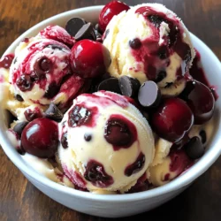 - 2 cups fresh cherries, pitted and chopped - 1 cup heavy cream - 1 cup whole milk - 3/4 cup granulated sugar - 1 teaspoon vanilla extract - 1 pinch of salt - 1/2 cup dark chocolate chips - Ice cream maker - Mixing bowls - Whisk - Airtight container When making cherry chocolate chip ice cream, you need fresh ingredients for the best taste. Start with two cups of fresh cherries. Make sure to pit and chop them first. This gives great flavor and texture. Next, you will need one cup of heavy cream. This rich cream adds a smoothness to the ice cream. One cup of whole milk works well too. Together, these two create a creamy base. You will also need three-quarters of a cup of granulated sugar. This sweetens the ice cream. A teaspoon of vanilla extract adds warmth to the flavor. Just a pinch of salt balances the sweetness. Don't forget the chocolate! Half a cup of dark chocolate chips goes in at the end. They add a delightful surprise in each bite. For tools, an ice cream maker is a must. It helps churn the mixture to a soft-serve texture. You will also need mixing bowls for combining ingredients. A whisk will help dissolve the sugar into the cream and milk mix. Finally, an airtight container is needed for freezing the ice cream. Using these fresh ingredients and tools, you can create a delicious homemade cherry chocolate chip ice cream. - Start by chopping 2 cups of fresh cherries. - Place the cherries in a bowl and mix them with 1/4 cup of sugar. - Let the cherries sit for about 15 minutes. This helps them release their juices. - In a large bowl, whisk together 1 cup of heavy cream and 1 cup of whole milk. - Add 1/2 cup of sugar, 1 teaspoon of vanilla extract, and a pinch of salt. - Make sure to whisk until the sugar dissolves fully. This will ensure a smooth base. - Gently fold the cherry mixture into the cream base. Mix just enough to combine. - Cover the bowl with plastic wrap or a lid. - Place the bowl in the refrigerator for at least 2 hours. This will help the flavors meld. - Once chilled, pour the mixture into your ice cream maker. - Churn the mixture according to the manufacturer's instructions for 20-25 minutes. - In the last 5 minutes of churning, slowly add 1/2 cup of dark chocolate chips. - This will ensure the chips are evenly distributed throughout the ice cream. - Transfer the soft ice cream into an airtight container. - Freeze it for at least 4 hours or until it becomes firm. - For serving, scoop the ice cream into bowls or cones. Enjoy with whole cherries on top or a drizzle of chocolate sauce! To get a creamy consistency in your ice cream, start with cold ingredients. Use heavy cream and whole milk straight from the fridge. Mix them well until the sugar dissolves completely. This helps create a smooth base. Chilling the mixture is key. After mixing, let it sit in the fridge for at least two hours. This cooling time allows the flavors to blend better. It also makes the ice cream smoother when you churn it. You can add fun flavors to your ice cream. Consider using almond extract for a nutty taste. A splash of orange juice adds a fresh twist. You can even mix in crushed cookies or nuts for extra crunch. When it comes to chocolate, don't be shy! Try milk chocolate or even white chocolate chips. Each type of chocolate brings a new taste. Experiment to find your favorite combo. One mistake many make is over-churning the ice cream. Churning too long can make it icy instead of creamy. Stick to the recommended time of 20-25 minutes in your ice cream maker. Another common error is not allowing enough time for freezing. After churning, transfer your ice cream to an airtight container. Freeze it for at least four hours. This step is vital for achieving the right texture. {{image_2}} You can make this cherry chocolate chip ice cream lighter. Use low-fat milk instead of whole milk. This change cuts some fat without losing flavor. You can also swap granulated sugar for a sugar substitute. This option is great for those watching their sugar intake. For a dairy-free choice, try using coconut or almond milk. These milks give a different taste but still keep it creamy and smooth. Cherries are delicious, but you can mix in other fruits, too. Try adding diced strawberries or blueberries for a fun twist. Seasonal fruits work well, like peaches in summer or apples in fall. You can even make a berry blend with raspberries and blackberries. Each fruit gives the ice cream a fresh taste and color. If you want more chocolate flavor, switch dark chocolate for milk or white chocolate. Each type brings its own sweetness. You can also add chocolate swirls. To do this, simply melt chocolate and swirl it into the ice cream right before freezing. These options let you customize your cherry chocolate chip ice cream to suit your taste. To keep your cherry chocolate chip ice cream fresh, store it in an airtight container. A good option is a hard plastic container with a tight lid. This helps to keep out air and prevent freezer burn. Make sure to fill the container to the top, leaving little space for air. If you have leftovers, press a piece of plastic wrap directly on the ice cream before sealing the lid. This adds extra protection. Homemade cherry chocolate chip ice cream lasts about two to three weeks in the freezer. After this period, it may lose its flavor and texture. Signs that your ice cream has gone bad include ice crystals forming on the surface or a strange odor. If it smells off or looks different, it's best to throw it away. When you're ready to enjoy your ice cream, the best way to thaw it is by placing it in the fridge for about 20 minutes. This helps soften it without melting too much. If you're in a hurry, you can leave it out at room temperature for 5 to 10 minutes. After thawing, if your ice cream feels grainy, stir it gently to improve the texture. Enjoy your delicious treat! Yes, you can! If you don't have an ice cream maker, use a freezer-safe bowl. Pour the mixture into the bowl and freeze it. Every 30 minutes, stir it with a fork. This helps break up ice crystals. Keep stirring until it reaches a creamy texture. It may take about 4 to 6 hours to freeze fully. This method gives you a tasty treat without special tools. Absolutely! Frozen cherries work great in this recipe. Just let them thaw and drain any extra juice. You may need to adjust the sugar, depending on how sweet the cherries are. Frozen fruit is handy for off-seasons. They can still add that delicious cherry flavor. Serving this ice cream can be fun! Use chilled bowls to keep it from melting too fast. You can add a few whole cherries on top for a nice look. Drizzle a bit of chocolate sauce over the scoops for extra flavor. This presentation is sure to impress friends and family at gatherings. Enjoy your delightful homemade treat! Making homemade cherry chocolate chip ice cream is fun and rewarding. You learned about ingredients and tools needed. The step-by-step guide helps you prepare this treat with ease. Remember to chill and churn for the best texture. You can also explore flavor variations or healthier options. Store it right to keep it fresh longer. With these tips, you can impress anyone with your tasty ice cream. Enjoy each scoop!