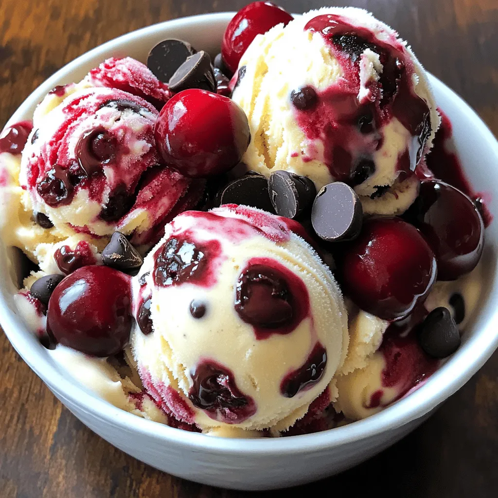 - 2 cups fresh cherries, pitted and chopped - 1 cup heavy cream - 1 cup whole milk - 3/4 cup granulated sugar - 1 teaspoon vanilla extract - 1 pinch of salt - 1/2 cup dark chocolate chips - Ice cream maker - Mixing bowls - Whisk - Airtight container When making cherry chocolate chip ice cream, you need fresh ingredients for the best taste. Start with two cups of fresh cherries. Make sure to pit and chop them first. This gives great flavor and texture. Next, you will need one cup of heavy cream. This rich cream adds a smoothness to the ice cream. One cup of whole milk works well too. Together, these two create a creamy base. You will also need three-quarters of a cup of granulated sugar. This sweetens the ice cream. A teaspoon of vanilla extract adds warmth to the flavor. Just a pinch of salt balances the sweetness. Don't forget the chocolate! Half a cup of dark chocolate chips goes in at the end. They add a delightful surprise in each bite. For tools, an ice cream maker is a must. It helps churn the mixture to a soft-serve texture. You will also need mixing bowls for combining ingredients. A whisk will help dissolve the sugar into the cream and milk mix. Finally, an airtight container is needed for freezing the ice cream. Using these fresh ingredients and tools, you can create a delicious homemade cherry chocolate chip ice cream. - Start by chopping 2 cups of fresh cherries. - Place the cherries in a bowl and mix them with 1/4 cup of sugar. - Let the cherries sit for about 15 minutes. This helps them release their juices. - In a large bowl, whisk together 1 cup of heavy cream and 1 cup of whole milk. - Add 1/2 cup of sugar, 1 teaspoon of vanilla extract, and a pinch of salt. - Make sure to whisk until the sugar dissolves fully. This will ensure a smooth base. - Gently fold the cherry mixture into the cream base. Mix just enough to combine. - Cover the bowl with plastic wrap or a lid. - Place the bowl in the refrigerator for at least 2 hours. This will help the flavors meld. - Once chilled, pour the mixture into your ice cream maker. - Churn the mixture according to the manufacturer's instructions for 20-25 minutes. - In the last 5 minutes of churning, slowly add 1/2 cup of dark chocolate chips. - This will ensure the chips are evenly distributed throughout the ice cream. - Transfer the soft ice cream into an airtight container. - Freeze it for at least 4 hours or until it becomes firm. - For serving, scoop the ice cream into bowls or cones. Enjoy with whole cherries on top or a drizzle of chocolate sauce! To get a creamy consistency in your ice cream, start with cold ingredients. Use heavy cream and whole milk straight from the fridge. Mix them well until the sugar dissolves completely. This helps create a smooth base. Chilling the mixture is key. After mixing, let it sit in the fridge for at least two hours. This cooling time allows the flavors to blend better. It also makes the ice cream smoother when you churn it. You can add fun flavors to your ice cream. Consider using almond extract for a nutty taste. A splash of orange juice adds a fresh twist. You can even mix in crushed cookies or nuts for extra crunch. When it comes to chocolate, don't be shy! Try milk chocolate or even white chocolate chips. Each type of chocolate brings a new taste. Experiment to find your favorite combo. One mistake many make is over-churning the ice cream. Churning too long can make it icy instead of creamy. Stick to the recommended time of 20-25 minutes in your ice cream maker. Another common error is not allowing enough time for freezing. After churning, transfer your ice cream to an airtight container. Freeze it for at least four hours. This step is vital for achieving the right texture. {{image_2}} You can make this cherry chocolate chip ice cream lighter. Use low-fat milk instead of whole milk. This change cuts some fat without losing flavor. You can also swap granulated sugar for a sugar substitute. This option is great for those watching their sugar intake. For a dairy-free choice, try using coconut or almond milk. These milks give a different taste but still keep it creamy and smooth. Cherries are delicious, but you can mix in other fruits, too. Try adding diced strawberries or blueberries for a fun twist. Seasonal fruits work well, like peaches in summer or apples in fall. You can even make a berry blend with raspberries and blackberries. Each fruit gives the ice cream a fresh taste and color. If you want more chocolate flavor, switch dark chocolate for milk or white chocolate. Each type brings its own sweetness. You can also add chocolate swirls. To do this, simply melt chocolate and swirl it into the ice cream right before freezing. These options let you customize your cherry chocolate chip ice cream to suit your taste. To keep your cherry chocolate chip ice cream fresh, store it in an airtight container. A good option is a hard plastic container with a tight lid. This helps to keep out air and prevent freezer burn. Make sure to fill the container to the top, leaving little space for air. If you have leftovers, press a piece of plastic wrap directly on the ice cream before sealing the lid. This adds extra protection. Homemade cherry chocolate chip ice cream lasts about two to three weeks in the freezer. After this period, it may lose its flavor and texture. Signs that your ice cream has gone bad include ice crystals forming on the surface or a strange odor. If it smells off or looks different, it's best to throw it away. When you're ready to enjoy your ice cream, the best way to thaw it is by placing it in the fridge for about 20 minutes. This helps soften it without melting too much. If you're in a hurry, you can leave it out at room temperature for 5 to 10 minutes. After thawing, if your ice cream feels grainy, stir it gently to improve the texture. Enjoy your delicious treat! Yes, you can! If you don't have an ice cream maker, use a freezer-safe bowl. Pour the mixture into the bowl and freeze it. Every 30 minutes, stir it with a fork. This helps break up ice crystals. Keep stirring until it reaches a creamy texture. It may take about 4 to 6 hours to freeze fully. This method gives you a tasty treat without special tools. Absolutely! Frozen cherries work great in this recipe. Just let them thaw and drain any extra juice. You may need to adjust the sugar, depending on how sweet the cherries are. Frozen fruit is handy for off-seasons. They can still add that delicious cherry flavor. Serving this ice cream can be fun! Use chilled bowls to keep it from melting too fast. You can add a few whole cherries on top for a nice look. Drizzle a bit of chocolate sauce over the scoops for extra flavor. This presentation is sure to impress friends and family at gatherings. Enjoy your delightful homemade treat! Making homemade cherry chocolate chip ice cream is fun and rewarding. You learned about ingredients and tools needed. The step-by-step guide helps you prepare this treat with ease. Remember to chill and churn for the best texture. You can also explore flavor variations or healthier options. Store it right to keep it fresh longer. With these tips, you can impress anyone with your tasty ice cream. Enjoy each scoop!
