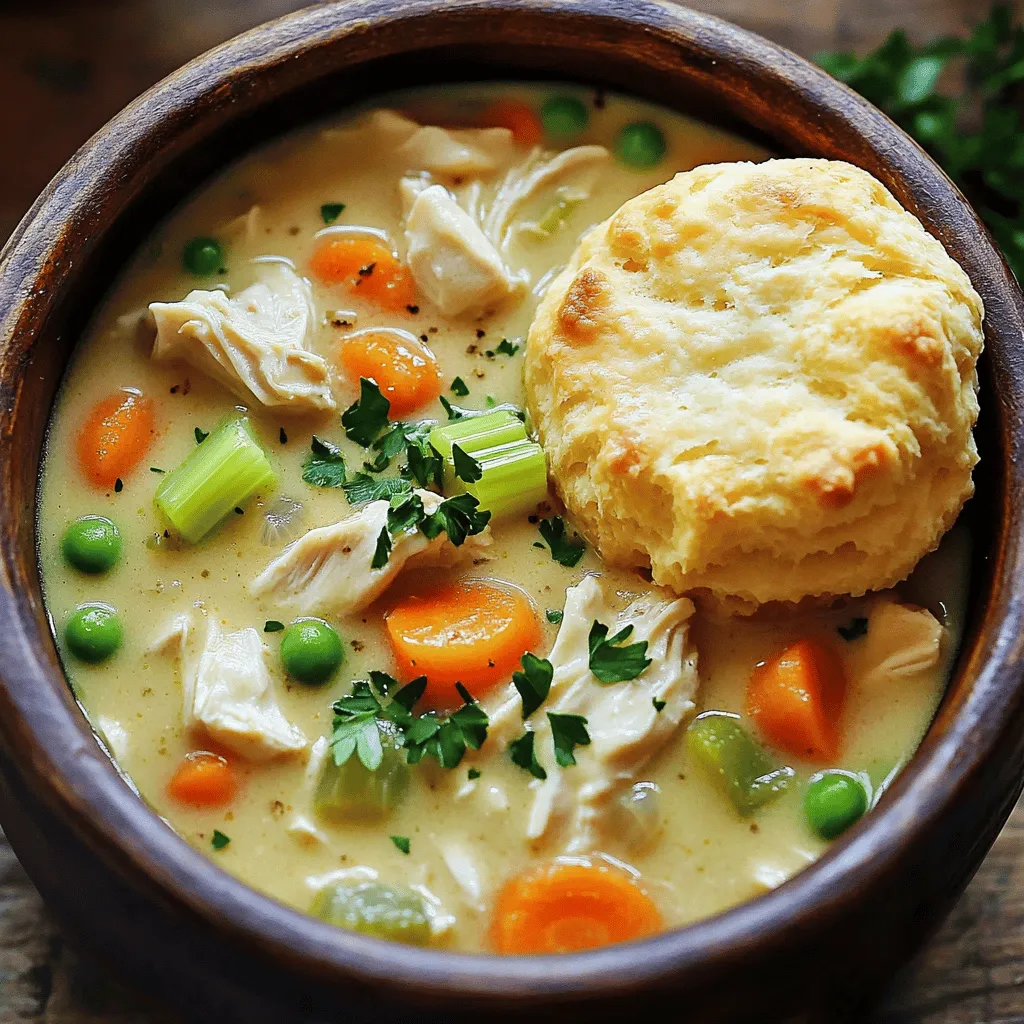 For a rich and tasty creamy chicken pot pie soup, you need just a few key ingredients. Here’s a quick list to guide you: - Main ingredients for the soup: - 1 lb boneless, skinless chicken breasts, diced - 1 medium onion, diced - 3 medium carrots, diced - 2 celery stalks, diced - 2 cloves garlic, minced - 1 cup frozen peas - 4 cups chicken broth - Additional items for creaminess: - 1 cup heavy cream - 1/4 cup all-purpose flour - Optional accompaniments: - Biscuit or pie crusts, for serving - Fresh parsley for garnish Gathering these ingredients will set you up for a cozy cooking experience. You can find most of these items at your local grocery store. Fresh herbs can elevate the flavor, so don’t skip the thyme and parsley! Start by preparing the chicken and vegetables. Use 1 pound of boneless, skinless chicken breasts. Dice the chicken into small pieces. Heat 2 tablespoons of olive oil in a large pot over medium heat. Add the chicken and cook until it turns brown, around 6-8 minutes. Once cooked, take the chicken out and set it aside. Next, chop the vegetables. You will need 1 medium onion, 2 cloves of garlic, 3 medium carrots, and 2 celery stalks. Dice them all into small pieces for even cooking. In the same pot, add the diced onion, garlic, carrots, and celery. Sauté these for about 5-7 minutes until the veggies soften. Now it’s time to thicken the soup. Sprinkle 1/4 cup of all-purpose flour over the sautéed vegetables. Stir well to coat the veggies in the flour. Cook this mix for 2 minutes while stirring constantly. This helps the flour cook slightly and adds flavor. Slowly pour in 4 cups of chicken broth. Stir continuously to avoid lumps. Then, add the cooked chicken back into the pot. Toss in 1 cup of frozen peas, 1 cup of heavy cream, 1 teaspoon of dried thyme, and 1 teaspoon of dried parsley. Season with 1 teaspoon of salt and 1/2 teaspoon of black pepper. Let the soup come to a gentle simmer. Simmer for about 10-15 minutes. Stir occasionally until the soup thickens to your liking. Just before serving, add 1 tablespoon of lemon juice. This adds a bright flavor that lifts the soup. Taste the soup and adjust the seasoning if needed. For a delightful presentation, serve the soup in large bowls. Top each bowl with freshly chopped parsley. If you like, bake biscuits or pie crusts according to package instructions. Serve them warm on the side for dipping. To make your soup creamy, always use heavy cream. Heavy cream has a high fat content. This gives your soup that rich, velvety texture. Add it right after your soup simmers. Stir gently to combine it well. For thickening, use all-purpose flour wisely. When you cook the flour with the veggies, it helps remove the raw taste. Make sure to stir it for two minutes before adding the broth. This toasts the flour and adds depth to your soup. Herbs and spices can elevate your soup. Use dried thyme and parsley, as they complement the chicken perfectly. You can also add a pinch of garlic powder for extra flavor. A dash of paprika can add warmth. If you want a richer taste, consider adding a splash of white wine. You can also use a bit of cream cheese for extra creaminess. These small changes can really make a big difference. Want to save time? Use rotisserie chicken instead of raw chicken. It cuts down on cooking time. You can also prep your veggies ahead of time. Chop them the night before and store in the fridge. As for tools, a large pot is key for this soup. A good wooden spoon helps in stirring without scratching your pot. A whisk is great for mixing the flour into the broth. These tools will make your cooking smooth and easy. {{image_2}} You can swap chicken for rotisserie chicken. This cuts down your cooking time and adds flavor. Just shred the rotisserie chicken and add it to the soup. For a vegetarian option, use diced mushrooms or chickpeas. Both add heartiness to the soup without meat. Feel free to mix in different vegetables. Try corn, green beans, or even potatoes. Each adds a unique taste and texture. To spice things up, add unique spices like smoked paprika or curry powder. These can give your soup an exciting twist. Get creative with how you serve the soup. You can serve it in bread bowls for a fun touch. Another option is to ladle the soup over baked biscuits or pie crusts. It adds a comforting crunch and makes the dish even better. To store leftovers, let the soup cool first. Then, pour it into a food-safe container. Make sure to seal it tightly. You can keep the soup in the fridge for up to four days. If you think you won't eat it all, freezing is a great option. For freezing, let the soup cool down completely. Pour it into freezer-safe containers or bags. Remove as much air as you can from bags to prevent freezer burn. You can freeze the soup for up to three months. To thaw, move it to the fridge overnight. Reheat it on the stove over low heat, stirring often, to keep it from sticking. Choose containers that fit your soup amount. Glass or BPA-free plastic works best. Label each container with the date. This way, you’ll know how long it has been stored. Keeping track helps ensure your soup stays fresh and tasty. To make Creamy Chicken Pot Pie Soup gluten-free, you can use a few simple swaps. First, replace the all-purpose flour with a gluten-free flour blend. Look for blends that work well in soups. For the broth, check that your chicken broth is labeled gluten-free. Many brands offer gluten-free options. This way, you keep the creamy texture without gluten. Yes, you can use frozen chicken! Just ensure the chicken is fully cooked before adding it to your soup. To do this, first, thaw the chicken in the fridge overnight. If you're short on time, you can cook frozen chicken in the pot. Just add it with the vegetables and cook until fully done, which may take a bit longer, about 10-12 minutes more. This soup pairs well with several tasty sides. Consider serving it with warm biscuits or flaky pie crusts for a fun twist. You can also enjoy a simple salad with mixed greens for a fresh touch. Top your soup with fresh parsley for color. These options make the meal feel complete and cozy. In this post, we covered how to make Creamy Chicken Pot Pie Soup. We started with key ingredients like chicken, veggies, and herbs. Then, I shared preparation and cooking steps for a creamy texture. Tips for flavor and shortcuts helped you save time. We explored variations to keep it fresh and exciting. Finally, I provided storage tips to keep your soup tasty. Remember, this soup is simple to customize and perfect for any meal. Enjoy your cooking, and make it your own!