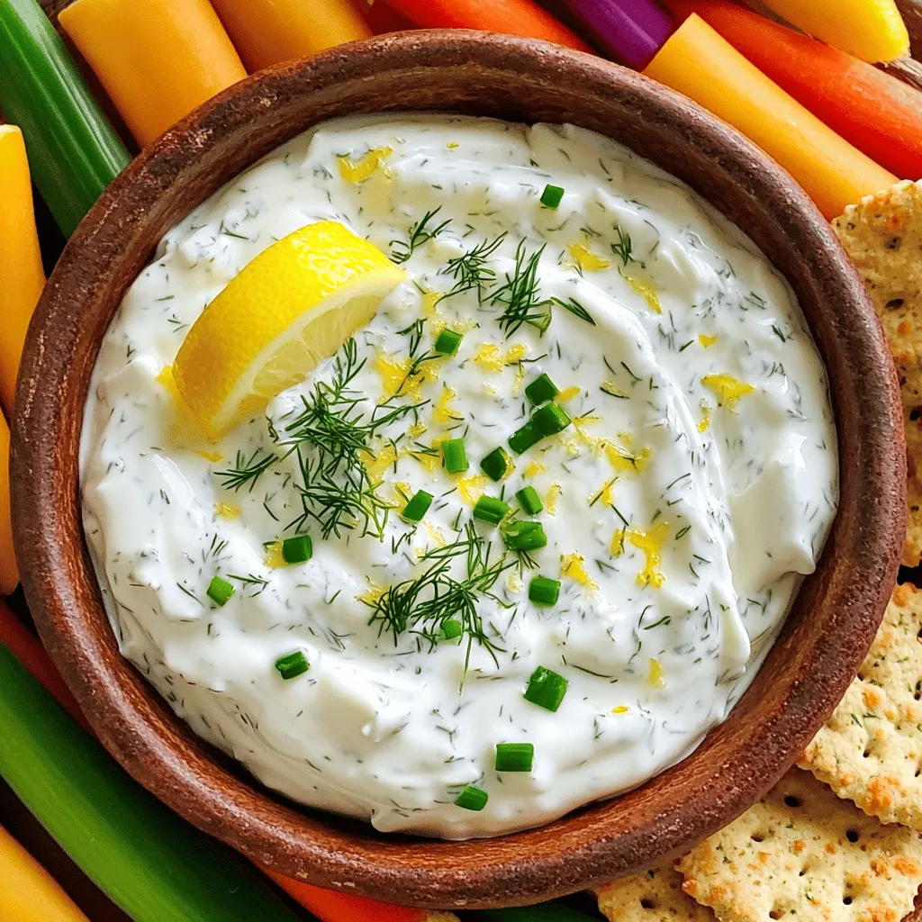 To make Greek Yogurt Ranch Dip, you need these key items: - 1 cup plain Greek yogurt - 1/4 cup mayonnaise - 1 tablespoon lemon juice - 1 teaspoon dried dill - 1 teaspoon garlic powder - 1 teaspoon onion powder - 1/2 teaspoon salt - 1/4 teaspoon black pepper - 1 tablespoon fresh chives, finely chopped - 1 tablespoon fresh parsley, finely chopped Each ingredient adds flavor and texture to the dip. The Greek yogurt serves as the creamy base. Mayonnaise adds richness. Lemon juice gives a nice zing. Dill, garlic, and onion powders bring in classic ranch flavors. Chives and parsley offer fresh notes. Greek yogurt is high in protein and low in fat. It helps build muscle and keeps you full. Mayonnaise adds some good fats, but use it wisely. Lemon juice is rich in vitamin C, boosting your immune system. Dried dill has antioxidants and supports digestion. Garlic powder can help keep your heart healthy. Onion powder has anti-inflammatory properties. Salt and pepper enhance flavor but should be used in moderation. Chives and parsley also add vitamins and minerals. If you want to switch things up, here are some options: - Use low-fat Greek yogurt instead of regular for fewer calories. - Swap mayonnaise with more yogurt for a lighter dip. - Try apple cider vinegar if you don’t have lemon juice. - Fresh dill can replace dried dill for a stronger taste. - Use fresh garlic instead of garlic powder for a bolder flavor. These swaps can keep the dip tasty while fitting your needs. Start by grabbing a medium mixing bowl. Add 1 cup of plain Greek yogurt and 1/4 cup of mayonnaise. Mix them well until they blend smoothly. This base gives a creamy texture without too many calories. Next, add 1 tablespoon of lemon juice. This gives a nice tangy taste. Then, sprinkle in 1 teaspoon of dried dill, 1 teaspoon of garlic powder, and 1 teaspoon of onion powder. These spices really boost the flavor. Don't forget to add 1/2 teaspoon of salt and 1/4 teaspoon of black pepper. Mix everything thoroughly. You want to make sure the spices spread evenly in the dip. Now, fold in 1 tablespoon of finely chopped fresh chives and 1 tablespoon of finely chopped fresh parsley. These herbs add freshness and a pop of color. Taste the dip and adjust the salt or pepper if needed. Cover the bowl with plastic wrap or a lid. Chill it in the fridge for at least 30 minutes. This helps the flavors meld together. When ready to serve, enjoy it with fresh vegetable sticks, crackers, or chips. To make your dip extra creamy, use full-fat Greek yogurt. This adds a rich texture. Mixing in mayonnaise also helps. It brings a nice smoothness to the dip. Try blending the yogurt and mayonnaise well before adding spices. This step ensures a uniform and creamy base. To boost flavor, add fresh herbs like chives and parsley. These herbs give a bright taste. You can also try adding more garlic powder or onion powder for extra punch. Lemon juice adds freshness, so don’t skip it. Taste the dip as you mix to find your perfect flavor balance. Serve your dip with fresh veggie sticks like carrots and cucumbers. They add a nice crunch. You can also use crackers or chips for a fun snack. Arrange everything on a platter for a colorful display. This makes sharing easy and enjoyable. {{image_2}} You can change the flavor of Greek yogurt ranch dip by using various herbs. For example, try adding oregano for a Mediterranean twist. Fresh basil also brings a nice touch. You can use thyme, tarragon, or even cilantro. Each herb adds a unique taste. Mix and match to find your favorite blend. Want some heat? Add hot sauce or diced jalapeños to your dip. Start with a few drops of hot sauce. Stir it in and taste. If you want more heat, add more. Diced jalapeños also work well. They add crunch and spice. This variation is perfect for those who love bold flavors. You can make this dip dairy-free. Use non-dairy yogurt instead of Greek yogurt. Almond, coconut, or soy yogurt all work nicely. The taste may vary, but it will still be tasty. Just follow the same recipe steps. You will have a dip that everyone can enjoy, no matter their diet. To keep your dip fresh, store it in an airtight container. Make sure the lid fits snugly. This helps to keep out air and moisture. If you don't have a container, use plastic wrap tightly over the bowl. This dip needs to be kept in the fridge. It works best when served cold. Greek yogurt ranch dip can last about 3 to 5 days in the fridge. Always check for off smells or changes in color before eating. If you notice any of these signs, it's best to toss it. To keep it fresh, always use clean utensils when serving. This avoids adding germs to the dip. You can freeze this dip, but note it may change texture. To freeze, place it in a freezer-safe container. Leave some space at the top for expansion. When you're ready to eat, thaw it in the fridge overnight. Stir well before serving. You might need to add a bit more yogurt to restore its creaminess. Yes, you can make Greek Yogurt Ranch Dip ahead of time. This dip tastes even better after chilling. Prepare it and store in the fridge for up to three days. The flavors will blend nicely. Just remember to cover it well to keep it fresh. You can serve this dip with many tasty options. Here are some ideas: - Fresh vegetable sticks like carrots, celery, and cucumbers - Crunchy crackers - Crispy tortilla chips - Pita bread or chips These choices make a great snack for parties or movie nights. Yes, Greek Yogurt Ranch Dip is usually healthier. It has less fat than regular ranch dip. Greek yogurt adds protein and creaminess without extra calories. Plus, using fresh herbs boosts flavor without extra salt. This dip is a smart choice for tasty snacking. This blog post covered how to make Greek yogurt ranch dip. You learned about essential ingredients and how they boost health. We discussed easy steps to prepare and serve it. I offered tips to make it creamy and flavorful. You can even find variations for different tastes. In conclusion, Greek yogurt ranch dip is simple and tasty. It pairs well with veggies or chips. Enjoy making your dip fresh, healthy, and fun!