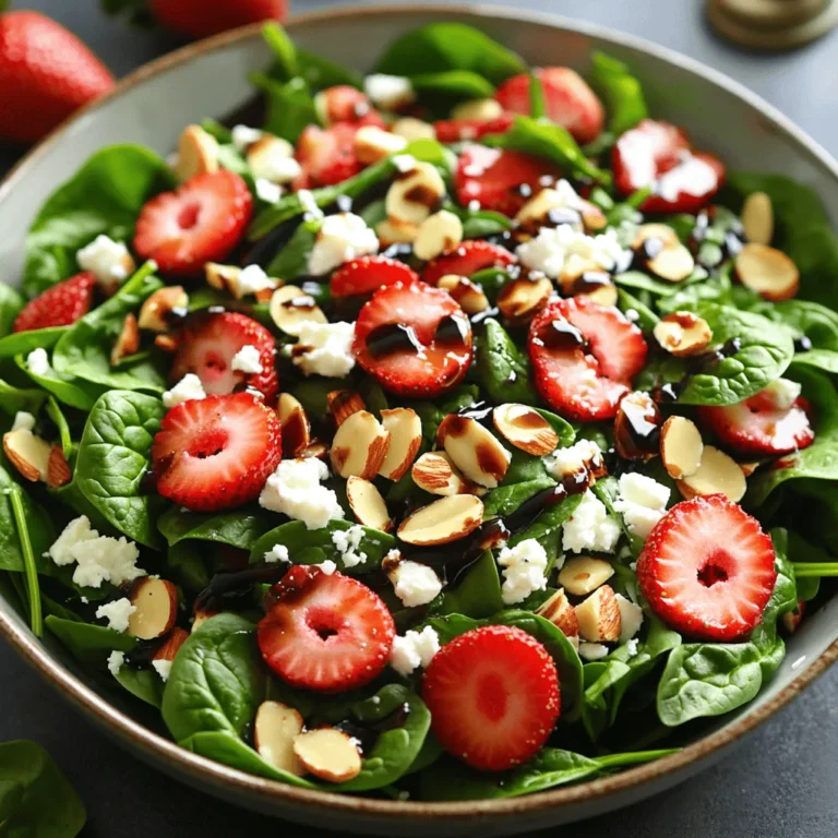 - 4 cups fresh baby spinach, washed and dried - 2 cups strawberries, hulled and sliced I love using fresh baby spinach in this salad. It adds a nice crunch and is packed with nutrients. Make sure to wash and dry it well. The strawberries bring sweetness and color, making the salad pop. Choose ripe strawberries for the best flavor. - 1/2 cup crumbled feta cheese - 1/4 cup sliced almonds, toasted Feta cheese gives this salad a salty kick. Crumble it on top for a creamy texture. Toasted sliced almonds add crunch and nutty flavor. You can toast them in a pan for a few minutes until golden. - 1/4 cup balsamic glaze - 2 tablespoons extra virgin olive oil - 1 tablespoon honey - Salt and pepper to taste The dressing ties everything together. I mix balsamic glaze, olive oil, honey, salt, and pepper. The balsamic glaze adds sweetness and tang. Extra virgin olive oil gives richness. Honey enhances the flavors. Adjust salt and pepper to your taste. This dressing is simple yet delicious! Start by making the dressing. Grab a small bowl and add the balsamic glaze, olive oil, honey, salt, and pepper. Use a whisk to mix these ingredients well. You want a smooth and tasty blend. Once mixed, set the dressing aside. Letting it rest helps the flavors blend. Next, take a large salad bowl. Add the fresh baby spinach and sliced strawberries. These two ingredients make a great pair. The spinach adds crunch, while the strawberries bring sweetness. Once they are in the bowl, drizzle your prepared dressing over the spinach and strawberries. Toss gently to coat the leaves evenly. Be careful not to break the leaves. Now it’s time for the final touches. Sprinkle crumbled feta cheese over the salad. Then add the toasted sliced almonds. These add flavor and texture. Give the salad a final light toss. This helps mix in the feta and almonds without breaking them. Serve immediately for the best taste. If you prefer, chill the salad for 10-15 minutes to enhance the flavors. Enjoy this fresh and tasty dish! To keep your spinach fresh, wash it well. Rinse the baby spinach under cool water. Use a salad spinner to dry it gently. This step helps remove dirt and grit. When picking strawberries, look for bright red ones. They should feel firm, not mushy. A sweet smell is a good sign of ripeness. Avoid any that have green or white spots. Chilling your salad for 10-15 minutes boosts the taste. It allows the flavors to meld together. For extra flavor, think about adding fresh mint or basil. These herbs pair well with strawberries. A pinch of black pepper can also bring out the sweetness. Serve your salad in a large, shallow bowl. This style makes it easy to share. Drizzle some extra balsamic glaze over the top for a nice touch. To add color, place whole strawberries around the salad. Arrange the spinach and strawberries in a way that looks inviting. This makes every bite exciting! {{image_2}} You can switch out baby spinach for other greens. Try mixed greens or arugula for a peppery twist. If you prefer a milder flavor, use romaine lettuce. You can also change the cheese. Instead of feta, use goat cheese for a creamier taste. Crumbled blue cheese adds a bold flavor if you like stronger cheeses. While balsamic glaze shines in this salad, other dressings work well too. A honey mustard vinaigrette adds a sweet and tangy kick. You might also enjoy a citrus-based dressing. Adding fruits like blueberries or raspberries can enhance the flavor. Fresh herbs like basil or mint can bring a new dimension to the dish. If you want a vegan salad, skip the feta cheese. You can replace it with avocado for creaminess. To make the dish gluten-free, ensure the dressing is free from gluten. Most balsamic glazes are gluten-free, but check the label. You can also add quinoa for extra protein and texture, making it filling and nutritious. To store your salad, use an airtight container. This keeps the salad fresh and prevents sogginess. Place the spinach and strawberries in the container but add the dressing later. This way, the salad stays crisp. If you have feta and almonds left, keep them in a separate bag. This helps maintain their texture. You cannot freeze this salad. Freezing changes the texture of spinach and strawberries. They turn mushy after thawing. If you want to save it, try freezing the dressing separately. Thaw it in the fridge overnight. When ready to use, mix it with fresh ingredients. In the fridge, the salad lasts about three days. After that, the spinach wilts, and the strawberries become soft. Look for signs of spoilage, like a foul smell or discoloration. If you see any slimy spinach or mushy strawberries, it’s best to toss it. Always check before eating. The best balsamic glaze is thick and sweet. Look for one labeled as "aged" or "premium." These glazes have a richer flavor. Avoid cheap brands that are too runny and lack taste. A good glaze enhances the salad and adds depth. Yes, you can prepare some parts of the salad in advance. Wash and dry the spinach ahead of time. Slice the strawberries and store them in the fridge. However, add the dressing just before serving. This keeps the salad fresh and crisp. To make the salad more filling, add protein. Grilled chicken or chickpeas work well. You can also include quinoa or farro for a hearty touch. Nuts and seeds add extra crunch and nutrition, too. Yes, this salad is great for meal prep. Store the spinach, strawberries, and toppings separately. Keep the dressing in a jar. When ready to eat, combine everything. This way, you keep the salad fresh all week. Serve this salad with grilled meats or fish for a complete meal. It pairs well with burgers or sandwiches, too. For a light lunch, try it with crusty bread or a cheese platter. This article outlined how to create a delicious Balsamic Strawberry Spinach Salad. We talked about using fresh produce, dairy, and flavorful dressings. You learned step-by-step how to make the dressing and assemble the salad. Tips on keeping ingredients fresh and making your salad pop are included. In closing, this salad is not just tasty but also versatile. Mix and match ingredients to fit your taste. Enjoy it fresh or stored for later. Your salad journey starts here, so get creative and have fun!