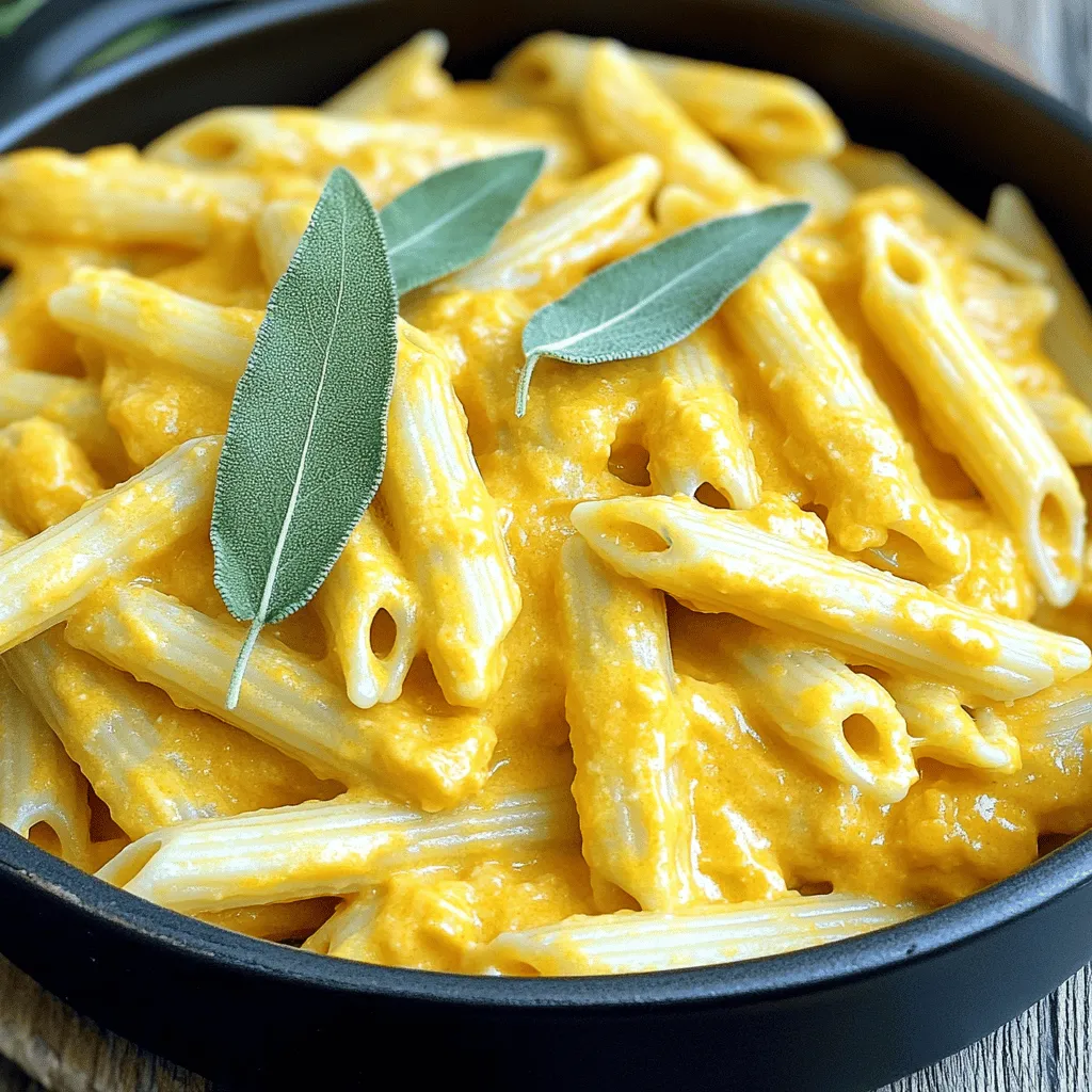 Here are the simple ingredients you will need for One-Pot Creamy Pumpkin Pasta: - 12 oz pasta (your choice, such as penne or fettuccine) - 1 cup canned pumpkin puree - 1 cup vegetable broth - 1 cup heavy cream or coconut cream for a lighter version - 1/2 cup grated Parmesan cheese (or nutritional yeast for a vegan option) - 1 tablespoon olive oil - 3 cloves garlic, minced - 1/2 teaspoon nutmeg - Salt and pepper to taste - Fresh sage leaves, chopped (optional, for garnish) Each ingredient plays a key role. The pasta brings texture, while pumpkin puree adds a rich flavor. Vegetable broth gives depth, and cream creates a silky sauce. Garlic adds aroma, and nutmeg gives warmth. The cheese melts into creaminess, while sage adds freshness. You can use coconut cream or nutritional yeast to fit your needs. Enjoy the process and get ready for a delicious meal! - First, heat 1 tablespoon of olive oil in a large pot over medium heat. - Next, add 3 cloves of minced garlic. Sauté for about 1 minute until fragrant. - Now, add 12 oz of your choice of pasta to the pot. - Pour in 1 cup of vegetable broth and 1 cup of canned pumpkin puree. - Add 1 cup of heavy cream or coconut cream, 1/2 teaspoon of nutmeg, salt, and pepper. - Stir well to mix all ingredients together. - Bring the mixture to a gentle simmer. - Cover the pot and let it cook for 12 to 15 minutes. - Stir occasionally to prevent the pasta from sticking to the bottom. - Once the pasta is tender, remove the pot from the heat. - Stir in 1/2 cup of grated Parmesan cheese until it is melted and creamy. - Taste the pasta and adjust the seasoning with more salt and pepper if needed. - Serve warm, and if you like, garnish with chopped fresh sage leaves for added flavor. Choosing the right pasta I recommend using pasta shapes that hold sauce well. Penne and fettuccine work great. They capture the creamy sauce nicely, giving each bite full flavor. Adjusting creaminess and thickness To control the creaminess, add more or less heavy cream. For a lighter dish, use coconut cream. If you want it thicker, simmer longer to reduce the sauce. Herbs and spices to consider Nutmeg adds warmth, but feel free to try other spices. A pinch of cinnamon or a dash of cayenne can elevate the dish. Fresh herbs like sage or thyme add bright notes. Optional add-ins for texture Consider adding cooked chicken, sautéed mushrooms, or spinach. These will not only add texture but also boost nutrition and flavor. Best side dishes This pasta pairs well with a simple salad or garlic bread. A fresh arugula salad brings a nice peppery contrast to the creaminess. Pairing wines or beverages A chilled white wine, like Sauvignon Blanc, complements the dish well. If you prefer non-alcoholic, a sparkling apple cider is a delightful choice. {{image_2}} You can easily change this recipe to fit your diet. For a vegan version, use coconut cream instead of heavy cream. Nutritional yeast works great instead of Parmesan cheese. This swap gives a cheesy flavor without dairy. If you need gluten-free pasta, look for options made from rice or quinoa. Many brands offer gluten-free penne and fettuccine. They taste good and work well in this dish. Want to boost the flavors? Add proteins like cooked chicken or sausage. Tofu also makes a nice addition for a vegetarian meal. Just cook it separately and stir it in at the end. Seasonal veggies add fun twists. Try adding spinach, kale, or roasted bell peppers. Each adds a different taste, making each meal unique. For a fun twist, turn this into a one-pot bake. After cooking, transfer it to a baking dish. Top with cheese and bake until golden. You can also serve this dish as a warm salad. Toss it with fresh greens for a lighter meal. If you like cold pasta, chill it in the fridge. It tastes great served cold, too! To store the pasta in the fridge, first let it cool. Put it in an airtight container. This helps keep it fresh. You can store it for up to four days. When you're ready to eat, reheating is simple. Just place the pasta in a pot. Add a splash of water or broth. Heat it over low to medium heat. Stir often until it’s hot. You can also use the microwave. Heat it in short bursts, stirring in between. If you want to freeze the pasta, let it cool first. Place it in a freezer-safe container. Leave some space for expansion. You can freeze it for up to three months. To reheat frozen portions, take them out of the freezer. Let them thaw in the fridge overnight. For a quick reheat, use the microwave. Heat in short bursts, stirring often. You can also reheat in a pot. Add a little broth and stir well. Heat until hot, and enjoy! Can I make this in advance? Yes, you can make this dish a day ahead. Just cook it and let it cool. Store it in an airtight container in the fridge. When you are ready to eat, just reheat it on the stove or in the microwave. How long does it last in the fridge? It lasts about 3-4 days in the fridge. Make sure to keep it well-covered. Can I serve this pasta dish cold? You can serve it cold, but it tastes best warm. If you want to eat it cold, consider adding a splash of olive oil. This will help keep it creamy and tasty. What can I use instead of pumpkin puree? You can use butternut squash puree or sweet potato puree. Both add a nice flavor. What can I use instead of heavy cream? Coconut cream is a great option for a lighter dish. You can also use almond milk with a bit of cornstarch to thicken it. Can I replace the cheese for dairy-free options? Yes, you can use nutritional yeast instead of cheese. It adds a cheesy flavor without dairy. This blog post explored how to make a creamy pumpkin pasta dish. You learned about the key ingredients and followed step-by-step cooking instructions. We discussed tips to perfect the dish and offered variations to suit different diets. Storing and reheating options ensure you can enjoy leftovers. Remember, this dish is versatile and can adapt to your taste. Enjoy experimenting with flavors! Your kitchen can be a place for easy, tasty meals. Make this pasta your own, and savor every bite.
