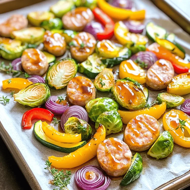 To make Sheet-Pan Maple Garlic Chicken Sausage and Veggies, gather these key ingredients: - 4 chicken sausages, sliced into 1-inch pieces - 2 cups Brussels sprouts, halved - 1 bell pepper (red or yellow), sliced - 1 zucchini, sliced - 1 red onion, cut into wedges - 3 tablespoons olive oil - 3 tablespoons pure maple syrup - 4 cloves garlic, minced - 1 teaspoon dried thyme - 1 teaspoon smoked paprika - Salt and pepper to taste You can add your favorite veggies to this dish. Here are some fun options: - Carrots, sliced - Sweet potatoes, cubed - Cherry tomatoes, halved - Green beans, trimmed Feel free to mix and match to suit your taste! Fresh veggies make a big difference in flavor. Here’s how to pick the best ones: - Choose Brussels sprouts that are firm and bright green. - Look for bell peppers that are shiny and without blemishes. - Pick zucchini that feels heavy for its size and has smooth skin. - For red onions, select ones that are firm and have no soft spots. Always check for freshness, as it enhances the overall dish! Start by gathering all your ingredients. You will need chicken sausages, Brussels sprouts, bell pepper, zucchini, red onion, olive oil, maple syrup, garlic, thyme, smoked paprika, salt, and pepper. Preheat your oven to 425°F (220°C). Line a large baking sheet with parchment paper. This makes cleanup easy later. In a large mixing bowl, mix olive oil, maple syrup, minced garlic, thyme, smoked paprika, salt, and pepper. Stir until everything combines well. This glaze adds great flavor to your meal. Next, slice your chicken sausages into 1-inch pieces. Halve the Brussels sprouts, slice the bell pepper and zucchini, and cut the red onion into wedges. Once you have all the veggies prepped, add them to the bowl with the glaze. Toss everything together until the sausages and veggies are well coated. Spread the coated sausages and veggies evenly on the lined baking sheet. Make sure they are in a single layer. This helps them cook evenly. Place the baking sheet in the preheated oven. Bake for 25-30 minutes. Halfway through cooking, stir everything to ensure even browning. You want the sausages to be cooked through and the veggies to be golden brown and tender. Keep an eye on them as they cook. For juicy sausages, ensure they are sliced evenly. Even pieces cook at the same rate. Using fresh vegetables also makes a big difference. Choose vibrant, firm veggies for the best outcome. Stirring halfway through cooking helps prevent sticking. It also allows for even caramelization. If you want extra crispness, broil for the last few minutes. Just watch them closely to avoid burning. Serve the dish right on the pan for a fun family-style meal. Enjoy your delightful sheet-pan meal! When making sheet-pan maple garlic chicken sausage and veggies, avoid overcrowding the pan. If you pack too much food, it can steam instead of roast. This makes the veggies soggy. Also, don’t skip the olive oil. It helps the sausages and veggies crisp up nicely. Lastly, remember to check the cooking time. Ovens can vary, so keep an eye on your dish. To make this dish, you need a large baking sheet. A rimmed sheet helps keep everything in place. Parchment paper is a must for easy cleanup. Use a large mixing bowl for tossing the sausages and veggies with the glaze. A spatula helps to mix everything evenly. Finally, an oven mitt is essential for safety when handling the hot pan. For extra taste, consider adding a splash of balsamic vinegar. It gives a nice tang. Fresh herbs like rosemary or basil can enhance the flavors. If you like heat, sprinkle some red pepper flakes. You can also serve this dish with a side of quinoa or rice for a filling meal. {{image_2}} You can swap out chicken sausage for turkey or pork sausage. Both add great flavor. If you like a bit of spice, try spicy Italian sausage. This will add a nice kick to the dish. Just ensure you slice them into pieces like the chicken sausage. For a vegetarian or vegan twist, use plant-based sausages. Brands like Beyond Meat or Field Roast work well. You can also skip the sausage and add more veggies. Try adding chickpeas or lentils for protein. They will make the meal filling and hearty. Feel free to change the veggies based on the season. In the fall, add butternut squash or sweet potatoes. In the summer, try adding corn or cherry tomatoes. This recipe is flexible. Use what you have on hand, and let the flavors shine. After you enjoy your Sheet-Pan Maple Garlic Chicken Sausage and Veggies, store any leftovers in the fridge. Use an airtight container to keep them fresh. They will last for up to three days. Before storing, let the dish cool completely. This helps prevent moisture buildup and soggy veggies. If you want to save your meal for later, freezing is a great option. Place cooled leftovers in a freezer-safe bag or container. Be sure to remove as much air as possible to avoid freezer burn. This dish can stay good in the freezer for up to three months. Label the bag with the date to keep track. When you're ready to enjoy your leftovers, reheating is simple. You can use the oven or a microwave. If using the oven, preheat it to 350°F (175°C). Spread the dish on a baking sheet and warm it for about 15-20 minutes. Stir halfway to ensure even heating. If using the microwave, heat in short intervals, stirring in between, until warm. Enjoy your delicious meal again! Yes, you can use different vegetables. This recipe is flexible. You can swap Brussels sprouts for broccoli or carrots. Bell peppers can be any color. Try adding asparagus or sweet potatoes too. Just keep the cook time in mind. Dense veggies need longer cooking times. The chicken sausage is cooked when it reaches 165°F (74°C). You can use a meat thermometer for this. The sausage should be firm and not pink inside. The veggies should be tender and golden. This shows they are ready to eat. Yes, this dish is great for meal prep. You can store it in the fridge for up to four days. Just separate it into meal containers. This makes it easy to grab and go. You can enjoy it cold or reheat it. You can make this recipe in advance. Cook it, let it cool, and then store it. Put it in the fridge for up to four days. If you want to keep it longer, freeze it. Just thaw and reheat when you're ready to eat. This blog covered the key ingredients needed for a tasty dish. I shared tips for fresh vegetables and how to cook sausage perfectly. We explored common mistakes, helpful tools, and flavor pairings. I also highlighted variations, storage tips, and answered your most common questions. Cooking can be easy and fun with the right info. Use these steps to create a meal you love! Enjoy your time in the kitchen.