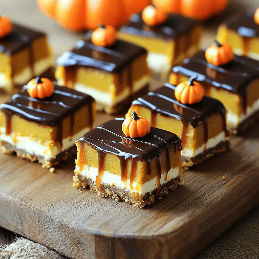 To make these delicious squares, gather these key items: - 1 cup graham cracker crumbs - 1/2 cup unsweetened cocoa powder - 1/4 cup melted coconut oil - 1/4 cup maple syrup - 1 cup pumpkin puree - 1/2 cup cream cheese, softened - 1/2 cup powdered sugar - 1/2 teaspoon vanilla extract - 1/2 teaspoon cinnamon - 1/4 teaspoon nutmeg - 1/4 cup caramel sauce (store-bought or homemade) - 1/4 cup dark chocolate chips These ingredients create a rich and creamy treat. The graham cracker crumbs make a crunchy base, while the cocoa powder adds a deep chocolate flavor. Pumpkin puree brings a smooth texture and warmth. You can add a few fun twists to make these squares your own: - Chopped nuts (like pecans or walnuts) for crunch - A sprinkle of sea salt on top for contrast - Whipped cream for serving Feel free to play with these options. They can elevate the taste and make your dessert unique. If you need to swap some items, here are great options: - Use almond flour instead of graham cracker crumbs for a gluten-free crust. - Replace coconut oil with butter if you prefer a traditional flavor. - Try honey or agave syrup instead of maple syrup for sweetness. These substitutions allow for flexibility while keeping the spirit of the recipe intact. Enjoy creating your perfect Chocolate Caramel Pumpkin Squares! First, grab a medium bowl. Mix together 1 cup of graham cracker crumbs and 1/2 cup of unsweetened cocoa powder. Add in 1/4 cup of melted coconut oil and 1/4 cup of maple syrup. Use a fork to blend these well. The mixture should feel slightly wet. Now, take an 8x8-inch square pan and press this mixture firmly into the bottom. This will form your crust. Make sure it is even and compact. Next, you will make the pumpkin filling. In a clean bowl, combine 1 cup of pumpkin puree, 1/2 cup of softened cream cheese, and 1/2 cup of powdered sugar. Add 1/2 teaspoon of vanilla extract, 1/2 teaspoon of cinnamon, and 1/4 teaspoon of nutmeg. Use a hand mixer or whisk to blend until it is smooth and creamy. You want a nice, fluffy texture without any lumps. Now, it’s time to assemble your delicious squares. Spread the pumpkin filling over the graham cracker crust. Use a spatula to smooth the top. Next, take 1/4 cup of caramel sauce and drizzle it over the pumpkin layer. If you like, you can swirl it gently with a knife for a marbled look. For the final touch, melt 1/4 cup of dark chocolate chips in the microwave. Do this in 20-second bursts, stirring in between. Once melted, drizzle the chocolate over the caramel layer. Cover the pan and refrigerate it for at least four hours or overnight. When set, cut into squares and enjoy! To make a perfect pumpkin mixture, use room temperature cream cheese. Cold cream cheese can create lumps. Mix your pumpkin puree well before adding other ingredients. This helps blend the flavors. Use a hand mixer for a creamy texture. Combine the pumpkin, cream cheese, powdered sugar, vanilla, cinnamon, and nutmeg until smooth. Scrape down the sides of the bowl often to catch any lumps. For melting dark chocolate, use a microwave-safe bowl. Heat the chocolate in short bursts of 20 seconds. Stir between each burst to avoid burning. If the chocolate feels too thick, add a small amount of coconut oil. This helps it flow better. Always check that no water touches the chocolate, as this can cause it to seize. Keep your squares in an airtight container in the fridge. They stay fresh for up to a week. For serving, cut the squares into bite-sized pieces, making them easy to share. You can also drizzle extra caramel or chocolate on top for a fun touch. Before serving, let them sit at room temperature for about 10 minutes. This makes them easier to cut and enhances the flavors. {{image_2}} To make a vegan version, swap the cream cheese for a plant-based cream cheese. Use maple syrup as a sweetener. Instead of dark chocolate chips, choose dairy-free chocolate. This gives you the same creamy texture without any animal products. You will enjoy the full flavor without missing anything! For a gluten-free treat, use gluten-free graham crackers. This simple swap keeps the crust tasty and safe for those with gluten issues. Make sure all your other ingredients are also gluten-free. Check the labels on the chocolate and caramel sauce to avoid gluten. You can add more flavor to the pumpkin layer. Try a pinch of ginger or a splash of almond extract. Both add a unique twist. For extra texture, mix in some chopped nuts, like pecans or walnuts. If you want a richer taste, use dark cocoa powder instead of regular cocoa. Each option lets you play with flavors and create something special! To keep your chocolate caramel pumpkin squares fresh, place them in an airtight container. They should stay good in the fridge for up to five days. If you have leftovers, cut them into squares before storing. This way, you can grab one easily when you want a treat. If you want to save these yummy squares for later, freezing is a great option. First, cut the squares into pieces. Wrap each piece in plastic wrap. Then, place all the wrapped squares in a freezer-safe bag. They can last for up to three months in the freezer. When you're ready to enjoy them, just let them thaw in the fridge overnight. To keep your squares tasting their best, avoid exposing them to air. Always use a sealed container. If you notice any changes in smell or texture, it’s best to toss them. For the freshest taste, try to eat them within the first few days. Yes, you can make these squares ahead of time. I often prepare them the night before. This allows the flavors to blend and set nicely. Just cover the pan well and keep it in the fridge. They will taste even better the next day. You can use butternut squash puree if you do not have pumpkin puree. It has a similar texture and taste. Sweet potato puree is another great option. Both choices will keep your squares delicious and creamy. To get a great chocolate drizzle, melt the dark chocolate chips in the microwave. Heat in short bursts of 20 seconds, stirring each time until smooth. This helps avoid burning the chocolate. Use a spoon or a piping bag to drizzle it over the caramel layer. This way, you can control the design and make it look nice. This blog post covered everything you need for delicious chocolate caramel pumpkin squares. We explored essential and optional ingredients, plus easy steps to prepare them. I shared tips for a smooth mixture, melting chocolate, and proper storage. We even discussed vegan and gluten-free variations. In conclusion, enjoy customizing these treats to your taste. They are perfect for any occasion. Happy baking!