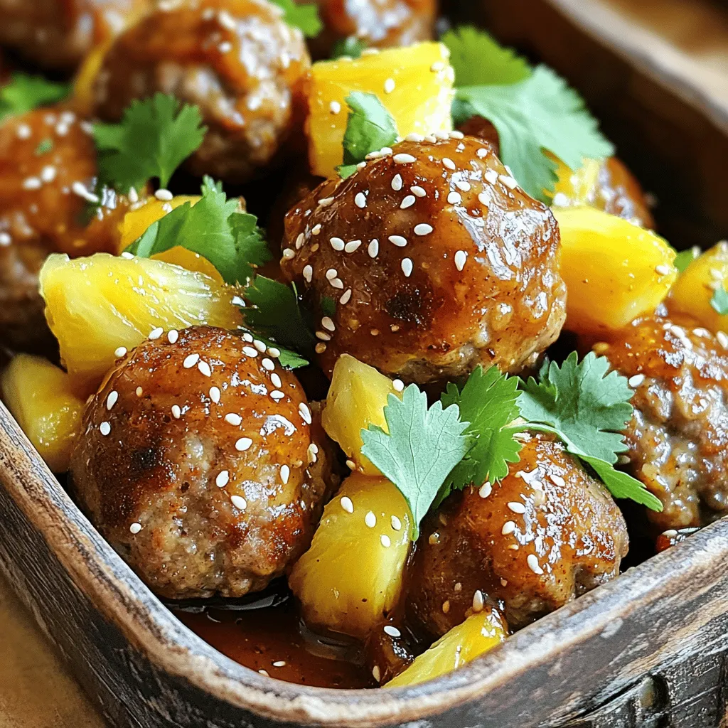 - 1 lb ground chicken or turkey - 1/2 cup bread crumbs - 1/4 cup grated Parmesan cheese - 1/4 cup finely chopped green onions - 1 large egg - 1 teaspoon garlic powder - 1 teaspoon ginger powder - Salt and pepper to taste - 1 cup pineapple chunks (fresh or canned, drained if canned) - 1/2 cup sweet chili sauce - 2 tablespoons soy sauce In this recipe, we start with the meatball base. Ground chicken or turkey gives a light flavor. Bread crumbs help bind the meatballs. Grated Parmesan cheese adds a savory touch. Next, we mix in green onions for freshness. The egg helps hold everything together. Garlic and ginger powder bring a nice warmth. Remember to season well with salt and pepper. For the sauce, pineapple chunks bring sweetness. Sweet chili sauce adds a sticky, spicy kick. Soy sauce gives depth and saltiness. Together, these ingredients make a tasty blend that coats the meatballs perfectly. - Preheat the oven: Set your oven to 400°F (200°C). This heat cooks the meatballs evenly. - Prepare the meatball mixture: In a big bowl, mix ground chicken or turkey with bread crumbs, grated Parmesan, chopped green onions, the egg, garlic powder, ginger powder, salt, and pepper. Use your hands to blend everything well. - Form meatballs and bake: Shape the mixture into small balls, about 1 inch wide. Place them on a baking sheet lined with parchment paper. Bake for 15 to 20 minutes until they are golden and cooked through. - Prepare the sweet chili sauce: In a medium saucepan over medium heat, mix sweet chili sauce and soy sauce. Stir until warm. Add pineapple chunks and let it simmer for 3 to 5 minutes. This thickens the sauce and blends the flavors. - Coat meatballs with sauce: When the meatballs finish baking, add them to the saucepan. Gently stir to coat each meatball in the sweet chili sauce and pineapple. - Serve with garnishes: Move the meatballs to a serving dish. Top with sesame seeds and fresh cilantro for a tasty finish. To ensure your meatballs are cooked through, aim for an internal temperature of 165°F. Use a meat thermometer to check this easily. If you don’t have one, cut a meatball in half. The meat should look white with no pink. For the perfect sauce consistency, simmer the sweet chili sauce and soy sauce together. Add pineapple chunks and let it thicken for 3-5 minutes. Stir gently to avoid breaking the pineapple pieces. You want a thick sauce that coats the meatballs well. Pair these meatballs with rice or noodles. They also go well with a fresh salad. You can serve them as an appetizer or a main dish for dinner. For presentation, arrange the meatballs on a platter. Drizzle extra sauce over them. Add a sprinkle of sesame seeds and fresh cilantro on top. This makes the dish look colorful and inviting. If you want alternatives for ground meat, try using ground beef or pork. For a vegetarian option, use lentils or chickpeas mashed as a base. For gluten-free options for bread crumbs, use crushed gluten-free crackers or oats. They work well and keep the meatballs moist. You can also use almond flour for a different texture. {{image_2}} You can change the meat in this recipe. Ground pork or beef works well. For a vegetarian option, use lentils or chickpeas. You might also add bell peppers or grated carrots to your meatball mix. These add flavor and texture. Want more heat? Use chili garlic sauce instead of sweet chili sauce. This adds a spicy kick. If you prefer it sweeter, mix in a little brown sugar. This will make the sauce rich and tasty. You can cook these meatballs on the stove or bake them. Baking gives them a nice golden color. If you are busy, try a slow cooker. Just mix everything in and let it cook slowly. This option is great for busy days. To keep your Sweet Chili Pineapple Meatballs fresh, store them in an airtight container. Make sure they cool down before sealing. This helps prevent moisture buildup, which can make them soggy. You can keep them in the fridge for up to three days. For longer storage, freezing is a great option. To freeze the meatballs, let them cool completely first. Place them in a single layer on a baking sheet. Freeze for about an hour until they are firm. Then, transfer them to a freezer-safe bag or container. This method stops them from sticking together. You can freeze them for up to three months. When you are ready to eat, thaw them in the fridge overnight before reheating. For the best texture, reheat your meatballs in the oven. Preheat the oven to 350°F (175°C). Place the meatballs on a baking sheet and cover them with foil. Heat for about 15 minutes. This keeps them moist and hot. You can also reheat them in the microwave, but be careful not to overcook. Microwave them in short intervals, stopping to check often. Sweet Chili Pineapple Meatballs are quick to make. The total cooking time is about 35 minutes. You can prep the meatballs in 15 minutes. Then, bake them for 15 to 20 minutes. This gives you a tasty meal in no time. Yes, you can use fresh pineapple. Fresh pineapple gives a brighter taste. It also has a firmer texture. Canned pineapple is easy and convenient. If you use canned, drain it well. Both options work well in this recipe. You can serve these meatballs with many sides. Here are some great options: - Steamed rice or jasmine rice - Quinoa or couscous - Stir-fried veggies like bell peppers and broccoli - A fresh salad with a light dressing - Noodles, like rice noodles or soba These sides balance the sweet and spicy flavors of the meatballs. Enjoy your meal! In this article, we explored the delightful recipe for Sweet Chili Pineapple Meatballs. We covered key ingredients like ground chicken, breadcrumbs, and pineapple. Then, we went through preparation and cooking steps, along with handy tips for perfect results. I also shared variations to keep your meals exciting and storage advice for leftovers. Now you can enjoy delicious meatballs any night of the week! Experiment with flavors and methods to make this dish your own. Happy cooking!