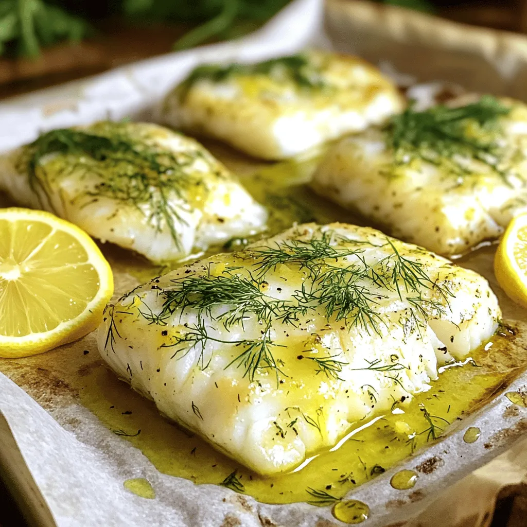 - 4 cod fillets (about 6 ounces each) - 2 tablespoons olive oil - 3 tablespoons fresh lemon juice - Zest of 1 lemon - 2 tablespoons fresh dill, chopped (or 1 tablespoon dried dill) - 2 garlic cloves, minced The main stars of this dish are the cod fillets. They are mild and flaky, making them perfect for this recipe. I recommend using fresh cod for the best taste. The olive oil adds richness, while the fresh lemon juice and zest bring brightness. Fresh dill gives a lovely herbaceous flavor. Minced garlic adds a nice kick and depth to the dish. - Salt and black pepper to taste - Lemon slices for garnish - Optional: Fresh dill sprigs for garnish Salt and black pepper enhance the flavors of the cod. Lemon slices add a fresh look when you serve the dish. You can also use fresh dill sprigs as a pretty garnish. These small touches make your dish look and taste even better. Start by rinsing the cod fillets under cold water. This helps clean them. After rinsing, pat them dry with paper towels. Drying the fillets helps the seasoning stick better. Next, we will make a flavorful marinade. In a small bowl, whisk together the olive oil, fresh lemon juice, lemon zest, chopped dill, minced garlic, salt, and black pepper. Mix until well combined. Now, place the cod fillets on a baking sheet lined with parchment paper. Brush the lemon dill mixture generously over each fillet. Make sure every piece is coated. Let the cod marinate for about 10 minutes. This allows the flavors to soak in. Now, preheat your oven to 400°F (200°C). This step is essential for even cooking. Once the oven is hot, it’s time to bake the cod. Place the marinated fillets in the oven. Bake them for 12 to 15 minutes. Check for doneness by seeing if the fish flakes easily with a fork. If it does, it’s ready! Cooking time might change a bit based on the thickness of the fillets. After baking, remove the cod from the oven. Let it rest for a couple of minutes. This helps to keep the fish moist. Serve it hot, garnished with lemon slices and fresh dill sprigs if you want. Enjoy your delicious Lemon Dill Baked Cod! Marinating the cod is key for great taste. Let the fish sit in the lemon dill mix for at least 10 minutes. This short time allows the cod to soak up all the flavors. If you skip this step, the fish may taste bland. To know if the cod is done, look for it to flake easily with a fork. The fish should be opaque and white when cooked. If it still looks pink or translucent, give it a few more minutes in the oven. There are other ways to cook cod if you want to mix things up. You can pan-sear it for a crispy outside. Just heat olive oil in a skillet and cook each side for 4-5 minutes. Using a broiler is another great choice. Broiling gives the cod a nice, crispy finish. Place it on a broiler pan and cook for 5-7 minutes. Keep an eye on it to avoid burning. {{image_2}} You can switch out cod for other fish types. Try using halibut, tilapia, or salmon. Each fish brings a unique taste. These options can also work well with the lemon and dill flavors. When it comes to dill, fresh is best. Fresh dill packs a punch with taste. If you can't find it, dried dill is fine. Use half the amount of dried dill as fresh. It still adds nice flavor but lacks some freshness. Want to mix things up? Add other herbs and spices. For a kick, try adding red pepper flakes. Thyme or parsley can also enhance the dish. Each new herb brings a twist that makes this recipe special. Consider serving Lemon Dill Baked Cod with sides or sauces. Roasted vegetables pair well and add texture. A simple green salad gives a fresh touch. You can even serve it with a light garlic sauce or a yogurt dip. These options elevate your meal and impress your guests! To store leftover Lemon Dill Baked Cod, first let it cool. Place the cod in an airtight container. This keeps the fish fresh and safe. You can keep it in the fridge for up to three days. If you have many leftovers, consider portioning them out. This makes it easy to grab a meal later. To reheat the cod, use an oven or a skillet. Preheat the oven to 350°F (175°C). Place the cod on a baking sheet. Cover it with foil to keep it moist. Heat for about 10 minutes, or until warm. If using a skillet, add a splash of water. Cover the skillet with a lid and heat on low. This method also helps to keep the fish from drying out. Enjoy your leftovers just as much as the first time! Baking cod at 400°F takes about 12 to 15 minutes. The cod will be done when it flakes easily with a fork. Keep an eye on it as cooking time might change based on the thickness of the fillets. Thicker pieces may need a bit more time. Yes, you can use frozen cod fillets. If you use frozen, do not thaw them first. Just add a few extra minutes to the baking time. The fish will still taste great. Just make sure to check that it cooks through. Lemon Dill Baked Cod pairs well with many sides. Here are some ideas: - Steamed broccoli - Roasted asparagus - Rice or quinoa - A fresh salad with mixed greens - Mashed potatoes These options balance the light flavor of the cod and make a full meal. For the complete recipe, including ingredients and steps, please refer back to the main recipe section. It includes all the details you need to make this dish shine. In this post, we covered making Lemon Dill Baked Cod. We explored essential ingredients like cod fillets, olive oil, fresh lemon juice, dill, and garlic. I shared the steps for preparing and baking the cod, along with tips for the best flavor. We also discussed variations and how to store leftovers. I hope you're inspired to try this easy and tasty recipe. Enjoy your meal!