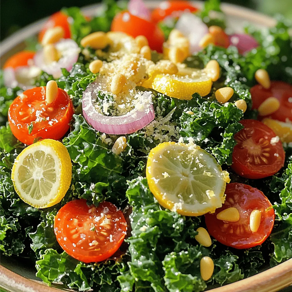 - Kale - Cherry tomatoes - Red onion Kale is the star of this salad. I prefer to use fresh, crisp kale. I remove the thick stems and tear the leaves into bite-sized pieces. This helps the leaves soak up the dressing. Cherry tomatoes add a sweet and tangy flavor. Halving them brings out their juiciness. Red onion gives the salad a mild sharpness. Slicing it thin makes it blend well. - Grated Parmesan cheese - Pine nuts - Olive oil Grated Parmesan cheese adds a rich, salty taste. I use fresh cheese for the best flavor. Toasted pine nuts bring a crunchy texture and nutty flavor. They add depth to the salad. Extra virgin olive oil acts as the base for the dressing. It adds a fruity note and ties everything together. - Lemon (juice and zest) - Dijon mustard - Salt and pepper Lemon juice and zest give the salad a bright, fresh taste. I love using both to enhance the flavor. Dijon mustard adds a tangy kick to the dressing. It helps emulsify the olive oil and lemon. I always season with salt and pepper to taste. This balance makes the salad sing! First, take your kale and remove the tough stems. Tear the leaves into bite-sized pieces. Place the torn kale into a large bowl. Squeeze the juice of one lemon over the kale. Add the lemon zest and a pinch of salt. Now, it's time to massage the kale. Use your hands to gently knead the leaves for about 2-3 minutes. This process helps to soften the kale and bring out its flavor. To achieve the right consistency, look for the kale to wilt slightly. It should feel tender and easy to chew. If the kale is too tough, keep massaging it. The salt and lemon juice help break down the fibers. In a separate small bowl, combine your dressing ingredients. Start with 3 tablespoons of extra virgin olive oil. Add 1 teaspoon of Dijon mustard and a splash of lemon juice. Whisk these ingredients together until they blend smoothly. Taste the dressing before adding it to the salad. If it needs more flavor, adjust with salt and pepper. You can also add more lemon juice for extra zest. Whisk again to mix any new ingredients. Now, it’s time to bring everything together. Add the halved cherry tomatoes, sliced red onion, and toasted pine nuts to your kale bowl. These fresh ingredients add color and crunch to your salad. Drizzle the dressing over the salad. Toss everything together gently. Make sure all the ingredients are coated well. Finally, sprinkle the grated Parmesan cheese on top. Give it another gentle toss to mix in the cheese. Your Lemon Parmesan Kale Salad is ready to enjoy! How to choose the freshest kale When picking kale, look for bright green leaves. Avoid any that are yellow or wilted. Fresh kale should feel firm and crisp. If you can, buy organic kale. It often tastes better and is healthier. Ensuring the salad lasts longer To keep your kale salad fresh, store it in an airtight container. You can also keep the dressing separate until you're ready to serve. This keeps the kale crunchy and prevents it from getting soggy. Suggestions for additional toppings You can add many toppings to your kale salad. Try sliced avocado for creaminess. Roasted chickpeas add protein and crunch. Fresh herbs like parsley or basil bring a bright taste. Using different cheeses While Parmesan is great, you can experiment with other cheeses. Feta cheese gives a salty bite. Goat cheese adds creaminess. Try a sharp cheddar for a different flavor twist. Plating the salad for visual appeal To make your salad look appealing, layer the ingredients. Start with kale on the bottom. Add tomatoes and onions on top. Finish with a sprinkle of cheese for a beautiful finish. Garnishing suggestions Garnish your salad with lemon wedges or extra pine nuts. These little touches add color and make it more inviting. A drizzle of olive oil just before serving can also enhance the look. {{image_2}} You can easily add protein to this salad. Grilled chicken works great here. Just slice it and toss it in. If you want a plant-based option, use chickpeas. They add a nice texture and flavor. Adding protein makes this salad a full meal. You can enjoy it for lunch or dinner. You can switch up the nuts if you want. Instead of pine nuts, use walnuts or sunflower seeds. Each nut adds a unique taste and crunch. Plus, nuts and seeds give you healthy fats and protein. They can help keep you full and satisfied. Want to change the flavor? Try using different citrus fruits. Oranges and limes can give a fresh twist. You can also add herbs like basil or cilantro. This adds layers of taste and makes the salad even more exciting. Experimenting keeps this dish fun and fresh! To keep your Lemon Parmesan Kale Salad fresh, I recommend using an airtight container. This helps prevent moisture loss and keeps flavors intact. Store the salad in the fridge as soon as possible. Avoid mixing in the dressing until you are ready to eat. This way, the kale stays crisp and vibrant. If you have leftovers, place them in a smaller container to reduce air exposure. The salad is best when eaten within three days. After that, the kale may wilt and lose its crunch. Check for any off smells or slimy textures. If you notice any, it’s best to toss the salad. Fresh ingredients like tomatoes can spoil faster, so keep an eye on those, too. Reheating kale salad isn’t common, but you can warm it slightly if you like. If you choose to do this, use a pan on low heat. Stir gently to avoid overcooking. Alternatively, enjoy the salad cold as a refreshing side. Add leftover grilled chicken or chickpeas to make it a meal. Toss with more dressing if needed to enhance flavors. Yes, you can use bagged kale. Bagged kale is often pre-washed and ready to eat. This saves time. However, fresh kale usually tastes better. Fresh kale also has a crunchier texture. If you choose bagged kale, check the date for freshness. If you want a vegan option, try nutritional yeast. Nutritional yeast gives a cheesy flavor. You can also use vegan cheeses made from nuts. Look for options that melt well. Another choice is to use a blend of cashews and garlic for a creamy taste. To keep your salad gluten-free, check all labels. Make sure the Dijon mustard is gluten-free. Most olive oils are safe too. The ingredients in this salad are naturally gluten-free. Just be careful with any added toppings. Always verify their gluten content. In this blog post, we explored how to create a delicious kale salad. We covered fresh ingredients, pantry staples, and dressing components. I shared step-by-step instructions for preparing, dressing, and assembling the salad. We also discussed tips for making it last longer and enhancing flavor. Lastly, I provided variations to suit your taste and storage best practices. Kale salad is easy to make and can be customized. Enjoy your fresh, healthy meal!